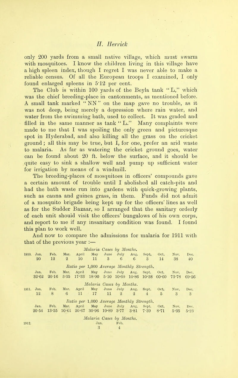 only 200 yards from a small native village, which must swarm with mosquitoes. I know the children living in this village have a high spleen index, though I regret I was never able to make a reliable census. Of all the European troops I examined, I only found enlarged spleens in 512 per cent. The Club is within 100 yards of the Beyla tank  L, which was the chief breeding-place in cantonments, as mentioned before. A small tank marked  NN on the map gave no trouble, as it was not deep, being merely a depression where rain water, and water from the swimming bath, used to collect. It was graded and filled in the same manner as tank  L. Many complaints were made to me that I was spoiling the only green and picturesque spot in Hyderabad, and also killing all the grass on the cricket ground ; all this may be true, but I, for one, prefer an arid waste to malaria. As far as watering the cricket ground goes, water can be found about 20 ft. below the surface, and it should be .quite easy to sink a shallow well and pump up sufficient water for irrigation by means of a windmill. The breeding-places of mosquitoes in officers' compounds gave a certain amount of trouble until I abolished all catch-pits and had the bath waste run into gardens with quick-growing plants, such as canna and guinea grass, in them. Funds did not admit of a mosquito brigade being kept up for the officers' lines as well as for the Sudder Bazaar, so I arranged that the sanitary orderly of each unit should visit the officers' bungalows of his own corps, and report to me if any insanitary condition was found. I found this plan to work well. And now to compare the admissions for malaria for 1911 with that of the previous year :— Malaria Cases by Months, 1910. Jan. Feb. Mar. April May June July Aug. Sept. Oct. Nov. Dec. 20 12 2 10 11 3 6 6 3 14 38 40 Ratio per 1,000 Average Monthly Strength. Jan. Feb. Mar. April May June July Aug. Sept. Oct. Nov. Dec. 82-62 20-16 3-35 17-33 18-90 5 10 10-60 10-86 10-38 60-60 73-78 69-56 Malaria Cases by Months. 1911. Jan. Feb. Mar. April May June July Aug. Sept. Oct. Nov. Dec. 12 8 6 11 17 11 2 2 4 5 3 3 Ratio per 1,000 Average Monthly Strength. Jan. Feb. Mar. April May June July Aug. Sept. Oct. Nov. Deo. 20-54 13-55 10-61 20-67 30-96 19-89 3-77 3-81 7-39 8-71 5-35 5-23 Malaria Cases by Months. 1912. Jan. Feb.