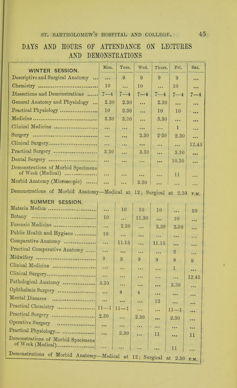 DAYS AND HOURS OF ATTENDANCE ON LECTURES AND DEMONSTRATIONS WINTER SESSION. Descriptive and Surgical Anatomy .. Chemistry , Dissections and Demonstrations General Anatomy and Physiology ... Practical Physiology Medicine Clinical Medicine Surgery Clinical Surgery Practical Surgery Dental Surgery Demonstrations of Morbid Specimens of Week (Medical) Morbid Anatomy (Microscopic) Demonstrations of Morbid Anatomy—Medical at 12; Surgical at 2.30 p.m. SUMMER SESSION. 10 10 10 10 10 11.30 10 Forensic Medicine 2.30 3.30 2.30 Public Health and Hygiene 10 Comparative Anatomy 11.15 11.15 Practical Comparative Anatomy 2 9 9 9 9 9 9 Clinical Medicine 1 Clinical Surgery 12.45 Pathological Anatomy 3.30 3.30 Ophthalmic Surgery 4 4 Mental Diseases 12 Practical Chemistry 11—1 11—1 11—1 Practical Surgery ... 2.30 2.30 ••. 2.30 Operative Surgery Practical Physiology... 2.30 11 11 Demonstrations of Morbid Specimens • • • of Week (Medical) ... ... 11 Demonstrations of Morbid Anatomv —Medical at 12; Surgical at 2.30 P.M. Hon. 10 7—4 2.30 10 3.30 3.30 Tues. r—4 2.30 2.30 3.30 Wed. 9 10 7-4 2.30 3.30 3.30 Thurs. 9 7—4 2.30 10 3.30 2-30 Frl. 9 10 7—4 10 1 2.30 3.30 10.30 11 Sat. 7—4 12.45