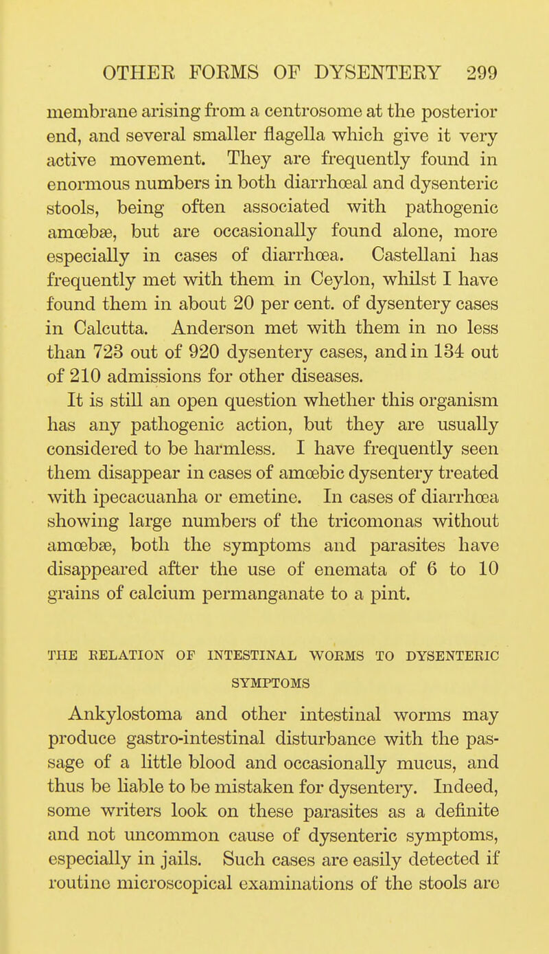 membrane arising from a centrosome at the posterior end, and several smaller flagella which give it very- active movement. They are fi-eqiiently found in enormous numbers in both diarrhoeal and dysenteric stools, being often associated with pathogenic amoebae, but are occasionally found alone, more especially in cases of diarrhoea. Castellani has frequently met with them in Ceylon, whilst I have found them in about 20 per cent, of dysentery cases in Calcutta. Anderson met with them in no less than 723 out of 920 dysentery cases, and in 134 out of 210 admissions for other diseases. It is still an open question whether this organism has any pathogenic action, but they are usually considered to be harmless. I have frequently seen them disappear in cases of amoebic dysentery treated with ipecacuanha or emetine. In cases of diarrhoea showing large numbers of the tricomonas without amoebse, both the symptoms and parasites have disappeared after the use of enemata of 6 to 10 grains of calcium permanganate to a pint. THE EELATION OF INTESTINAL WOKMS TO DYSENTERIC SYMPTOMS Ankylostoma and other intestinal worms may produce gastro-intestinal disturbance with the pas- sage of a little blood and occasionally mucus, and thus be liable to be mistaken for dysentery. Indeed, some writers look on these parasites as a dej&nite and not uncommon cause of dysenteric symptoms, especially in jails. Such cases are easily detected if routine microscopical examinations of the stools are