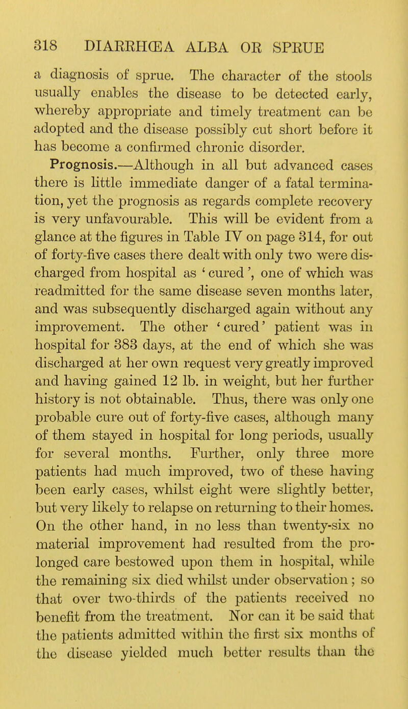 a diagnosis of sprue. The character of the stools usually enables the disease to be detected early, whereby appropriate and timely treatment can be adopted and the disease possibly cut short before it has become a confirmed chronic disorder. Prognosis.—Although in all but advanced cases there is little immediate danger of a fatal termina- tion, yet the prognosis as regards complete recovery is very unfavourable. This will be evident from a glance at the figures in Table IV on page 314, for out of forty-five cases there dealt with only two were dis- charged from hospital as ' cured ', one of which was readmitted for the same disease seven months later, and was subsequently discharged again without any improvement. The other * cured' patient was in hospital for 383 days, at the end of which she was discharged at her own request very greatly improved and having gained 12 lb. in weight, but her fui-ther history is not obtainable. Thus, there was only one probable cure out of forty-five cases, although many of them stayed in hospital for long periods, usually for several months. Further, only three more patients had much improved, two of these having been early cases, whilst eight were slightly better, but very likely to relapse on returning to their homes. On the other hand, in no less than twenty-six no material improvement had resulted from the pro- longed care bestowed upon them in hospital, wliile the remaining six died whilst under observation ; so that over two-thirds of the patients received no benefit from the ti'eatment. Nor can it be said that the patients admitted within the first six months of the disease yielded much better results than the