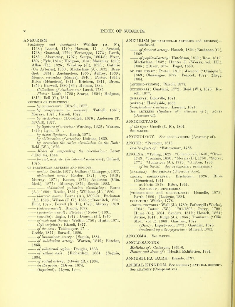 ANEURISM Pathology and treatment: Walther (A. F.), 1738; Lancisi, 1740; Hazoun, 17-—; Arnaud, 1768; Guattani, 1772; Verbrugge, 1773; Lauth, 1785; Abernethy, 1797 ; Scarpa, 1804-8; Freer, 1807 ; Fyfe, 1814 ; Hodgson, 1815 ; Macaulay, 1820; Allan (R), 1826; Wardrop (J.), 1828 ; Guthrie (On Arteries), 1830 ; Macfarlane (J.), 1832 ; Bres- chet, 1834; Auchincloss, 1835 ; Jeffrey, 1839 ; Monro, secundus (Essays), 1840 ; Porter, 1841 ; Ribes (Memoires), 1841; Erichsen, 1844; Broca, 1856 ; Barwell, 1880-J83 ; Holmes, 1883. Collections of Authors on: Lauth, 1785. Plates: Lauth, 1785; Scarpa, 1804; Hodgson, 1815; Bell (0.), 1821. METHODS OF TREATMENT: ■ by acupressure: Rizzoli, 1877. by compression or pressure: Tufnell, 1851; Murray, 1871; Rizzoli, 1877. by electrolysis: |.Bowditch, 1876; Anderson (T. M'Call), 1877. by ligature of arteries: Wardrop, 1828 ; Warren, 1849 ; Lyon, 18—. by distal ligature: Heath, 1871. by obliteration of arteries: Lisfranc, 1835. by arresting the entire circidation in the limb : Reid (W.), 1876. Modes of suspending the circulation: Leroy d'Etoilles, 1844. by rest, diet, etc. (in internal aneurism): Tufnell, 1875. OF PARTICULAR ARTE HIES AND REGIONS : aorta: Cockle, 1877; Gallard ('Clinique'), 1877. abdominal aorta: Reeder, 1821; Joy, 1840; Murray, 1871; Reeves, 1873; Anderson (Clin. Med.), 1877; |Murray, 1879 ; Begbie, 1883. abdominal pulsation simulating : Burns (A.), 1809 ; Reeder, 1821 ; Williams (J.), 1880. thoracic aorta: Bmns (A.), 1809-24; Buchanan (A.), 1823 ; Wilson (J. G), 1855 ; +Bowditch, 1876 ; Flint, 1876; Powell (R. D.), 1879; Murray, 1879. (intra-cranial) : Rizzoli, 1877. (posterior aural) : Fletcher ('Notes') 1831. (carotid): Inglis, 1817; Duncan (J.), 1845. ■ of neck and thorax: Weltin, 1750; Heath, 1871. (left occipital): Rizzoli, 1877. of the arm: Teichmeyer, 17—. Cockle, 1877 ; Barwell, 1880. of innominate artery: JSeguin, 1884. of subclavian artery: Warren, 1849; Butcher, 1865. of substernal region: Douglas, 1863. of cceliac axis: % Richardson, 1884; {Seguin, 1884. of radial artery: }Quain (R.), 1884. in the groin: {Diver, 1874. (inguinal): J Lyon, 18—. ANEURISM (of particular arteries and regions)— continued. of femoral artery: Hosack, 1824; Buchanan (G.), 1862. of popliteal arter ii: Hutchison, 1811; Ross, 1812 ; Macfarlane, 1832;' Hunter J. (Works, vol. III.), 1835; {Diver, 187-; Paget, 1850. of the heart: Portal, 1817; Jaccoud ('Clinique'), 1869; Chassaigne, 1877; Peacock, 1877; JLegg, 1884. (arterio-venous) : Rizzoli, 1877. (external): Guattani, 1772 ; Reid (W.), 1876; Riz- zoli, 1877. (miliary): Liouville, 1871. (osteo-) : Handyside, 1833. Complicating fractures: Laurent, 1874. See arteries (ligature of; diseases of); aorta (Diseases of). A NGEIEOTASIS of the lips: Graefe (C. F.), 1807. See n^evus. ANGEIOLOGY. See blood-vessels (Anatomy of). ANGER: *Premont, 1816. Bodily effects of: *Estievenart, 1788. ANGINA : *Teding, 1629 ; *Culemborch, 1648; *Orme, 1749 ; * Joannes, 1650 ; *Morris (B.), 1750; *Storer; 1771 ; *Johnstor,e (J.), 1773; *Gueben, 1786. of the throat. See cynanche ; diphtheria. (maligna). See throat (Ulcerous Sore). angina couenneuse : Bricheteau, 1826 ; Ribes (Memoires), 1841. at Paris, 1818 : Ribes, 1841. See croup ; diphtheria. (tuberculous and scrofulous) : Homolle, 1875 ; Barth, 1880 ; {Lasegue, 1884. infantum: Wilcke, 1778. angina pectoris : Wall (J.), 1780; Fothergill (Works), 1784; Butter (W.), 1791-1806 ; Parry, 1799; Hume (G.), 1804; Sanders, 1812; Hosack, 1824; Jurine, 1841; Ridge (J.), 1855; Trousseau ('Clin. Med.,' vol. 1), 1868 ; Gairdner, 1877. (Diss.) : Ligertwood, 1773 ; Gauthier, 1876. treatment by nitro-glycerine: Murrell, 1882. ANGIOMA. See n^vus. ANGLO-SAXONS Medicine of: Cockayne, 1864-6. Nouses and dress of: {Health Exhibition, 1S84. ANGUSTURA BARK: Brande, 1791. ANIMAL KINGDOM. See zoology; natural history. See anatomy (Comparative).