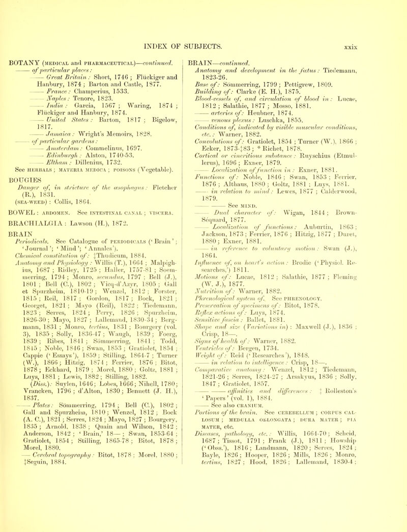 BOTANY (medical and pharmaceutical)—continued. of particular places: Great Britain.: Short, 1746 ; Fliickiger and Hanbury, 1874; Barton and Castle, 1877. France: Champerius, 1533. - Naples: Tenore, 1823. - India : Garcia, 1567 ; Waring, 1874 ; Fliickiger and Hanbury, 1874. - United, States: Barton, 1817 ; Bigelow, 1817. — Jamaica: Wright's Memoirs, 1828. — of particular gardens: — Amsterdam: Cornmelinus, 1697. — Edinburgh: Alston, 1740-53. — Eltkam : Dillenius, 1732. See herbals ; materia medica ; poisons (Vegetable). BOUGIES Danger of, in stricture, of the oesophagus: Fletcher (B,.), 1831. (sea-weed) : Collis, 1864. BOWEL : ardomen. See intestinal canal ; viscera. BRACHIALGIA: Lawson (H.), 1872. BRAIN Periodicals. See Catalogue of periodicals (' Brain '; 1 Journal' Mind ' Annales'). Chemical constitution of: IThudicum, 1884. Anatomy and Physiology : Willis (T.), 1664 ; Malpigh- ius, 1687; Ridley, 1725 ; Haller, 1757-81; Soem- merring, 1794; Monro, secundus, 1797 ; Bell (J.), 1801 ; Bell (C), 1802; Vicq-d'Azyr, 1805; Gall et Spurzheim, 1810-19; Wenzel, 1812; Forster, 1815;Reil, 1817; Gordon, 1817; Bock, 1821; Georget, 1821; Mayo (Reil), 1822; Tiedemann, 1823; Serres, 1824; Perry, 1826; Spurzheim, 1826-30; Mayo, 1827; Lallemand, 1830-34; Berg- mann, 1831 ; Monro, tertius, 1831 ; Bourgery (vol. 3), 1835; Solly, 1836-47 ; Wangh, 1839; Foerg, 1839 ; Ribes, 1841 ; Sommerring, 1841 ; Todd, 1845; Noble, 1846; Swan, 1853; Gratiolet, 1854; Cappie ('Essays'), 1859; Stilling, 1864-7; Turner (\V.), 1866; Hitzig, 1874; Ferrier, 1876; Bitot, 1878; Eckhard, 1879; Morel, 1880; Goltz, 1881; Luys, 1881; Lewis, 1882; Stilling, 1882. (Diss.): Suylen, 1646; Lobes, 1666; NiheU, 1780; Vrancken, 1796; d'Alton, 1830; Bennett (J. H.), 1837. — Plates: Sommerring, 1794; Bell (C), 1802; Gall and Spurzkeim, 1810; Wenzel, 1812; Bock (A. C), 1821; Serres, 1824 ; Mayo, 1827 ; Bourgery, 1835 ; Arnold, 1838 ; Quain and Wilson, 1842 ; Anderson, 1842; 'Brain,' 18—; Swan, 1853-64; Gratiolet, 1854; Stilling, 1865-78; Bitot, 1878; Morel, 1880. - Cerebral topography: Bitot, 1878; Morel, 1880; tSeguin, 1884. BRAIN—continued. Anatomy and development in the foetus: Tiedemann, 1823-26. Base of: Sommerring, 1799 ; Pettigrew, 1809. Building of: Clarke (E. H.), 1875. Blood-vessels of, and circulation of blood in: Lucae, 1812 ; Salathie, 1877 ; Mosso, 188I. arteries of: Heubner, 1874. — venotis plexus : Luschka, 1855. Conditions of, indicated by visible muscular conditions, etc.: Warner, 1882. Convolutions of: Gratiolet, 1854 ; Turner (W.), 1866 ; Ecker, 1873-J83; * Richet, 1878. Cortical or cineritious substance : Ruyschius (Etmul- lerus), 1696 ; Exner, 1879. — Localization of function in: Exner, 1881. Functions of: Noble, 1846 ; Swan, 1853 ; Ferrier, 1876; Al'thaus, 1880; Goltz, 1881 ; Luys, 1881. — ■ in relation to mind: Lewes, 1877 ; Calderwood, 1879. See mind. - Dual character of: VVigan, 1844; Brown- Sequard, 1877. - Localization of functions: Auburtin, 1863; Jackson, 1873 ; Ferrier, 1876 ; Hitzig, 1877 ; Buret, 1880; Exner, 1881. in reference, to voluntary motion: Swan (J.), 1864. Influence of on heart's action: Brodie ('Physiol. Re- searches,') 1811. Motions of: Lucae, 1812 ; Salathie, 1877 ; Fleming (W. J.)', 1877. Nutrition of: Warner, 1882. Phrenological system of See phrenology. Preservation of specimens of: Bitot, 1878. Reflex actions of: Luys, 1874. Sensitive fascia : Ballet, 1881. Shape and size (Variations in) : Maxwell (J.), 1836 : Crisp, 18—. Signs of health of: Warner, 1882. Ventricles of: Beigen, 1734. Weight of: Reid ('Researches'), 1848. in relation to intelligence : Crisp, 18—. Comparative anatomy: Wenzel, 1812; Tiedemann, 1821-26 ; Serres, 1824-27 ; Arsakyus, 1836 ; Solly. 1847 ; Gratiolet, 1857. affinities and differences : t Bolleston's ' Papers '(vol. 1), 1884. See also cranium. Portions of the brain. See cerebellum; corpus cal- LOSUM ; MEDULLA OBLONGATA ; DURA MATER ; PIA mater, etc. Diseases, pathology, etc.: Willis, 1664-70; Scheid, 1687 ;Tissot, 1791; Frank (J.), 1811; Howship ('Obss.'), 1816; Landmann, 1820; Series, 1824; Bayle, 1826; Hooper, 1826; Mills, 1826; Monro, tertius, 1827 ; Hood, 1826 ; Lallemand, 1830-4: