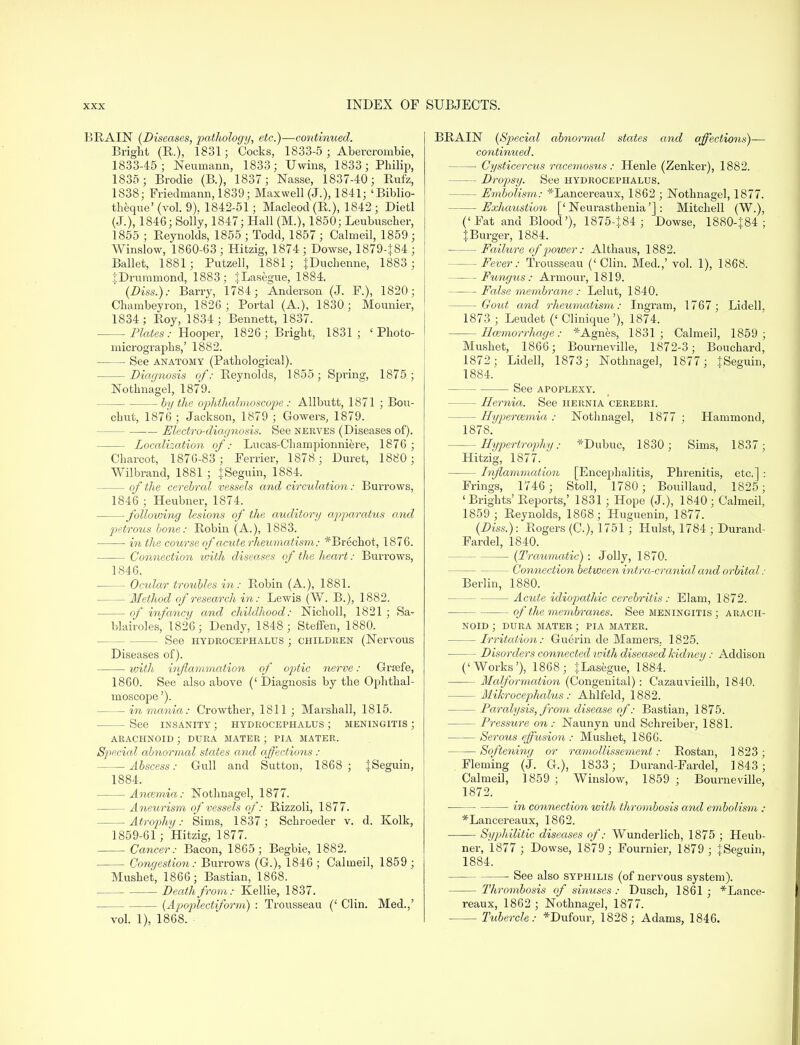 BRAIN (Diseases, pathology, etc.)—continued. Bright (R), 1831; Cocks, 1833-5 ; Abercrombie, 1833-45; Neumann, 1833; Uwins, 1833; Philip, 1835; Brodie (B.), 1837; Nasse, 1837-40; Rufz, 1838; Friedmann,1839; Maxwell (J.), 1841; 'Biblio- theque' (vol. 9). 1842-51; Macleod(R.), 1842 ; Dietl (J.), 1846; Solly, 1847; Hall (M.), 1850; Leubuscher, 1855 ; Reynolds, 1855 ; Todd, 1857 ; Calmeil, 1859 ; Winslow, 1860-63 ; Hitzig, 1874 ; Dowse, 1879-J84 ; Ballet, 1881; Putzell, 1881; }Duchenne, 1883 ; JDrummond, 1883; JLasegue, 1884. (Diss.): Barry, 1784; Anderson (J. F.), 1820; Chambeyron, 1826 ; Portal (A.), 1830; Mounier, 1834; Roy, 1834; Bennett, 1837. Plates: Hooper, 1826 ; Bright, 1831; 'Photo- micrographs,' 1882. See anatomy (Pathological). Diagnosis of: Reynolds, 1855; Spring, 1875 ; Nothnagel, 1879. by the ophthalmoscope: Allbutt, 1871 ; Bou- chnt, 1876 ; Jackson, 1879 ; Gowers, 1879. ■ Electro-diagnosis. See nerves (Diseases of). Localization of: Lncas-Championniere, 1876 ; Charcot, 1876-83 ; Ferrier, 1878; Duret, 1880; Wilbrand, 1881 ; JSeguin, 1884. — of the cerebral vessels and circulation: Burrows, 1846 ; Heubner, 1874. follovnng lesions of the auditory apparatus and petrous bone: Robin (A.), 1883. ■ in the course of acute rheumatism: *Brechot, 1876. Connection tvith diseases of the heart: Buitows, 1846. Ocular troubles in: Robin (A.), 1881. Method of research in: Lewis (W. B.), 1882. of infancy and childhood: Nicholl, 1821 ; Sa- blairoles, 1826; Dendy, 1848; Steffen, 1880. See hydrocephalus ; children (Nervous Diseases of). with inflammation of optic nerve: Grsefe, 1860. See also above (' Diagnosis by the Ophthal- moscope '). — in mania: Crowther, 1811; Marshall, 1815. See insanity ; hydrocephalus ; meningitis ; ARACHNOID ; DURA MATER ; PIA MATER. Special abnormal states and affections : Abscess: Cull and Sutton, 1868 ; JSeguin, 1884. Anosmia: Nothnagel, 1877. Aneurism of vessels of: Rizzoli, 1877. Atrophy: Sims, 1837 ; Schroeder v. d. Kolk, 1859-61; Hitzig, 1877. Cancer: Bacon, 1865; Begbie, 1882. Congestion: Burrows (G), 1846 ; Calmeil, 1859 ; Mushet, 1866; Bastian, 1868. Death from: Kellie, 1837. (Apoplectiform) : Trousseau (' Clin. Med.,' vol. 1), 1868. BRAIN (Special abnormal states and affections)— continued. — Cysticercus racemosus : Henle (Zenker), 1882. Dropsy. See hydrocephalus. — Embolism: *Lancereaux, 1862 ; Nothnagel, 1877. — Exhaustion ['Neui'asthenia'] : Mitchell (W.), ('Fat and Blood'), 1875-184 ; Dowse, 1880-|84 ; % Burger, 1884. Failure of power : Althaus, 1882. - Fever: Trousseau (' Clin. Med.,' vol. 1), 1868. Fungus: Armour, 1819. False membrane: Lelut, 1840. Gout and rheumatism: Ingram, 1767; Lidell, 1873 ; Leudet (' Clinique'), 1874. Hemorrhage: * Agnes, 1831; Calmeil, 1859; Mushet, 1866; Bourneville, 1872-3; Bouchard, 1872; Lidell, 1873; Nothnagel, 1877; ISeguin, 1884. See apoplexy. - Hernia. See hernia cerebri. - Hyperoemia : Nothnagel, 1877 ; Hammond, 1878. -Hypertrophy: *Dubuc, 1830; Sims, 1837 ; Hitzig, 1877. Inflammation [Encephalitis, Phrenitis, etc.] : Frings, 1746 ; Stoll, 1780; Bouillaud, 1825; 'Brights' Reports,' 1831; Hope (J.), 1840 ; Calmeil, 1859 ; Reynolds, 1868; Huguenin, 1877. (Diss.): Rogers (O), 1751 ; Hulst, 1784 ; Durand- Fardel, 1840. (Traumatic) : Jolly, 1870. — Connection between intra-cranial and orbital: Berlin, 1880. — Acute idiopathic cerebritis : Elam, 1872. of the membranes. See meningitis ; arach- noid ; DURA MATER ; PIA MATER. - Irritation: Guerin de Mamers. 1825. - Disorders connected with diseased kidney: Addison ('Works'), 1868; fLasegue, 1884. Malformation (Congenital) : Cazauvieilh, 1840. Mikrocephalus : Ahlfeld, 1882. - Paralysis, from disease of: Bastian, 1875. - Pressure on: Naunyn und Schreiber, 1881. Serous effusion : Mushet, 1866. Softening or ramollissement: Rostan, 1823; Fleming (J. G.), 1833; Durand-Fardel, 1843; Calmeil, 1859; Winslow, 1859 ; Bourneville, 1872. in connection with thrombosis and embolism : *Lancereaux, 1862. Syphilitic diseases of: Wunderlich, 1875 ; Heub- ner, 1877 ; Dowse, 1879; Fournier, 1879 ; JSe^uin, 1884. — See also syphilis (of nervous system). Thrombosis of sinuses: Dusch, 1861; *Lance- reaux, 1862 ; Nothnagel, 1877. Tubercle: *Dufour, 1828; Adams, 1846.