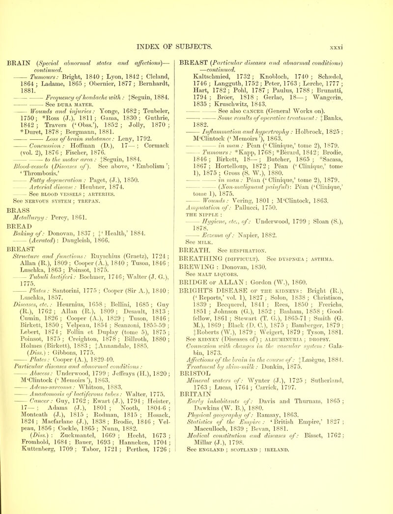 BRAIN (Special abnormal states and affections)— continued. Tumours: Bright, 1840; Lyon, 1842; Cleland, 1864; Ladame, 1865 ; Obernier, 1877; Bernhardt, 1881. Frequency of'headache with : JSeguin, 1884. See DURA MATER. Wounds and injuries: Yonge, 1682; Teubeler, 1750; *Ross (J.), 1811; Oama, 1830; Guthrie, 1842 ; Travers ('Obss.'), 1852; Jolly, 1870; *Duret, 1878; Bergmann, 1881. ■—■— Loss of brain substance: Leny, 1792. Concussion: Hoffman (D.), 17—; Cormack (vol. 2), 1876 ; Fischer, 1876. to the motor area : JSeguin, 1884. Blood-vessels (Diseases of). See above, ' Embolism '; ' Thrombosis.' — Fatty degeneration: Paget, (J.), 1850. — Arterial disease : Heubner, 1874. — See BLOOD VESSELS ; ARTERIES. See nervous system ; trepan. BRASS Metallurgy: Percy, 1861. BREAD Baking of: Donovan, 1837; £' Health,' 1884. (Aerated): Daugleisb, 1866. BREAST Structure and functions: Ruyschius (Graetz), 1724; Allan (R.), 1809; Cooper (A.), 1840 ; Tuson, 1846; Luschka, 1863; Poinsot, 1875. — Tubuli lactiferi: Boehmer, 1746; Walter (J. G.), 1775. Plates : Santorini, 1775 ; Cooper (Sir A.), 1840 ; Luschka, 1857. Diseases, etc.: Heurnius, 1658; Bellini, 1685; Guy (R.), 1762 ; Allan (R.), 1809; Desault, 1813; Cumin, 1826; Cooper (A.), 1829; Tuson, 1846; Birkett, 1850; Velpeau, 1854; Scanzoni, 1855-59 ; Lebert, 1874; Follin et Duplay (tome 5), 1875; Poinsot, 1875; Creighton, 1878; Billroth, 1880; Holmes (Birkett), 1883; JAnnandale, 1885. (Diss.) : Gibbons, 1775. Plates: Cooper (A.), 1829-40. Particular diseases and abnormal conditions : - Abscess: Underwood, 1799; Jeffrays (H.), 1820; M'Clintock (< Memoirs '), 1863. Adeno-sarcoma: Whitson, 1883. Anastomosis of lactiferous tubes: Walter, 1775. Cancer: Guy, 1762; Evvart (J.), 1794; Heister, 17— ; Adams (J.), 1801 ; Nooth, 1804-6 ; Monteath (J.), 1815 ; Rodman, 1815 ; Hosack, 1824; Macfarlane (J.), 1838; Brodie, 1846; Vel- peau, 1856; Cockle, 1865 ; Nunn, 1882. (Diss.) : Zuckmantel, 1669 ; Hecht, 1673 ; Fromhold, 1684; Bauer, 1693; Hanneken, 1704; Kuttenberg, 1709; Tabor, 1721; Perthes, 1726 ; BREAST (Particular diseases and abnormal conditions) —continued. Kaltschmied, 1732 ; Knobloch, 1740 ; Schfedel, 1746 ; Langguth, 1752; Peter, 1763 ; Lerche, 1777 ; Hart, 1782; Pohl, 1787 ; Paulus, 1788; Brunatti, 1794 ; Broer, 1818; Gerlac, 18—; Wangerin, 1835 ; Kruschwitz, 1843. See also cancer (General Works on). ■ Some results of operative treatment: i Banks, 1882. Inflammation and hypertrophy : Holbrock, 1825 ; M'Clintock ('Memoirs'), 1863. — in man : Pean (' Clinique,' tome 2), 1879. - Tumours: *Kapp, 1768; *Berard, 1842; Brodie, 1846 ; Birkett, 18—; Butcher, 1865; *Sacasa, 1867; Hortelkmp, 1872; Pean ('Clinique,' tome 1), 1875 ; Gross (S. W.), 1880. — in man: Pean (' Clinique,' tome 2), 1879. - (Non-malignant painful): Pean ('Clinique,' tome 1), 1875. - Wounds: Vering, 1801 ; M'Clintock, 1863. Amputation of: Pallucci, 1750. THE NIPPLE : - Hygiene, etc., of: Underwood, 1799 ; Sloan (S.), 1878. Eczema of: Napier, 1882. See milk. BREATH. See respiration. BREATHING (difficult). See dyspncea ; asthma. BREWING : Donovan, 1830. See malt liquors. BRIDGE of ALLAN : Gordon (W.), 1860. BRIGHT'S DISEASE of the kidneys: Bright (R.), ('Reports,'vol. 1), 1827 ; Solon, 1838 ; Christison, 1839 ; Becquerel, 1841 ; Rees, 1850 ; Frerichs, 1851; Johnson (G.), 1852; Basham, 1858; Good- fellow, 1861 ; Stewart (T. G.), 1865-71 ; Smith (G. M.), 1869; Black (D. C), 1875 ; Bamberger, 1879 ; % Roberts (W.), 1879; Weigert, 1879 ; Tyson, 1881. See kidney (Diseases of) ; albuminuria ; dropsy. Connexion with changes in the vascular system: Gala- bin, 1873. Affections of the brain in the course of: JLasegue, 1884. Treatment by skim-milk : Donkin, 1875. BRISTOL Mineral waters of: Wynter (J.), 1725; Sutherland, 1763; Lucas, 1764; Carrick, 1797. BRITAIN Early inhabitants of: Davis and Thurnam, 1865 ; Dawkins (W. B.), 1880. Physical geography of': Ramsay, 1863. Statistics of the Empire: 'British Empire,' 1827; Macculloch, 1839 ; Bevan, 1881. Medical constitution and diseases of: Bisset, 1762 ; Millar (J.), 1798. See ENGLAND ; SCOTLAND ; IRELAND.