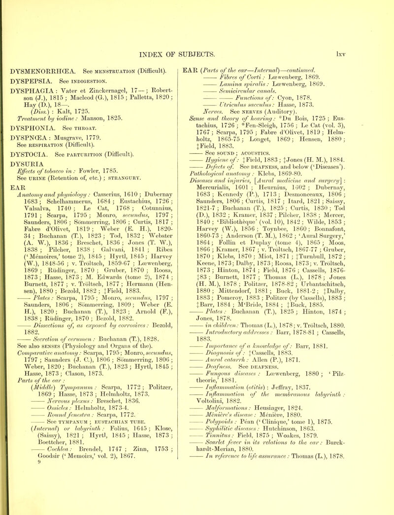 DYSMENORRHEA. See menstruation (Difficult). DYSPEPSIA. See indigestion. DYSPHAGIA: Vater et Zinckernagel, 17—; Robert- son (J.), 1815 ; Macleod (G.), 1815 ; Palletta, 1820 ; Hay (D.), 18—. (Diss.) : Kalt, 1725. Treatment by iodine: Manson, 1825. DYSPHONIA. See throat. DYSPNCEA : Musgrave, 1779. See respiration (Difficult). DYSTOCIA. See parturition (Difficult). DYSURIA Effects of tobacco in: Fowler, 1785. See urine (Retention of, etc.); strangury. EAR Anatomy and physiology : Casserius, 1610; Dubernay 1683; Schelhammerus, 1684 ; Eustachius, 1726 ; Valsalva, 1740 ; Le Cat, 1768 ; Cotunnius, 1791 ; Scarpa, 1795 ; Monro, secundus, 1797 ; Saunders, 1806 ; Sommerring, 1806 ; Curtis, 1817 ; Fabre d'Olivet, 1819 ; Weber (E. H.), 1820- 34; Buchanan (T.), 1823 ; Tod, 1832 ; Webster (A. W.), 1836; Breschet, 1836 ; Jones (T. W.), 1838 ; Pilcher, 18.38 ; Galvani, 1841 ; Ribes ('Memoires,' tome 2), 1845 ; Hyrtl, 1845; Harvey (W.), 1848-56 ; v. Troltsch, 1859-67 ; Lcewenberg, 1869 ; Rudinger,. 1870 ; Gruber, 1870 ; Roosa, 1873; Hasse, 1873; M. Edwards (tome 2), 1874; Burnett, 1877 ; v. Troltsch, 1877; Hermann (Hen- sen), 1880 ; Bezold, 1882; {Field, 1883. ■ -Plates: Scarpa, 1795; Monro, secundus, 1797; Saunders, 1806 ; Sommerring, 1809; Weber (E. H.), 1820; Buchanan (T), 1823; Arnold (F.), 1838 ; Rudinger, 1870; Bezold, 1882. Dissections of, as exposed by corrosives: Bezold, 1882. Secretion of cerumen : Buchanan (T.), 1828. See also senses (Physiology and Organs of the). Comparative anatomy: Scarpa, 1795; Monro, secundtis, 1797; Saunders (J. C), 1806 ; Sommerring, 1806; Weber, 1820; Buchanan (T.), 1823 ; Hyrtl, 1845 ; Hasse, 1873; Clason, 1873. Parts of the ear : (Middle) Tympanum: Scarpa, 1772 ; Politzer, 1869 ; Hasse, 1873 ; Helmholtz, 1873. ■ Nervous plexus : Breschet, 1836. Ossicles: Helmholtz, 1873-4. Round fenestra: Scarpa, 1772. See tympanum ; eustachian tube. (Internal) or labyrinth: Folius, 1645; Klose, (Saissy), 1821 ; Hyrtl, 1845 ; Hasse, 1873 ; Boettcher, 1881. : Cochlea: Brendel, 1747; Zinn, 1753; Goodsir ('Memoirs,' vol. 2), 1867. !t EAR (Parts of the ear—Internal)—continued. Fibres of Corti : Lcewenberg, 1869. Lamina spiralis : Lcewenberg, 1869. Semicircidar canals. Functions of: Cyon, 1878. Utriculus sacctdus: Hasse, 1873. Nerves. See nerves (Auditory). Sense and theory of hearing: *Dii Bois, 1725 ; Eus- tachius, 1726 ; *Fen-Sleigh, 1756 ; Le Cat (vol. 3), 1767; Scarpa, 1795 ; Fabre d'Olivet, 1819; Helm- holtz, 1865-75 ; Longet, 1869; Hensen, 1880; {Field, 1883. See sound ; acoustics. Hygiene of: {Field, 18S3 ; {Jones (H. M.), 1884. Defects of. See deafness, and below ('Diseases'). Pathological anatomy : Klebs, 1869-80. Diseases and injuries, \Aural medicine and svcrgery] : Mercurialis, 1601 ; Heurnius, 1602 ; Dubernay, 1683; Kennedy (P.), 1713; Desmonceaux, 1806 ; Saunders, 1806 ; Curtis, 1817 ; Itard, 1821 ; Saissy, 1821-7; Buchanan (T.), 1825; Curtis, 1830 ; Tod (D.), 1832 ; Kramer, 1837 ; Pilcher, 1838; Mercer, 1840 ; 'Bibliotheque' (vol. 10), 1842 ; Wilde, 1853 ; Harvey (W.), 1856; Toynbee, 1860; Bonnafont, 1860-73 ; Anderson (T. M.), 1862 ; 'Aural Surgery,' 1864; Follin et Duplay (tome 4), 1865 ; Moos, 1866 ; Kramer, 1867 ; v. Troltsch, 1867-77 ; Gruber, 1870; Klebs, 1870; Mint, 1871 ; ITurnbull, 1872 ; Keene, 1873; Dalby, 1873; Roosa, 1873; v. Troltsch, 1873 ; Hinton, 1874 ; Field, 1876 ; Casselis, 1876- {83; Burnett, 1877 ; Thomas (L.), 1878; Jones (H. M.), 1878; Politzer, 1878-82 ; Drbantschitsch, 1880; Mittendorf, 1881; Buck, 1881-2; {Dalby, 1883 ; Pomeroy, 1883 ; Politzer (by Casselis), 1883 ; {Barr, 1884; M'Bride, 1884; {Buck, 1885. Plates: Buchanan (T.), 1825 ; Hinton, 1874; Jones, 1878. in children: Thomas (L), 1878; v. Troltsch, 1880. Introductory addresses : Barr, 1878-81 ; Casselis, 1883. Importance of a knoivledge of: Barr, 1881. Diagnosis of: {Casselis, 1883. Aural catarrh : Allen (P.), 1871. Deafness. See deafness. Fungous diseases : Lcewenberg, 1880 ; ' Pilz- theorie,' 1881. Inflammation (otitis) : Jeffray, 1837. Inflammation of the membranous labyrinth : Voltolini, 1882. Mcdformations: Heusinger, 1824. Meniere's disease : Meniere, 1880. — Polyj)oids : Pean (' Clinique,' tome 1), 1875. Syphilitic diseases: Hutchinson, 1863. - Tinnitus: Field, 1875 ; Woakes, 1879. Scarlet fever in its relations to the ear: Burck- hardt-Merian, 1880. In reference to life assurance : Thomas (L.), 1878.