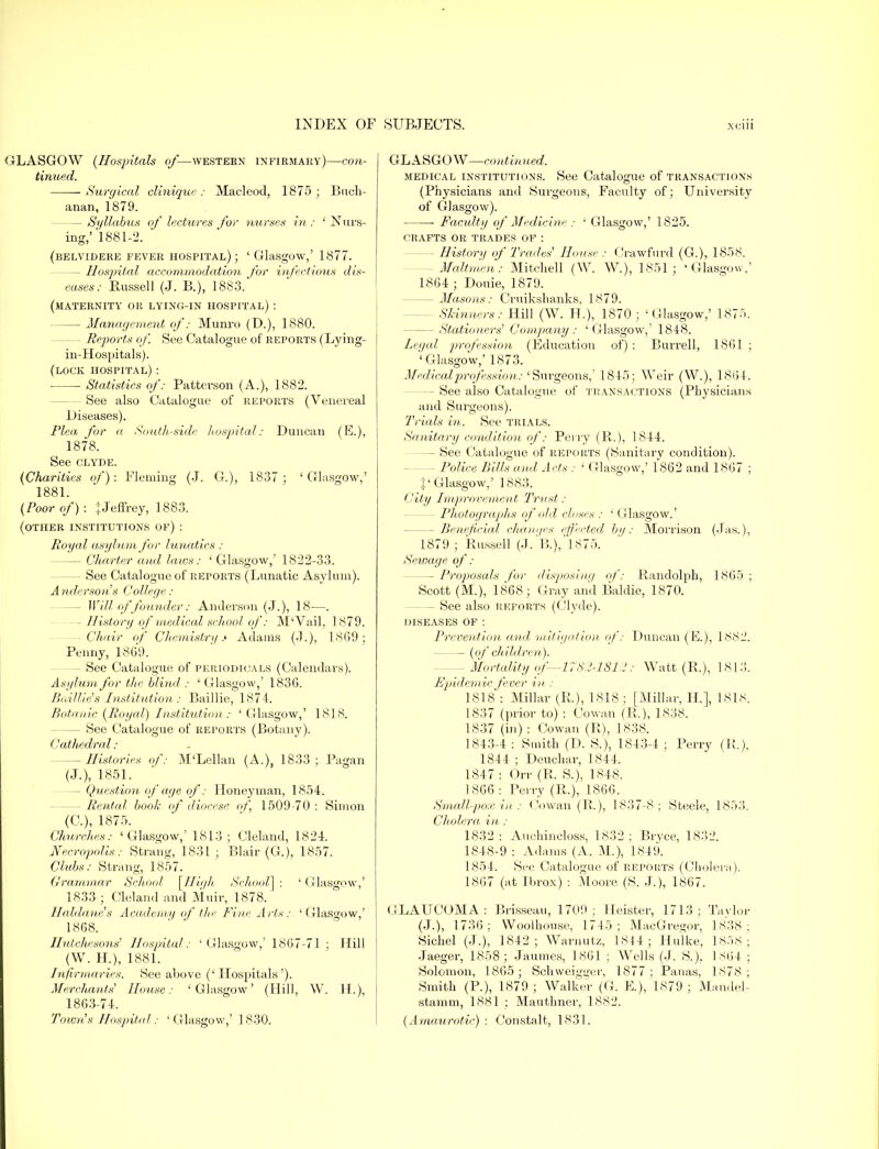 GLASGOW (Hospitals of—western infirmary)—con- tinued. Surgical clinique : Maeleod, 1875 ; Buch- anan, 1879. - Syllabus of lectures for nurses in : ' Nurs- ing,' 1881-2. (belvidere fever hospital); ' Glasgow,' 1877. - Hospital accommodation for infectious dis- eases: Russell (J. B.), 1883.' (maternity or lying-in hospital) : Management of: Munro (D.), 1880. - Reports of. See Catalogue of reports (Lying- in-Hospitals). (lock hospital) : ■ Statistics of: Patterson (A.), 1882. See also Catalogue of REPORTS (Venereal Diseases). Plea for a South-side hospital: Duncan (E.), 1878. See clyde. (Charities of) : Fleming (J. G.), 1837 ; ' Glasgow,' 1881. (Poor of) : I Jeffrey, 1883. (other institutions of) : Royal asylum for lunatics : Charter and laws: ' Glasgow,' 1822-33. - See Catalogue of reports (Lunatic Asylum). Anderson s College: — Will of founder: Anderson (J.), 18—. - History of medical school of: M'Vail, 1879. - Chair of Chemistry.» Adams (J.), 1869; Penny, 1869. - See Catalogue of periodicals (Calendars). Asylum for the blind : 'Glasgow,' 1836. Baillie's Institution: Baillie, 1874. Botanic (Royal) Institution : ' Glasgow,' 1818. - See Catalogue of reports (Botany). Cathedral: — Histories of: M'Lellan (A.), 1833 ; Pagan (J.), 1851. - Question of age of: Honeyman, 1854. - Rental book of diocese of, 1509-70 : Simon (C), 1875. Churches: 'Glasgow,' 1813; Cleland, 1824. Necropolis: Strang, 1831; Blair (G.), 1857. Clubs: Strang, 1857. Grammar School \High School] : ' Glasgow,' 1833; Cleland and Muir, 1878. J/ablane's Academy of the Fine Arts: 'Glasgow,' 1868. Uutcliesons' Hospital: 'Glasgow,' 1867-71 ; Hill (W. H), 1881. Infirmaries. See above (' Hospitals '). Merchants House: 'Glasgow' (Hill, W. H.), 1863-74. Town s Hospital: 'Glasgow,' 1830. GLASGOW—continued. medical institutions. See Catalogue of transactions (Physicians and Surgeons, Faculty of; University of Glasgow). Faculty of Medicine : ' Glasgow,' 1825. crafts or trades of : - History of Trades' House: Crawfurd (G.), 1858. -Maltmen: Mitchell (W. W.), 1851; 'Glasgow,' 1864 ; Douie, 1879. — Masons: Cruikshanks, 1879. - Skinners: Hill (W. H.), 1870 ; 'Glasgow,' 1875. - Stationers' Company : 'Glasgow,' 1848. Legal profession (Education of) : Burrell, 1861 ; ' Glasgow,' 1873. Medical profession: 'Surgeons,' 1845; Weir (W.), 1864. - See also Catalogue of transactions (Physicians and Surgeons). Trials in. See trials. Sanitary condition of: Perry (R.), 1844. — See Catalogue of reports (Sanitary condition). - Police Bills and Acts : ' Glasgow,' 1862 and 1867 ; i' Glasgow,' ] 883. City Improvement Trust : - Photographs of old rinses .- ' Glasgow.' -Beneficial changes effected by: Morrison (Jas.), 1879 ; Russell (J. B.), 1875. Sewage of : - Proposals for disposing of: Randolph, 1865 ; Scott (M.), 1868; Gray and Baldie, 1870. - See also reports (Clyde). diseases of : Prevention and mitigation of: Duncan (E.), 1882. {°.f children). - Mortality .of—1782-1812: Watt (R.), 1813. Epidemic fever in : 1818: Millar (R.), 1818; [Millar, H], 1818. 1837 (prior to) : Cowan (R.), 1838. 1837 (in) : Cowan (R), 1838. 1843-4: Smith (D. S.), 1843-4 ; Perry (it.), 1844 ; Deuchar, 1844. 1847 : Orr (R. S.), 1848. 1866 : Perry (R.), 1866. Small-pox in: Cowan (R.), 1837-8; Steele, 1853. Cholera in : 1832 : Auchincloss, 1832 : Bryce, 1832. 1848-9 : Adams (A. M.), 1849. 1854. See Catalogue of reports (Cholera). 1867 (at Ibrox) : Moore (S. J.), 1867. GLAUCOMA: Brisseau, 1709; Heister, 1713; Taylor (J.), 1736; Woolhouse, 1745; MacGres;or, 1838; Sichel (J.), 1842; Warnutz, 1844 ; Hulke, 1858; Jaeger, 1858; Jaumes, 1861 ; Wells (J. S.). 1864 ; Solomon, 1865; Schweigffer, 1877 ; Panas, 1878; Smith (P.), 1879; Walker (G. E.), 1879 ; Mandel- stamm, 1881 ; Mauthner, 1882. (Amaurotic) : Constalt, 1831.
