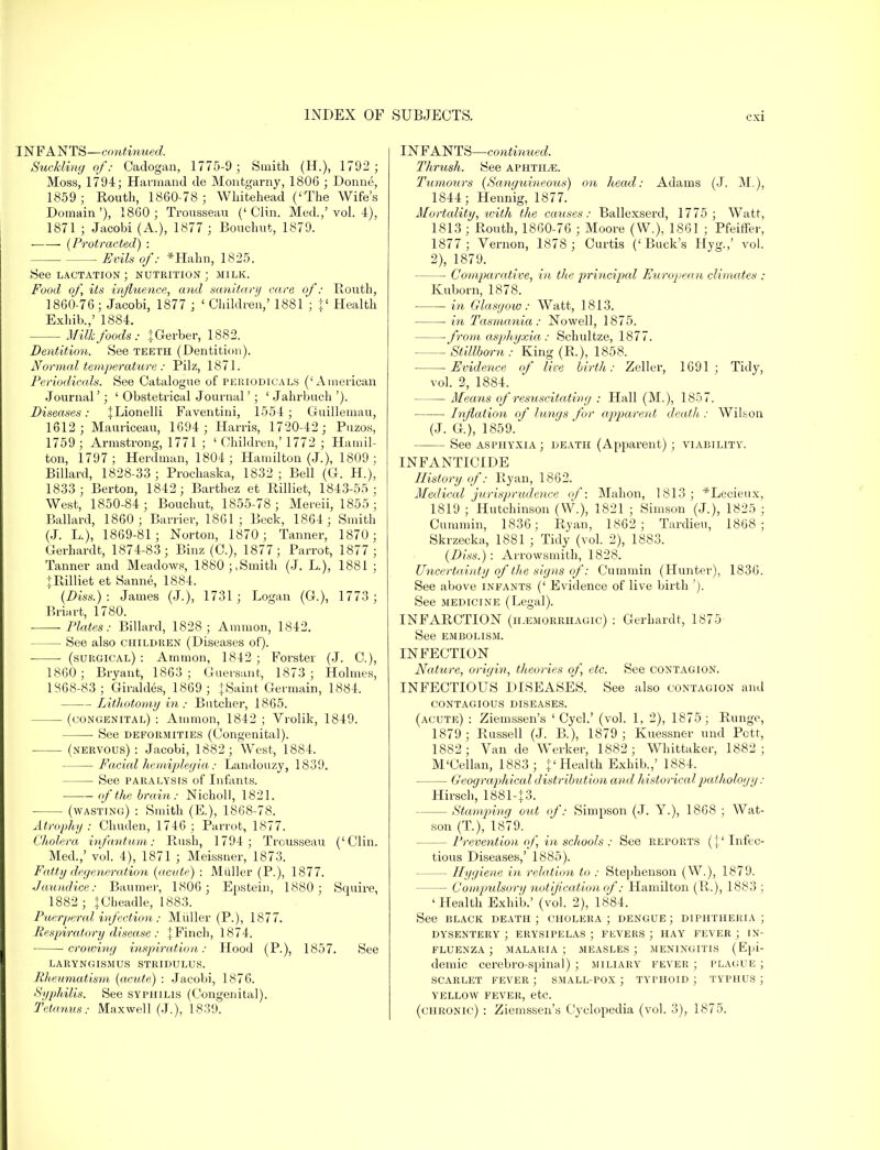 INFANTS—continued. Suckling of: Cadogan, 1775-9 ; Smith (H.), 1792; Moss, 1794; Harmand de Montgarny, 1806 ; Donne, 1859; Routh, 1860-78; Whitehead ('The Wife's Domain'), 1860; Trousseau ('Clin. Med.,'vol. 4), 1871 ; Jacobi (A.), 1877 ; Bouchut, 1879. (Protracted) : Evils of: *Hahn, 1825. See lactation ; nutrition ; milk. Food of its influence, and sanitary care of: Routh, 1860-76; Jacobi, 1877 ; ' Children,' 1881 ; f Health Exhib.,' 1884. Milk foods: {Gerber, 1882. Dentition. See teeth (Dentition). Normal temperature : Pilz, 1871. Periodicals. See Catalogue of periodicals ('American Journal'; ' Obstetrical Journal'; ' Jahrbuch '). Diseases: |Lionelli Faventini, 1554; Guillemau, 1612; Mauriceau, 1694 ; Harris, 1720-42; Puzos, 1759 ; Armstrong, 1771 ; ' Children,' 1772 ; Hamil- ton, 1797 ; Herdman, 1804; Hamilton (J.), 1809; Billard, 1828-33 ; Prochaska, 1832 ; Bell (G. H.), 1833 ; Berton, 1842; Barthez et Rilliet, 1843-55; West, 1850-84; Bouchut, 1855-78; Mereii, 1855; Ballard, 1860; Barrier, 1861; Beck, 1864; Smith (J. L.), 1869-81; Norton, 1870; Tanner, 1870; Gerhardt, 1874-83; Binz (C), 1877; Parrot, 1877; Tanner and Meadows, 1880;,Smith (J. L.), 1881 ; + Rilliet et Sanne, 1884. (Diss.): James (J.), 1731; Logan (G), 1773 ; Briart, 1780. -Plates: Billard, 1828; Amnion, 1842. See also children (Diseases of). ■ (surgical) : Amnion, 1842 ; Forster (J. C), 1860 ; Bryant, 1863 ; Guersant, 1873 ; Holmes, 1868-83 ; Giraldes, 1869 ; jSaint Germain, 1884. Lithotomy in : Butcher, 1865. (congenital) : Amnion, 1842 ; Vrolik, 1849. See deformities (Congenital). (nervous) : Jacobi, 1882 ; West, 1884. Facial hemiplegia : Landouzy, 1839. ■ See paralysis of Infants. of the brain: Nicholl, 1821. (wasting) : Smith (E.), 1868-78. Atrophy : Chuden, 1746 ; Parrot, 1877. Cholera infantum: Rush, 1794; Trousseau ('Clin. Med.,' vol. 4), 1871 ; Meissner, 1873. Fatty degeneration (acute) : Miiller (P.), 1877. Jaundice: Baumer, 1806; Epstein, 1880; Squire, 1882 ; +Cheadle, 1883. Puerperal infection : Miiller (P.), 1877. Respiratory disease : \Finch, 1874. crowing inspiration: Hood (P.), 1857. See LARYNGISMUS STRIDULUS. Rheumatism (acute) : Jacobi, 1876. Syphilis. See syphilis (Congenital). Tetanus: Maxwell (J.), 1839. INFANTS—continued. Thrush. See aphtile. Tumours (Sanguineous) on head: Adams (J. M.), 1844; Hennig, 1877. Mortality, with the causes: Ballexserd, 1775; Watt, 1813; Routh, 1860-76 ; Moore (W.), 1861 ; Pfeiffer, 1877; Vernon, 1878; Curtis ('Buck's Hyg.,' vol. 2), 1879. Comparative, in the principal European climates : Kuborn, 1878. in Glasgow: Watt, 1813. in Tasmania: Nowell, 1875. from asphyxia : Schultze, 1877. Stillborn : King (R.), 1858. Evidence of lire birth: Zeller, 1691; Tidy, vol. 2, 1884. Means of resuscitating : Hall (M.), 185 7. Inflation of lungs for apparent death,: Wilson (J. G), 1859. See asphyxia; death (Apparent) ; viability. INFANTICIDE History of: Ryan, 1862. Medical jurisprudence of: Mahon, 1813; *Lecieux, 1819 ; Hutchinson (W.), 1821 ; Sanson (J.), 1825 ; Cummin, 1836; Ryan, 1862; Tardieu, 1868; Skrzecka, 1881 ; Tidy (vol. 2), 1883. (Diss.) : Arrowsmith, 1828. Uncertainty of the signs of: Cummin (Hunter), 1836. See above infants (' Evidence of live birth '). See medicine (Legal). INFARCTION (hemorrhagic) : Gerhardt, 1875 See embolism. INFECTION Natiire, origin, theories of, etc. See contagion. INFECTIOUS DISEASES. See also contagion and contagious diseases. (acute) : Ziemssen's ' Cycl.' (vol. 1, 2), 1875; Runge, 1879; Russell (J. B.), 1879 ; Kuessner und Pott, 1882; Van de Werker, 1882; Whittaker, 1882; M'Cellan, 1883; f Health Exhib.,' 1884. Geographical distribution and historical pathology : Hirsch, 1S81-+3. Stamjying out of: Simpson (J. Y.), 1868 ; Wat- son (T), 1879. Prevention of, in schools : See reports (£' Infec- tious Diseases,' 1885). Hygiene in relation to : Stephenson (W.), 1879. — Compulsory notification of: Hamilton (R.), 1883 ; 'Health Exhib.' (vol. 2), 1884. See black death; cholera; dengue; diphtheria; dysentery ; erysipelas ; fkvers ; hay fever ; in- fluenza ; malaria; measles; meningitis (Epi- demic cerebro-suinal) ; miliary fever; plague; SCARLET FEVER J SMALL-POX ; TYPHOID J TYPHUS J YELLOW FEVER, etc. (chronic) : Ziemssen's Cyclopedia (vol. 3), 1875.