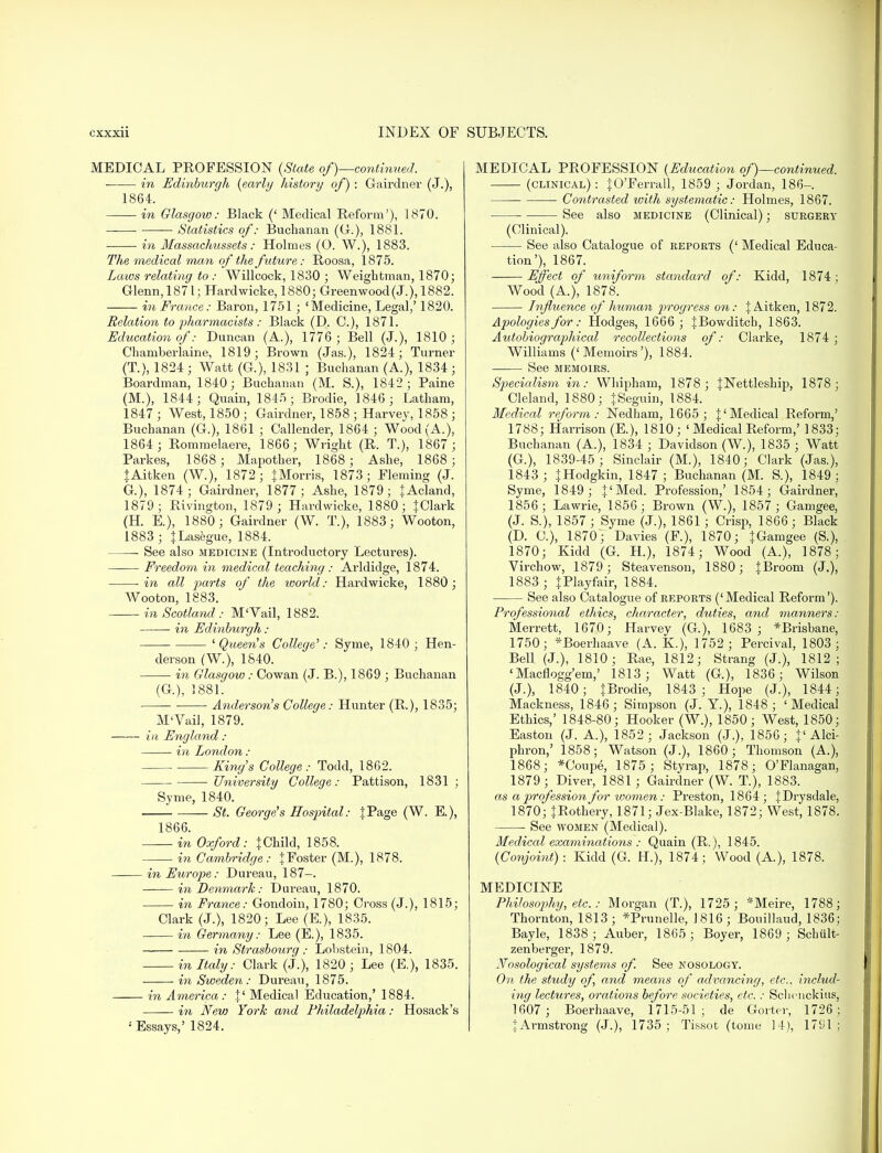MEDICAL PROFESSION (State of)—continued. ■ in Edinburgh (early history of) : Gairdner (J.), 1864. in Glasgow: Black (' Medical Reform'), 1870. ■ Statistics of: Buchanan (G.), 1881. in Massachussets: Holmes (0. W.), 1883. The medical man of the future: Roosa, 1875. Laws relating to : Willcock, 1830 ; Weightman, 1870; Glenn, 1871; Hardwicke, 1880; Greenwood (J.), 1882. in France: Baron, 1751 ; 'Medicine, Legal,' 1820. Relation to pharmacists: Black (D. C), 1871. Education of: Duncan (A.), 1776 ; Bell (J.), 1810 ; Chamberlaine, 1819; Brown (Jas.), 1824; Turner (T.), 1824 ; Watt (G.), 1831 ; Buchanan (A), 1834 ; Boardman, 1840; Buchanan (M. S.), 1842; Paine (M.), 1844; Quain, 1845; Brodie, 1846; Latham, 1847 ; West, 1850 ; Gairdner, 1858 ; Harvey, 1858 ; Buchanan (G.), 1861 ; Callender, 1864 ; Wood (A.), 1864 ; Rommelaere, 1866; Wright (R. T.), 1867 ; Parkes, 1868; Mapother, 1868; Ashe, 1868; {Aitken (W.), 1872; {Morris, 1873; Fleming (J. G.), 1874; Gairdner, 1877; Ashe, 1879; {Acland, 1879; Rivington, 1879 ; Hardwicke, 1880; {Clark (H. K), 1880; Gairdner (W. T.), 1883; Wooton, 1883 ; {Lasegue, 1884. See also medicine (Introductory Lectures). Freedom in medical teaching : Arldidge, 1874. in all parts of the world: Hardwicke, 1880; Wooton, 1883. in Scotland : M'Vail, 1882. in Edinburgh: 'Queen's College': Syme, 1840; Hen- derson (W.), 1840. in Glasgow: Cowan (J. B.), 1869 ; Buchanan (G.), 1881. Anderson's College: Hunter (R.), 1835; M'Vail, 1879. in England: in London: King's College : Todd, 1862. University College: Pattison, 1831 ; Syme, 1840. St. George's Hospital: {Page (W. E.), 1866. in Oxford: {Child, 1858. in Cambridge: {Foster (M.), 1878. in Europe: Dureau, 187-. in Denmark: Dureau, 1870. in France: Gondoin, 1780; Cross (J.), 1815; Clark (J.), 1820; Lee (E.), 1835. in Germany: Lee (E.), 1835. in Strasbourg : Lobstein, 1804. in Italy: Clark (J.), 1820 ; Lee (E.), 1835. in Sweden: Dureau, 1875. in America: {' Medical Education,' 1884. — in JVevj York and Philadelphia: Hosack's 'Essays,' 1824. MEDICAL PROFESSION (Education of)—continued. (clinical) : {O'Ferrall, 1859 ; Jordan, 186-. Contrasted with systematic: Holmes, 1867. ■ See also medicine (Clinical); surgery (Clinical). See also Catalogue of reports (' Medical Educa- tion'), 1867. Effect of uniform standard of: Kidd, 1874; Wood (A), 1878. Influence of human progress on: {Aitken, 1872. Apologies for: Hodges, 1666 ; {Bowditch, 1863. Autobiographical recollections of: Clarke, 1874 ; Williams ('Memoirs'), 1884. See memoirs. Specialism in: Whipham, 1878; {Nettleship, 1878; Cleland, 1880; {Seguin, 1884. Medical reform: Nedham, 1665; {'Medical Reform,' 1788; Harrison (E.), 1810; ' Medical Reform,' 1833; Buchanan (A.), 1834 ; Davidson (W.), 1835 ; Watt (G.), 1839-45; Sinclair (M.), 1840; Clark (Jas.), 1843 ; {Hodgkin, 1847 ; Buchanan (M. S.), 1849 ; Syme, 1849 ; {'Med. Profession,' 1854; Gairdner, 1856; Lawrie, 1856; Brown (W.), 1857 ; Gamgee, (J. S.), 1857; Syme (J.), 1861 ; Crisp, 1866; Black (D. C), 1870; Davies (F.), 1870; {Gamgee (S.), 1870; Kidd (G. II.), 1874; Wood (A.), 1878; Virchow, 1879; Steavenson, 1880; {Broom (J.), 1883 ; {Playfair, 1884. See also Catalogue of reports ('Medical Reform'). Professional ethics, character, duties, and manners: Merrett, 1670; Harvey (G.), 1683 ; *Brisbane, 1750; *Boerhaave (A. K.), 1752; Percival, 1803; Bell (J.), 1810; Rae, 1812; Strang (J.), 1812; 'Macflogg'em,' 1813; Watt (G), 1836; Wilson (J.), 1840; {Brodie, 1843; Hope (J.), 1844; Mackness, 1846; Simpson (J. Y.), 1848; 'Medical Ethics,' 1848-80; Hooker (W.), 1850; West, 1850; Easton (J. A.), 1852; Jackson (J.), 1856; {'Alci- phron,' 1858; Watson (J.), 1860 ; Thomson (A.), 1868; *Coupe, 1875 ; Styrap, 1878; O'Flanagan, 1879 ; Diver, 1881 ; Gairdner (W. T.), 1883. as a profession for women: Preston, 1864; {Drysdale, 1870; {Rothery, 1871; Jex-Blake, 1872; West, 1878. ■ See women (Medical). Medical examinations : Quain (R.), 1845. (Conjoint) : Kidd (G. H.), 1874; Wood (A), 1878. MEDICINE Philosophy, etc.: Morgan (T.), 1725; *Meire, 1788; Thornton, 1813; *Prunelle, 1816; Bouillaud, 1836; Bayle, 1838; Auber, 1865 ; Boyer, 1869 ; Schiilt- zenberger, 1879. Nosological systems of See nosology. On the study of, and means of advancing, etc., includ- ing lectures, o?-ations before societies, etc.: Sclicnckius, 1607 ; Boerhaave, 1715-51; de Goiter, 1726; {Armstrong (J.), 1735; Tissot (tome 14), 1791;