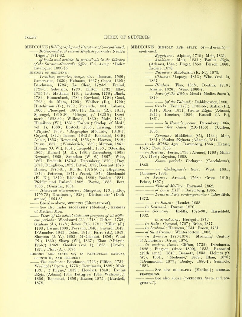 MEDICINE (Bibliography and literature of)—continued. Bibliography, of several English journals: Neale's 'Digest,' 1877-82. of books and articles in periodicals in the Library of the Surgeon-General's Office, U.S. Army : ' Index Catalogue,' 1880-J5. HISTORY OF MEDICINE : Treatises, memoirs, essays, etc.: Donatus, 158G ; Camerarius, 1630; Helmont, 1667; Capoa, 1695; Barchusen, 1723; Le Clerc, 1723-9; Freind, 1725-6; Schulzius, 1728 ; Clifton, 1732 ; Eloy, 1755-78; Matthiae, 1761; Lettsom, 1778 ; Black, 1782; Blumenbach, 1786 ; Rowland, 1794; Good, 1795 ; de Meza, 1795; Walker (R.), 1799 ; Hutchinson (B.),1799; Tour telle, 1804; Cabanis, 1806 ; Ploucquet, 1808-14; Millar (R), 1811; Sprengel, 1815-20; 'Biography,' 1820-5; Dezei- ineris, 1828-39; Willcock, 1830; Moir, 1831; Hamilton (W.), 1831 ; Forbes (' Cyclop, of Med.', vol. 1), 1833 ; Bostock, 1835 ; Leasing, 1838; 'Physic,' 1839; ' Biographie Medicale,' 1840-1; Gnyard, 1842; Isensee, 1842-5; Renouard, 1849; Auber, 1853 ; Renouard, 1856; v. Hoeven, 1842; Peisse, 1857 ; {Wunderlich, 1859 ; Meryon, 1861 ; Holmes (O. W.), 1861 ; Leupoldt, 1863 ; JGuardia, 1865; Russell (J. R), 1861 ; Daremberg, 1865; Regnard, 1865 ; Saunders (W. S.), 1867 ; Wise, 1867; Fredault, 1870-3; Daremberg, 1870; {Day, 1872; Dunglison, 1872; Littre, 1872; Bouchut, 1873; Haeser, 1875-81 ; Rohlfs, 1875-80-5 ; Jiirgensen, 1876; Petersen, 1877; Perret, 1879; Macdonald (K. N.), 1879 ; Richards, 1880; Borden, 1881; Pfeiffer und Ruland, 1882; Payne, 1883; Fort, 1883; JGuardia, 1884. ■ Historical dictionaries: Mangetus, 1731; Eloy, 1755-78; Dezeimeris, 1828; ' Dictionnaire' (Dech- ambre), 1864-85. ■ See also above, medicine (Literature of). See also under biography (Medical); memoirs of Medical Men. Views of the actual state and progress of, at differ- ent periods : Woodward (J.), 1718; Clifton, 1732 ; Graham (J.), 1778; Jones (R.), 1781 ; Millar (J.), 1798; Uwins, 1808; Peyrand, 1840; Guyard, 1842 ; D'Amador, 1843 ; Colas, 1848; Farre (A.), 1849 ; Simpson (J. Y.), 1853 ; M'Gilchrist, 1856 ; Ward (N), 1860; Sharp (W.), 1867; Elam ('Physic. Prob.'), 1869; Goodsir (vol. 1), 1868; {Crosby, 1871 ; Flint (A.), 1875. HISTORY AND STATE OF, IN PARTICULAR NATIONS, COUNTRIES, AND PERIODS : The ancients: Barchusen, 1723 ; Clifton, 1732 ; Werlhof ('Opera'), 1775 ; Dezeimeris, 1828; Moir, 1831; }' Physic,' 1839 ; Houdart, 1840; Paulus ^Egin. (Adams), 1844; Pettigrew, 1844; Watson(J.), 1856 ; Renouard, 1856 ; Haeser, 1875 ; {Burchell, 1878. MEDICINE (history and state of—Ancients) — continued. Egyptians: Alpinus, 1719; Moir, 1831. Arabians: Moir, 1831 ; Paulus ^Egin. (Adams), 1844; Dugat, 1853 ; Perron, 1860; Leclerc, 1876. Burmese: Macdonald (K. N.), 1879. Chinese: *Lepage, 1813; Wise (vol. 2), 1867. Hindoos: Piso, 1658; Bontius, 1718; Ainslie, 1826; Wise, 1860-7. Jews (of the Bible): Mead (' Medica Sacra'), 1849. (of the Talmud): Rabbinowicz, 1880. Greeks: Freind (J.), 1735-55; Millar (R.), 1811; Moir, 1831; Paulus Mgm. (Adams), 1844; Houdart, 1856; Russell (J. R), 1861. in Homer's poems: Daremberg, 1865. after Galen (210-1453) : {Oorlien, 1885. Romans : Middleton (C), 1734 ; Moir, 1831 ; Paulus ^gineta (Adams), 1844. in the Middle Ages: Daremberg, 1865 ; Haeser, 1875 ; Fort, 1883. in Britain: Ferris, 1795 ; Arnaud, 1768 ; Millar (J.), 1798 ; Royston, 1808. Saxon period: Cockayne ('Leechdoms'), 1865. ■ in Shakespeare's time : West, 1881 ; JChesney, 1884. in France: Arnaud, 1768 ; Cross. 1815; Peisse, 1857 ; Time of Moliere : Raynaud, 1862. ■ of Louis XIV. : Daremberg, 1865. Louis and his contemporaries: JBowditch, 1872. in Rouen: JLeudet, 1858. in Denmark: Dureau, 1870. in Germany: Rohlfs, 1875-80; Hirschfeld, 1882. in Strasbourg : Herrgott, 1872. in Italy: Cogrossi, 1727; Brian, 1877. in Lapland: Harmens, 1734 ; Rosen, 1751. of the Africans: Winterbottom, 1803. in America 1776-1876: 'Medicine,' Century of American; |Gross, 1876. in modern times: Clifton, 1732; Dezeimeris, 1828 ; Pingeon (since 1800), 1833; Renouard (19th cent.), 1849; Bennett, 1855; Holmes (O. W.), 1861; 'Medicine,' 1869 ; Elam, 1870; JDrumniond, 1877; Bouley, 1880-1; Semmola, 1881. See also biography (Medical); medical PROFESSION. See also above ('medicine, State and pro- gress of).
