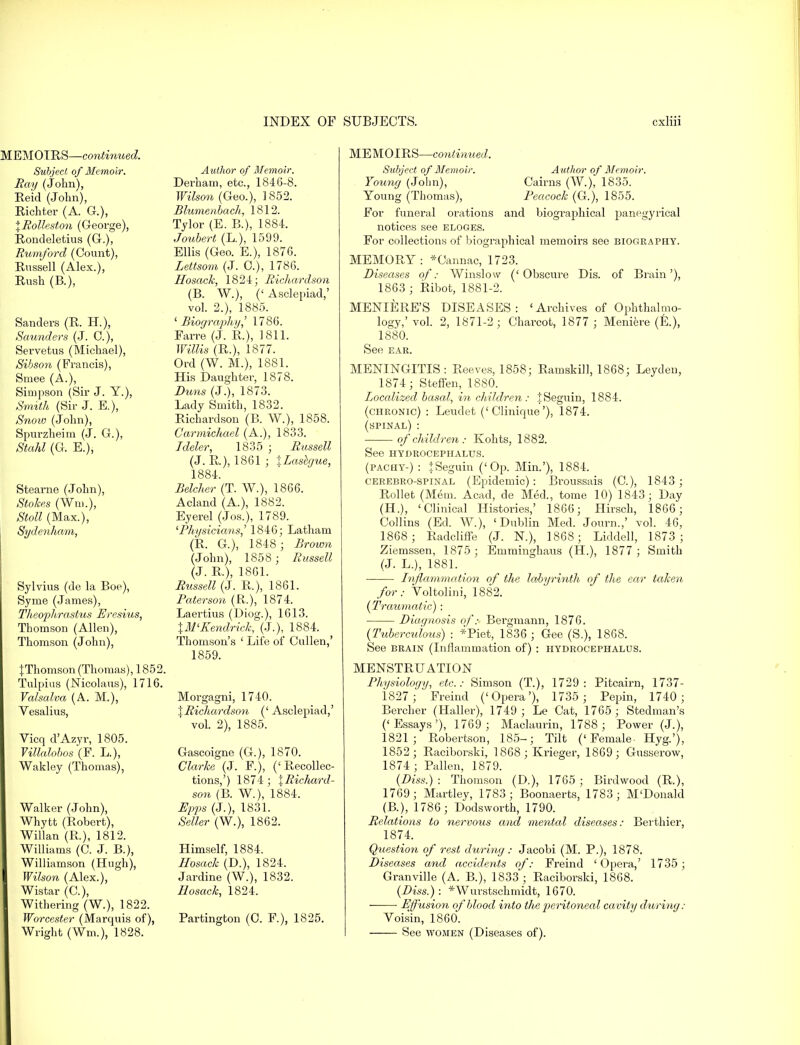 MEMOIRS—continued. Subject of Memoir. Ray (John), Reid (John), Richter (A. G.), %Rolleston (George), Rondeletius (G.), Rumford (Count), Russell (Alex.), Rush (B.), Sanders (R. H.), Saunders (J. C), Servetus (Michael), Sibson (Francis), Smee (A.), Simpson (Sir J. Y.), Smith (Sir J. E.), Snow (John), Spurzheim (J. G.), Stahl (G. E.)j Stearne (John), Stokes (Win.), Stoll (Max.), Sydenham, Sylvius (de la Boe), Syme (James), Theophrastus Eresius, Thomson (Allen), Thomson (John), {Thomson (Thomas), 1852. Tulpius (Nicolaus), 1716. Valsalva (A. M.), Vesalius, Vicq d'Azyr, 1805. Villalobos (F. L.), Wakley (Thomas), Walker (John), Whytt (Robert), Willan (R.), 1812. Williams (C. J. B.), Williamson (Hugh), Wilson (Alex.), Wistar (C), Withering (W.), 1822. Worcester (Marquis of), Wright (We), 1828. INDEX OF Author of Memoir. Derham, etc., 1846-8. Wilson (Geo.), 1852. Blumenbach, 1812. Tylor (E. B.), 1884. Joubert (L.), 1599. Ellis (Geo. E.), 1876. Lettsom (J. 0.), 1786. Hosack, 1824; Richardson (B. W.), (' Asclepiad,' vol. 2.), 1885. ' Biography,' 1786. Farre (J. R.), 1811. Willis (R.), 1877. Ord (W. M.), 1881. His Daughter, 1878. Duns (J.), 1873. Lady Smith, 1832. Richardson (B. W.), 1858. Carmichael (A.), 1833. Jdeler, 1835 ; Russell (J. R.), 1861 ; %Laslgue, 1884. Belcher (T. W.), 1866. Acland (A.), 1882. Eyerel (Jos.), 1789. 'Physicians,' 1846; Latham (R. G.), 1848; Brown (John), 1858; Russell (J. R.), 1861. Russell (J. R), 1861. Paterson (R.), 1874. Laertius (Diog.), 1613. XM'Kendrick, (J.), 1884. Thomson's ' Life of Cullen,' 1859. Morgagni, 1740. '\.Richardson (' Asclepiad,' vol. 2), 1885. Gascoigne (G.), 1870. Clarke (J. F.), ('Recollec- tions,') 1874 ; I Richard- son (B. W.), 1884. JBppa (J.), 1831. Seller (W.), 1862. Himself, 1884. Hosack (D.), 1824. Jardine (W.), 1832. Hosack, 1824. Partington (0. F.), 1825. SUBJECTS. cxliii MEMOIRS—continued. Subject of Memoir. Author of Memoir. Young (John), Cairns (W.), 1835. Young (Thomas), Peacock (G.), 1855. For funeral orations and biographical panegyrical notices see eloges. For collections of biographical memoirs see biography. MEMORY: *0annac, 1723. Diseases of: Winslow ('Obscure Dis. of Brain'), 1863 ; Ribot, 1881-2. MENIERE'S DISEASES: 'Archives of Ophthalmo- logy,' vol. 2, 1871-2; Charcot, 1877 ; Meniere (E.), 1880. See ear. MENINGITIS: Reeves, 1858; Ramskill, 1868; Leyden, 1874; Steffen, 1880. Localized basal, in children: |Seguin, 1884. (chronic) : Leudet ('Clinique'), 1874. (spinal) : of children: Kohts, 1882. See HYDROCEPHALUS. (pachy-) : +Seguin ('Op. Min.'), 1884. cerebro-spinal (Epidemic) : Broussais (C.), 1843; Rollet (Mem. Acad, de Med., tome 10) 1843; Day (H.), 'Clinical Histories,' 1866; Hirsch, 1866; Collins (Ed. W.), 'Dublin Med. Journ.,' vol. 46, 1868; Radcliffe (J. N.), 1868; Liddell, 1873; Ziemssen, 1875; Emminghans (H.), 1877; Smith (J. L.), 1881. Inflammation of the labyrinth of the ear taken for: Voltolini, 1882. (Traumatic): Diagnosis of: Bergmann, 1876. (Tuberculous) : *Piet, 1836 ; Gee (S.), 1868. See brain (Inflammation of) : hydrocephalus. MENSTRUATION Physiology, etc.: Simson (T.), 1729: Pitcairn, 1737- 1827 ; Freind ('Opera'), 1735 ; Pepin, 1740; Bercher (Haller), 1749 ; Le Cat, 1765; Stedman's ('Essays'), 1769; Maclaurin, 1788 ; Power (J.), 1821; Robertson, 185-; Tilt ('Female Hyg.'), 1852; Raciborski, 1868 ; Krieger, 1869; Gusserow, 1874 ; Pallen, 1879. (Diss.) : Thomson (D.), 1765 ; Birdwood (R.), 1769 ; Martley, 1783; Boonaerts, 1783; M'Donald (B.), 1786; Dodsworth, 1790. Relations to nervous and mental diseases: Berthier, 1874. Question of rest during : Jacobi (M. P.), 1878. Diseases and accidents of: Freind 'Opera,' 1735; Granville (A. B.), 1833 ; Raciborski, 1868. (Diss.) : *Wurstschmidt, 1670. Effusion of blood into the peritoneal cavity during: Voisin, 1860. See women (Diseases of).