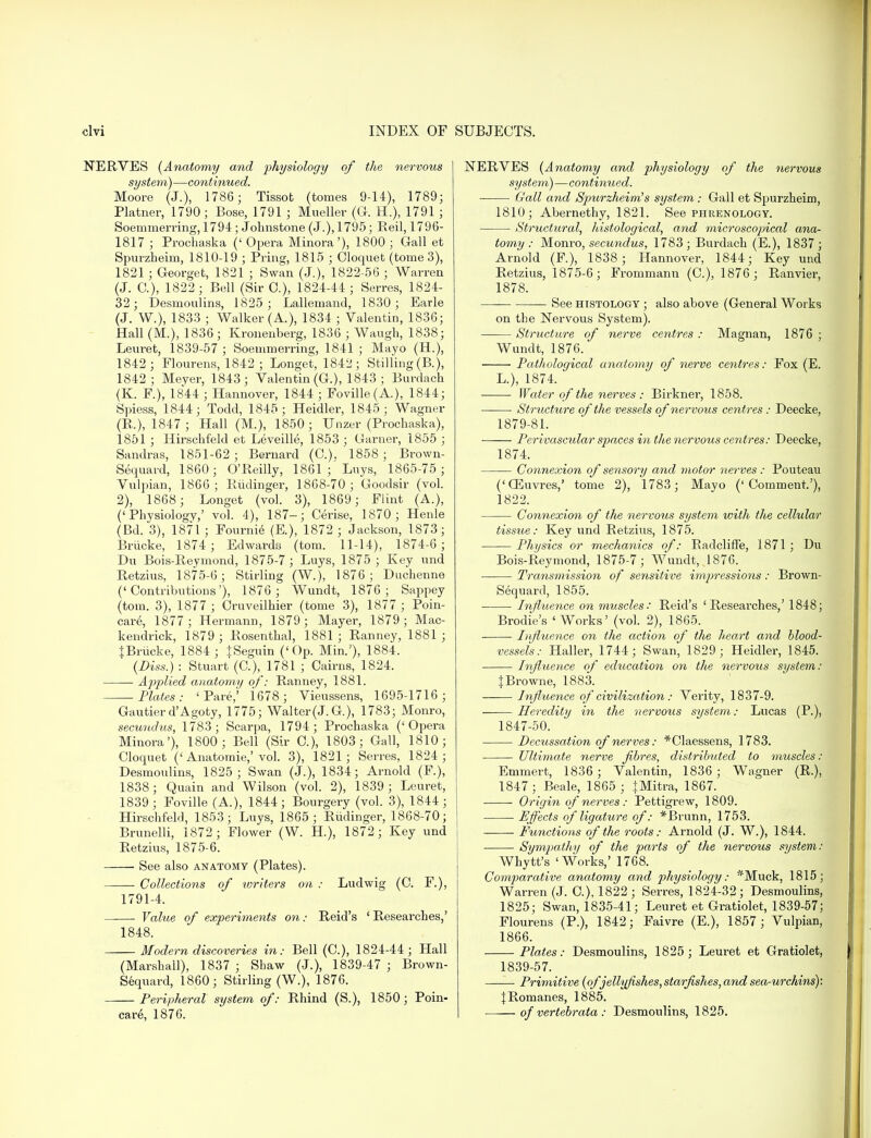 NERVES (Anatomy and physiology of the nervous system)—continued. Moore (J.), 1786 ; Tissot (tomes 9-14), 1789; Platner, 1790; Bose, 1791 ; Mueller (G. H.), 1791 ; Soemmerring, 1794; Johnstone (J.), 1795; Reil, 1796- 1817 ; Prochaska (' Opera Minora '), 1800 ; Gall et Spurzheim, 1810-19 ; Pring, 1815 ; Oloquet (tome 3), 1821 ; Georget, 1821 ; Swan (J.), 1822-56 ; Warren (J. Q), 1822; Bell (Sir 0.), 1824-41; Serres, 1824- 32; Desmoulins, 1825 ; Lallemand, 1830 ; Earle (J. W.), 1833 ; Walker (A.), 1834 ; Valentin, 1836; Hall (M.), 1836 ; Kronenberg, 1836 ; Waugh, 1838; Leuret, 1839-57 ; Soemmerring, 1841 ; Mayo (H.), 1842; Flourens, 1842 ; Longet, 1842; Stilling(B.), 1842; Meyer, 1843; Valentin (G.), 1843 ; Burdach (K. P.), 1844 ; Hannover, 1844 ; Foville(A.), 1844; Spiess, 1844; Todd, 1845; Heidler, 1845; Wagner (P.), 1847 ; Hall (M.), 1850 ; Unzer (Prochaska), 1851 ; Hirschfeld et Leveille, 1853 ; Garner, 1855 ; Sandras, 1851-62; Bernard (C), 1858; Brown- Sequard, 1860; O'Reilly, 1861; Luys, 1865-75 ; Vulpian, 1866; Riidinger, 1868-70; Goodsir (vol. 2), 1868; Longet (vol. 3), 1869; Flint (A.), ('Physiology,' vol. 4), 187-; Cerise, 1870 ; Henle (Bd. 3), 1871 ; Fournie (E.), 1872 ; Jackson, 1873; Briicke, 1874 ; Edwards (torn. 11-14), 1874-6 ; Du Bois-Reymond, 1875-7; Luys, 1875 ; Key und Retzius, 1875-6; Stirling (W.), 1876; Duchenne ('Contributions'), 1876 ; Wundt, 1876; Sappey (torn. 3), 1877 ; Cruveilhier (tome 3), 1877 ; Poin- care, 1877; Hermann, 1879; Mayer, 1879; Mac- kendrick, 1879 ; Rosenthal, 1881; Ranney, 1881; JBrucke, 1884 ; JSeguin ('Op. Min.'), 1884. (Diss.) : Stuart (C), 1781 ; Cairns, 1824. Applied anatomy of: Ranney, 1881. Plates: 'Pare,' 1678; Vieussens, 1695-1716 ; Gautierd'Agoty, 1775; Walter (J. G.), 1783; Monro, secundus, 1783; Scarpa, 1794; Prochaska ('Opera Minora'), 1800; Bell (Sir C), 1803; Gall, 1810; Cloquet ('Anatomie,'vol. 3), 1821; Serres, 1824 ; Desmoulins, 1825; Swan (J.), 1834; Arnold (F.), 1838; Quain and Wilson (vol. 2), 1839; Leuret, 1839; Foville (A.), 1844; Bourgery (vol. 3), 1844; Hirschfeld, 1853; Luys, 1865; Riidinger, 1868-70; Brunelli, 1872; Flower (W. H.), 1872; Key und Retzius, 1875-6. See also anatomy (Plates). Collections of writers on : Ludwig (C. F.), 1791-4. Value of experiments on: Reid's ' Researches,' 1848. Modern discoveries in: Bell (C), 1824-44; Hall (Marshall), 1837 ; Shaw (J.), 1839-47 ; Brown- Sequard, 1860; Stirling (W.), 1876. Peripheral system of: Rhind (S.), 1850; Poin- care, 1876. NERVES (Anatomy and physiology of the nervous system)—continued. Gall and Sjnirzheim^s system: Gall et Spurzheim, 1810; Abernethy, 1821. See phrenology. Structural, histological, and microscopical ana- tomy : Monro, secundus, 1783; Burdach (E.), 1837; Arnold (F.), 1838 ; Hannover, 1844; Key und Retzius, 1875-6; Frommann (C), 1876; Ranvier, 1878. See histology ; also above (General Works on the Nervous System). Structure of nerve centres : Magnan, 1876 ; Wundt, 1876. Pathological anatomy of nerve centres: Fox (E. L.), 1874. Water of the nerves : Birkner, 1858. Strxicture of the vessels of nervous centres: Deecke, 1879-81. Perivascidar spaces in the nervous centres: Deecke, 1874. Connexion of sensory and motor nerves: Pouteau ('GEuvres,' tome 2), 1783; Mayo ('Comment.'), 1822. Connexion of the nervous system with the cellular tissue: Key und Retzius, 1875. Physics or mechanics of: Radcliffe, 1871; Du Bois-Reymond, 1875-7; Wundt, 1876. Transmission of sensitive imjiressioxis: Brown- Sequard, 1855. Influence on muscles: Reid's 'Researches,' 1848; Brodie's 'Works' (vol. 2), 1865. Influence on the action of the heart and blood- vessels: Haller, 1744; Swan, 1829; Heidler, 1845. Influence of education on the nervous system: \ Browne, 1883. Influence of civilization: Verity, 1837-9. Heredity in the nervous system: Lucas (P.), 1847-50. Decussation of nerves: *Claessens, 1783. Ultimate nerve fibres, distributed to muscles: Emmert, 1836 ; Valentin, 1836 ; Wagner (R.), 1847; Beale, 1865; JMitra, 1867. Origin of nerves: Pettigrew, 1809. Effects of ligature of: *Brunn, 1753. Functions of the roots: Arnold (J. W.), 1844. Sympathy of the parts of the nervous system: Whytt's 'Works,' 1768. Comparative anatomy and physiology: *Muck, 1815; Warren (J. O.), 1822 ; Serres, 1824-32; Desmoulins, 1825; Swan, 1835-41; Leuret et Gratiolet, 1839-57; Flourens (P.), 1842; Faivre (E.), 1857; Vulpian, 1866. Plates: Desmoulins, 1825; Leuret et Gratiolet, 1839-57. Primitive (of jellyfishes, starfishes, and sea-urchins)1. | Romanes, 1885. of vertebrata : Desmoulins, 1825.