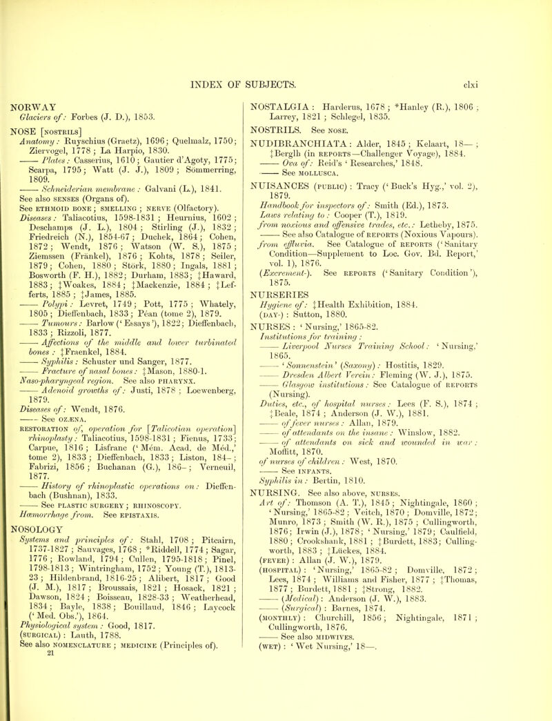 NORWAY Glaciers of: Forbes (J. D.), 1853. NOSE [nostrils] Anatomy: Ruyschius (Graetz), 1696; Quelmalz, 1750; Ziervogel, 1778 ; La Harpio, 1830. Plates: Casserius, 1610; Gautier d'Agoty, 1775; Scarpa, 1795; Watt (J. J.), 1809 ; Sommerring, 1809. Schneiderian membrane : Galvani (L.), 1841. See also senses (Organs of). See ethmoid bone ; smelling ; nerve (Olfactory). Diseases: Taliacotius, 1598-1831 ; Heurnius, 1602; Deschamps (J. L.), 1804 ; Stirling (J.), 1832 ; Friedreich (N.), 1854-67 ; Duchek, 1864; Cohen, 1872 ; Wendt, 1S76 ; Watson (W. S.), 1875 ; Ziemssen (Frankel), 1876; Kohts, 1878; Seiler, 1879; Cohen, 1880; Stork, 1880; Ingals, 1881; Bosworth (F. H.), 1882; Durham, 1883; JHaward, 1883; JWoakes, 1884; {Mackenzie, 1884 ; |Lef- ferts, 1885 ; +James, 1885. Polypi: Levret, 1749; Pott, 1775; Whately, 1805; Dieffenbach, 1833; Pean (tome 2), 1879. Tumours: Barlow (' Essays '), 1822; Dieffenbach, 1833 ; Rizzoli, 1877. • Affections of the middle and lower turbinated bones : |Fraenkel, 1884. Syphilis : Schuster und Sanger, 1877. Fracture of nasal bones: |Mason, 1880-1. Naso-pharyngeal region. See also pharynx. Adenoid growths of: Justi, 1878 ; Loewenberg, 1879. Diseases of: Wendt, 1876. See oz^ena. restoration of, operation for [Talicotian operation^ rhinoplasty: Taliacotius, 1598-1831; Fienus, 1733; Carpue, 1816; Lisfranc ('Mem. Acad, de Med.,' tome 2), 1833 ; Dieffenbach, 1833; Liston, 184-; Fabrizi, 1856 ; Buchanan (G.), 186-; Verneuil, 1877. History of rhinoplastic operations on: Dieffen- bach (Bushnan), 1833. See plastic surgery ; rhinoscopy. Hcemorrhage from. See epistaxis. NOSOLOGY Systems and principles of: Stahl, 1708 ; Pitcairn, 1737-1827 ; Sauvages, 176S ; *Riddel), 1774; Sagar, 1776 ; Rowland, 1794 ; Culler,, 1795-1818; Pinel, 1798-1813 ; Wintringham, 1752 ; Young (T.), 1813- 23; Hildenbrand, 1816-25; Alibert, 1817; Good (J. M.), 1817; Broussais, 1821 ; Hosack, 1821 ; Dawson, 1824; Boisseau, 1828-33; Weatherhead, 1834; Bayle, 1838; Bouillaud, 1846; Laycock ('Med. Obs.'), 1864. Physiological system : Good, 1817. (surgical) : Lauth, 1788. See also nomenclature ; medicine (Principles of). NOSTALGIA : Harderus, 1678 ; *Hanley (R.), 1806 ; Larrey, 1821 ; Schlegel, 1835. NOSTRILS. See nose. NUDIBRANCHIATA: Alder, 1845; Kelaart, 18—; .tBerglh (in reports—Challenger Voyage), 1884. Ova of: Reid's ' Researches,' 1848. See mollusca. NUISANCES (public) : Tracy (' Buck's Hyg.,' vol. 2), 1879. Handbook for inspectors of: Smith (Ed.), 1873. Laws relating to: Cooper (T.), 1819. from noxious and offensive trades, etc.: Letheby, 1875. See also Catalogue of reports (Noxious Vapours). from effluvia. See Catalogue of reports ('Sanitary Condition—Supplement to Loc. Gov. Bd. Report,' vol. 1), 1876. (Excrement-). See reports ('Sanitary Condition'), 1875. NURSERIES Hygiene of: |Health Exhibition, 1884. (day-) : Sutton, 1880. NURSES : 'Nursing,' 1865-82. Institutioyis for training: Liverpool Nurses Training School: ' Nursing,' 1865. ' Sonnenstei?i' (Saxony): Hostitis, 1829. — Dresden Albert Verein: Fleming (W. J.), 1875. Glasgow institutions: See Catalogue of reports (Nursing). Duties, etc., of hospital nurses: Lees (F. S.), 1874; JBeale, 1874 ; Anderson (J. W.), 1881. of fever nurses: Allan, 1879. of attendants on the insane: Winslow, 1882. of attendants on sick and wounded in war : Moftitt, 1870. of nurses of children : West, 1870. ■ ■ See infants. Syphilis in: Bertin, 1810. NURSING. See also above, nurses. Art of: Thomson (A. T.), 1845; Nightingale, 1860; 'Nursing,' 1865-82 ; Veitch, 1870; Domville, 1872; Munro, 1873 ; Smith (W. R.), 1875 ; Cullingworth, 1876; Irwin (J.), 1878; ' Nursing,' 1879; Caulheld. 1880; Crookshank, 1881 ; JBurdett, 1883; Culling- worth, 1883 ; jLiickes, 1884. (fever) : Allan (J. W.), 1879. (hospital): 'Nursing,' 1865-82; Domville, 1872; Lees, 1874; Williams and Fisher, 1877; {Thomas, 1877; Burdett, 1881 ; {Strong, 1882. (Mediced): Anderson (J. W.), 1883. (Surgical) : Barnes, 1874. (monthly): Churchill, 1856; Nightingale, 1871; Culling worth, 1876. ■ See also midwives. (wet) : 'Wet Nursing,' 18—.