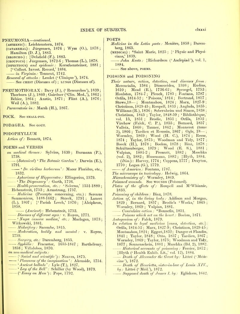 PNEUMONIA—continued. (asthenic): Leichtenstern, 1874. (catarrhal) : Jurgensen, 1876 ; Wyss (0.), 1878; Hamilton (D. J.), 1883. (broncho-) : JDelafield (F.). 1883. (croupous) : Jurgensen, 1872-6 ; Thomas (L.), 1878. (infectious) and epidemic: Kerschensteiner, 1881; %l Collect. Invest. Record,' 1884. in Virginia,: Tennent, 1742. Renewal of attacks : Leudet (' Clinique '), 1874. See chest (Diseases of) ; lungs (Diseases of). PNEUMOTHORAX: Davy (J.), ('Researches'), 1839; Thorburn (J.), 1860; Gairdner ('Clin. Med.,'), 1862 ; Behier, 1864 ; Anstie, 1871; Flint (A.), 1876; Weil (A.), 1882. Paracentesis in: Marsh (H), 1867. POCK. See small-pox. PODAGRA. See gout. PODOPHYLLUM Action of: Bennett, 1874. POEMS and VERSES on medical themes: Sylvius, 1630; Burmann (P.), 1738. (Botanical) ' The Botanic Garden': Darwin (E.), 1791. ' De viribus herbarum': Macer Floridus, etc., 1832. Aphorisms of Hippocrates : Ellingerius, 1579. ' The Dispensary ': Garth, 1726. HeaWi-preservation, etc. : ' Salerno,' 1551-1880 ; Hebenstreit, 1753 ; Armstrong, 1757. — Medicine (Precepts concerning, etc.) : Serenus Sammonicus, 1488-1662 ; Storck, 1791 ; Lancet (L.), 1S07; f Parish Leech,' 1870; tAlciphron, 1858. (Ancient) : Hebenstreit, 1753. Diseases of different ages: v. Royen, 1771. ' Nugai canorce medicce,' etc. : Maclagan, 1873 ; Witkowski, 1881. Midwifery: Sacombe, 1815. Moderation, bodily and menial: v. Royen, 1759. — Surgery, etc.: Daremberg, 1855. Syphilis: Fracastor, 1655-1847; Barthelemy, 1858; Villalobos, 1870. on non-medical subjects: (' Social and scientific '.): Neaves, 1875. ■ ' Pleasures of the imagination ': Akenside, 1754. 'Ancient ballads ': Lyle (T), 1827. — 'Lay of the Bell': Schiller (by Wood), 1879. (' Essay on Man '): Pope, 1 792. POETS Medicine in the Latin poets: Meniere, 1858 ; Darem- berg, 1865. (medical) : *Saint Marie, 1825 ; i' Physic and Physi- cians,' 1839. John Keats: 1 Richardson ('Asclepiad'), vol. 1, 1884. See above, poems. POISONS and POISONING Their nature, action, detection, and diseases from : Mercurialis, 1584 ; Dioscorides, 1598; Rudius, 1610; Mead (R), 1736-62; Sproegel, 1753: Houlston, 1784-7 ; Plenck, 1785 ; Fontana, 1787: Orfila, 1814-52 ; 'Poisons,' 1814 ; Bertrand, 1817 ; Stowe,18—; Montmahou, 1824; Marx, 1827-9 ; Christison, 1829-45 ; Roupell, 1833 ; Anglada, 1835 ; Williams (R-), 1836 ; Sobernheim und Simon, 1838 ; Christison, 1845 ; Taylor, 1848-59 ; ' Bibliotheque,' vol. 15, 1851 ; Brodie, 1851 ; Orfila, 1852 ; Virchow (Falck, C. P.), 1855; Bernard, 1857 ; Valleix, 1860; Tanner, 1862; Monneret (tome 3), 1866; Tardieu et Roussin, 1867 ; Ogle, 18—; Wormley, 1869; Wood (H. C), 1874 ; Reese, 1874 ; Taylor, 1875; Woodman and Tidy, 1877; Boeck (H.), 1878 ; Boehm, 1878 ; Binz, 1878 ; Schiiltzenberger, 1879 ; Wood (E. S.), 1881 ; Vulpian, 1881-2 ; Prescott, 1882 ; Maschka (vol. 2), 1882; Husemaim, 1882; JBlyth, 1884. (Diss.): Harvey, 1774 ; Cappens, 1777 ; Drayton, 1770 ; Logan (G), 1779. — of America: Fontana, 1787. The microscope in toxicology: Helwig, 18G4. Microchemistry of: Wormley, 1869. Poisoned wounds. See wounds (Poisoned). Plates of the effects of: Roupell and M'Whinnie, 1833.* Poisoning of children : Binz, 1878. Action of, in the living bod//: Addison and Morgan, 1829; Bernard, 1857; Brodie's 'Works,' 1865; Wormley, 1869 ; Vulpian, 1881. — Convidsive action: *Bonnefin, 1851. Poisons which act on the heart: Boehm, 1871. Antagonism of: Falck, 1879. In relation to legal medicine [cases, detection, etc.~\: Orfila, 1814-52'; Marx, 1827-9; Christison, 1829-45; Montmahou, 1824; Eggert,1832; Danger et Flandin, 1841; Taylor, 1848; Otto, 1857 ; Tardieu, 1867; Wormley, 1869 ; Taylor, 1875; Woodman and Tidy, 1877; Sonnenschein, 1881 ; Maschka (Bd. 2), 1882. Historical accounts of poisoning : Ferrier, 1872 ; JBlyth ('Health Exhib. Lit.,' vol.'12), 1884. Death of Alexander the Great by: Littre (' Mede- cine'), 1872. Death of Henrietta, sister-in-law of Louis XIV., by: Littre (' Med.'), 1872. Supposed death of James I. by: Eglishani, 1642.