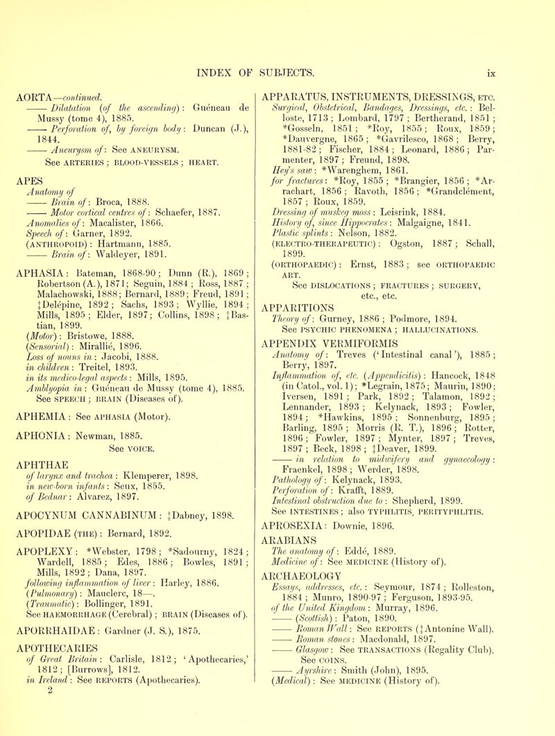 AORTA—continued. Dilatation (of the ascending) : Gueneau de Mussy (tome 4), 1885. Perforation of, by foreign body: Duncan (J.), 1844. Aneurysm of: See aneurysm. See ARTERIES ; BLOOD-VESSELS ; HEART. APES Anatomy of Brain of: Broca, 1888. Motor cortical centres of: Schaefer, 1887. Anomalies of: Macalister, 1866. Speech of: Garner, 1892. (anthropoid): Hartmann, 1885. Brain of: AValdeyer, 1891. APHASIA: Bateman, 1868-90; Dunn (ft.), 1869; Robertson (A.), 1871; Seguin, 1884; Ross, 1887; Malachowski, 1888; Bernard, 1889; Freud, 1891; JDelepine, 1892; Sachs, 1893; Wyllie, 1894; Mills, 1895; Elder, 1897; Collins, 1898; JBas- tian, 1899. (Motor): Bristowe, 1888. (Sensorial): Mirallie, 1896. Loss of nouns in: Jacobi, 1888. in children: Treite], 1893. in its medico-legal aspects : Mills, 1895. Amblyopia in: Gueneau de Mussy (tome 4), 1885. See speech; BRAIN (Diseases of). APHEMIA : See aphasia (Motor). APHONIA: Newman, 1885. See voice. APHTHAE of larynx and trachea : Klemperer, 1898. in neiv-bom infants : Seux, 1855. of Bednar: Alvarez, 1897. APOCYNUM CANNABINUM : JDabney, 1898. APOPIDAE (the) : Bernard, 1892. APOPLEXY: *Webster, 1798; *Sadourny, 1824; Wardell, 1885; Edes, 1886; Bowles, 1891; Mills, 1892; Dana, 1897. following inflammation of liver : Harley, 1886. (Pulmonary): Mauclerc, 18—. (Traumatic): Bollinger, 1891. See haemorrhage (Cerebral); BRAIN (Diseases of). APORRHAIDAE: Gardner (J. S.), 1875. APOTHECARIES of Great Britain: Carlisle, 1812; 'Apothecaries,' 1812 ; [Burrows], 1812. in Ireland : See reports (Apothecaries). 2 APPARATUS, INSTRUMENTS, DRESSINGS, etc. Surgical, Obstetrical, Bandages, Dressings, etc. : Bel- loste, 1713; Lombard, 1797 ; Bertherand, L851 ; *Gosseln, 1851; *Roy, 1855; Roux, 1859; *Dauvergne, 1865; *Gavrilesco, 1868; Berry, 1881-82; Fischer, 1884; Leonard, 1886; Par- menter, 1897 ; Freund, 1898. Hey s sa w. *Warenghem, 1861. for fractures: *Roy, 1855; *Brangier, 1856; *Ar- rachart, 1856; Ravoth, 1856; *Grandclement, 1857 ; Roux, 1859. Dressing of muskeg moss : Leisrink, 1884. History of, since Hippocrates: Malgaigne, 1841. Plastic splints : Nelson, 1882. (electro-therapeutic) : Ogston, 1887 ; Schall, 1899. (orthopaedic): Ernst, 1883; see ORTHOPAEDIC ART. See DISLOCATIONS ; FRACTURES ; SURGERY, etc., etc. APPARITIONS Theory of: Gurney, 1886 ; Podmore, 1894. See PSYCHIC PHENOMENA ; HALLUCINATIONS. APPENDIX VERMIFORMIS Anatomy of: Treves ('Intestinal canal'), 1885; Berry, 1897. Inflammation of, etc. (Appendicitis) : Hancock, 1848 (inCatol, vol. 1); *Legrain, 1875; Maurin, 1890; Iversen, 1891; Park, 1892 ; Talamon, 1892; Lennander, 1893; Kelynack, 1893; Fowler, 1894; *Hawkins, 1895; Sonnenburg, 1895; Barling, 1895; Morris (R. T.), 1896; Rotter, 1896; Fowler, 1897; Mynter, 1897; Treves, 1897 ; Beck, 1898 ; JDeaver, 1899. in relation to midwifery and gynaecology: Fraenkel, 1898; Werder, 1898. Pathology of: Kelynack, 1893. Perforation of: Krafft, 1889. Intestinal obstruction due to : Shepherd, 1899. See INTESTINES ; also TYPHLITIS, PERITYPHLITIS. APROSEXIA: Downie, 1896. ARABIANS The anatomy of: Edde, 1889. Medicine of: See MEDICINE (History of). ARCHAEOLOGY Essays, addresses, etc.: Sevmour, 1874; Rolleston, 1884; Munro, 1890-97; Ferguson, 1893-95. of the United Kingdom : Murray, 1896. (Scottish): Paton, 1890. Pioman Wall: See reports (JAntonine Wall). Roman stones: Macdonald, 1897. Glasgow: See transactions (Regality Club). See coins. Ayrshire: Smith (John), 1895. (Medical): See MEDICINE (History of).