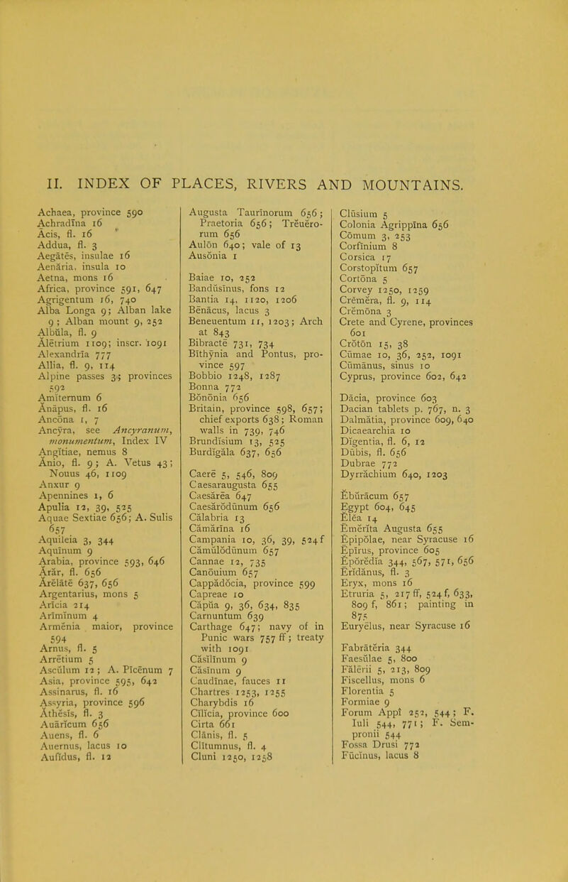 II. INDEX OF PLACES, RIVERS AND MOUNTAINS. Achaea, province 590 AchraclTna 16 Acis, fl. 16 Addua, fl. 3 Aegates, insulae 16 Aenaria. insula 10 Aetna, mons 16 Africa, province 591, 647 Agrigentum 16, 740 Alba Longa 9; Alban lake 9 ; Alban mount 9, 252 Albiila, fl. 9 Aletrium 1109; inscr. 1091 Alexandria 777 Allia, fl. 9, T14 Alpine passes 3; provinces 592 Amitemum 6 Anapus, fl. 16 Ancona i, 7 Ancyra, see Ancyrantim, monumenium. Index IV Angitiae, nemus 8 Anio, fl. 9; A. Yetus 43; Nouus 46, 1109 Anxur 9 Apennines 1, 6 Apulia 12, 39, 525 Aquae Sextiae 656; A. Sulis 657 Aquileia 3, 344 Aquinum 9 Arabia, province 593, 646 Arar, fl. 656 Areiate 637, 656 Argentarius, mons 5 Aricia 214 Arimlnum 4 Armenia maior, province 594 Arnus, fl. 5 Arretium 5 Asculum 12 ; A. Picenum 7 Asia, province 595, 642 Assinarus, fl. 16 Assyria, province 596 Athesis, fl. 3 Auarlcum 656 Auens, fl. 6 Auernus, lacus 10 Aufidus, fl. 12 Augusta Taurinorum 656; Praetoria 656; Treuero- rum 656 Aulon 640; vale of 13 Ausonia i Baiae 10, 252 Bandusinus, fons 12 Bantia 14, 1120, 1206 Benacus, lacus 3 Beneuentum 11, 1203; Arch at 843 Bibracte 731, 734 Bithynia and Pontus, pro- vince 597 Bobbio 1248, 1287 Bonna 772 B6n5nia 656 Britain, province 598, 657; chief exports 638; Roman walls in 739, 746 Brundlsium 13, 525 Burdigala 637, 656 Caere 5, 546, 809 Caesaraugusta 655 Caesarea 647 Caesarodunum 656 Calabria 13 Camarina 16 Campania 10, 36, 39, 524 f Camiilodimum 657 Cannae 12, 735 Canouium 657 Cappadocia, province 599 Capreae 10 Capua 9, 36, 634, 835 Carnuntum 639 Carthage 647; navy of in Punic wars 757 ff; treaty with 1091 Casilinum 9 Casliium 9 Caudlnae, fauces 11 Chartres 1253, 1255 Charybdis 16 Cillcia, province 600 Cirta 66 [ Clanis, fl. 5 Clitumnus, fl. 4 Cluni 1250, 1258 Clusium 5 Colonia Agrippina 656 Comum 3, 253 Corflnium 8 Corsica 17 Corstopltum 657 Cortona 5 Corvey 1250, 1259 Cr^mera, fl. 9, 114 Cremona 3 Crete and Cyrene, provinces 601 Croton 15, 38 Cumae 10, 36, 252, 1091 Cumanus, sinus 10 Cyprus, province 602, 642 Dacia, province 603 Dacian tablets p. 767, n. 3 Dalmatia, province 609, 640 Dicaearchia lo Digentia, fl. 6, 12 Dubis, fl. 656 Dubrae 772 Dyrrachium 640, 1203 fibiiracum 657 Egypt 604, 645 Elea 14 Emerita Augusta 655 Epipolae, near Syracuse 16 Epirus, province 605 fiporedia 344, 567, 571.656 Eridanus, fl. 3 Eryx, mons 16 Etruria 5, 217 fiF, 524^633, 809 f, 861; painting in 87.^ Euryelus, near Syracuse 16 Fabrateria 344 Faesulae 5, 800 Falerii 5, 213, 809 Fiscellus, mons 6 Florentia 5 Formiae 9 Forum Appi 252, 544; F. luli 544, 771; F. Sem- pronii 544 Fossa Drusi 77a Fucinus, lacus 8