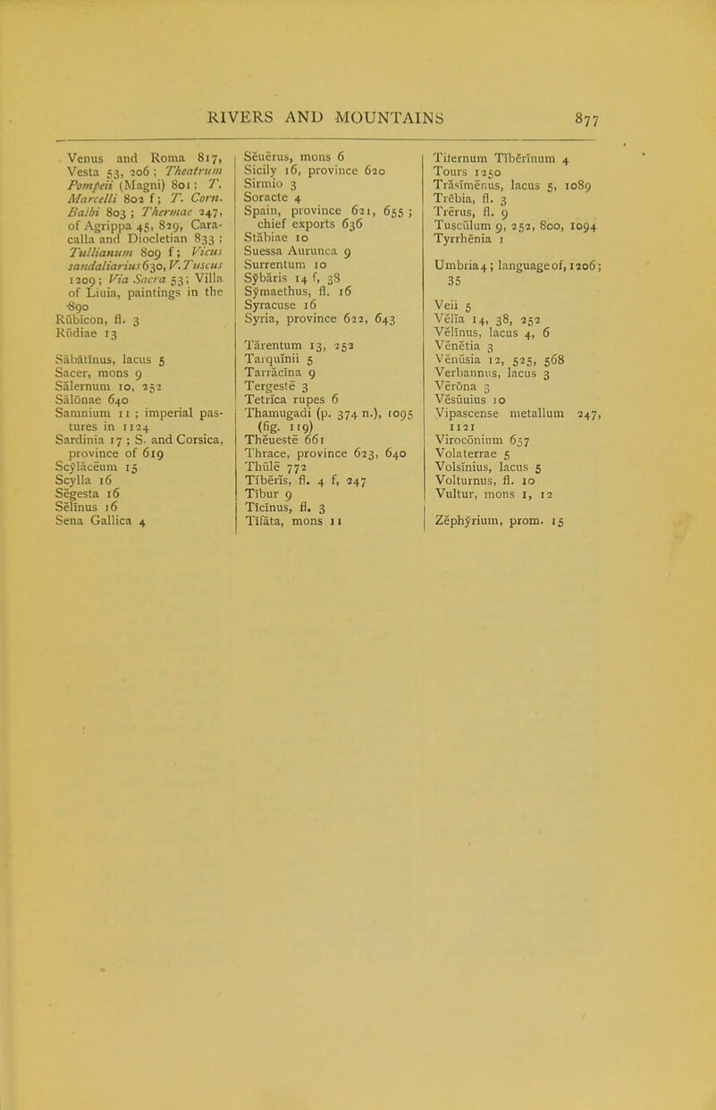 Venus and Roma 817, Vesta 53, ao6 ; Theatrum Pompeii (Magni) 801; T. MarceUi 803 f; T. Com. Baibi 803 ; Thermae i^t, of Agrippa 45, 879, Cara- calla and Diocletian 833 ; Tullianum 809 f; Vicus sandaltariusGy), V.Ttiscus 1209; Via Sacra 53; Villa of Liiiia, paintings in the ■890 Rubicon, fl. 3 Rfidiae 13 vSabatinus, lacus 5 Sacer, mons 9 Salernum 10, 252 Salonae 640 Samnium n ; imperial pas- tures in 1124 Sardinia 17 ; S. and Corsica, province of 619 Scylaceum 15 Scylla 16 Segesta 16 Selinus 16 Sena Gallica 4 Seuerus, mons 6 Sicily 16, province 620 Sirmio 3 Soracte 4 Spain, province 621, 655; chief exports 636 Stabiae 10 Suessa Aurunca 9 Surrentum 10 Sj^baris 14 f, 38 Symaethus, fl. 16 Syracuse 16 Syria, province 622, 643 Tarentum 13, 252 Tarqumii 5 Tanacina 9 Tergeste 3 Tetrica rupes 6 Thamugadi (p. 374 n.), rops (fig. 119) Theueste 661 Thrace, province 623, 640 Thfile 772 Tiberis, fl. 4 f, 247 Tibur 9 Ticinus, fl. 3 Tifata, mons 11 Titernum TibSrlnum 4 Tours 1250 Trasimerius, lacus 5, 1089 TrSbia, fl. 3 Trerus, fl. 9 Tusculum 9, 252, 800, 1094 Tyrrhenia i Umbria4; language of, 1206; 35 Veii 5 Velia 14, 38, 252 Velinus, lacus 4, 6 Venetia 3 Venusia 12, 525, 568 Verbannus, lacus 3 Verona 3 Vesiauius 10 Vipascense nietalluni 247, 1121 Viroconium 657 Volaterrae 5 Volsinius, lacus 5 Volturnus, fl. 10 Vultur, mons i, 12 Zephyrium, prom. 15