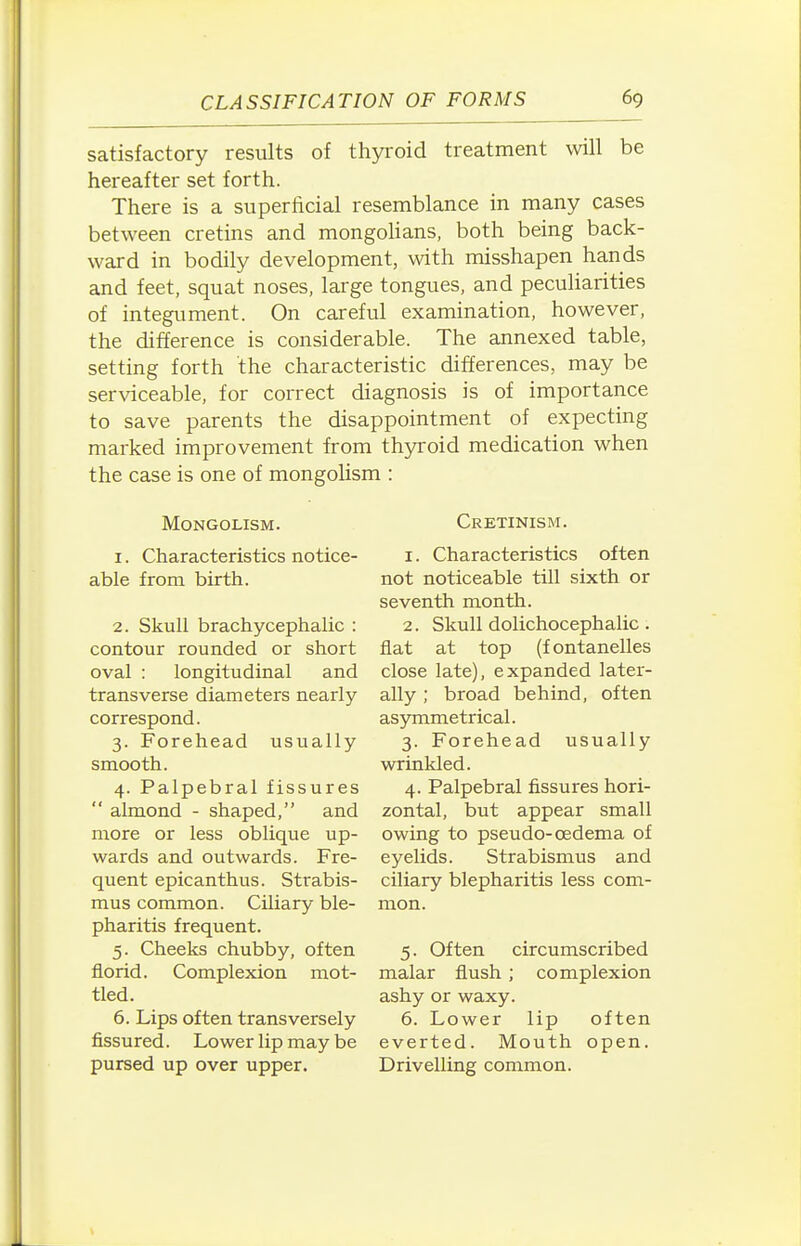 satisfactory results of thyroid treatment will be hereafter set forth. There is a superficial resemblance in many cases between cretins and mongolians, both being back- ward in bodily development, with misshapen hands and feet, squat noses, large tongues, and peculiarities of integument. On careful examination, however, the difference is considerable. The annexed table, setting forth the characteristic differences, may be serviceable, for correct diagnosis is of importance to save parents the disappointment of expecting marked improvement from th3n:oid medication when the case is one of mongolism : Mongolism. Cretinism. 1. Characteristics notice- able from birth. 2. Skull brachycephalic : contour rounded or short oval : longitudinal and transverse diameters nearly correspond. 3. Forehead usually smooth. 4. Palpebral fissures  almond - shaped, and more or less oblique up- wards and outwards. Fre- quent epicanthus. Strabis- mus common. Ciliary ble- pharitis frequent. 5. Cheeks chubby, often florid. Complexion mot- tled. 6. Lips often transversely fissured. Lower lip may be pursed up over upper. 1. Characteristics often not noticeable till sixth or seventh month. 2. Skull dolichocephalic. flat at top (fontanelles close late), expanded later- ally ; broad behind, often asymmetrical. 3. Forehead usually wrinkled. 4. Palpebral fissures hori- zontal, but appear small owing to pseudo-oedema of eyelids. Strabismus and ciliary blepharitis less com- mon. 5. Often circumscribed malar flush; complexion ashy or waxy. 6. Lower lip often everted. Mouth open. Drivelling common.