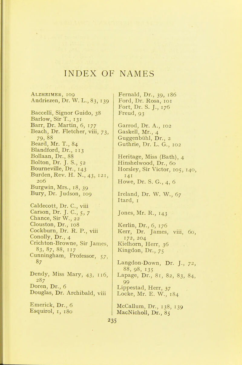 INDEX OF NAMES Alzheimer, 109 Andriezen, Dr. W. L., 83, 139 Baccelli, Signor Guido, 38 Barlow, Sir T., 131 Barr, Dr. Martin, 6, 177 Beach, Dr. Fletcher, viii, 73, 79, 88 Beard, Mr. T., 84 Blandford, Dr., 113 Bollaan, Dr., 88 Bolton, Dr. J. S., 52 Bourneville, Dr., 143 Burden, Rev. H. N., 43, 121, 206 Burgwin, Mrs., 18, 39 Bury, Dr. Judson, 109 Caldecott, Dr. C, viii Carson, Dr. J. C, 5, 7 Chance, Sir W., 22 Clouston, Dr., 108 Cockburn, Dr. R. P., viii Conolly, Dr., 4 Crichton-Browne, Sir James, 83, 87, 88, 117 Cunningham, Professor, 57, 87 Dendy, Miss Mary, 43, 116, 287 Doren, Dr., 6 Douglas, Dr. Archibald, viii Emerick, Dr.,. 6 Esquirol, i, 180 Fernald, Dr., 39, 186 Ford, Dr. Rosa, loi Fort, Dr. S. J., 176 Freud, 93 Garrod, Dr. A., 102 Gaskell, Mr., 4 Guggenbiihl, Dr., 2 Guthrie, Dr. L. G., 102 Heritage, Miss (Bath), 4 Hinshelwood, Dr., 60 Horsley, Sir Victor, 105, 140, 141 Howe, Dr. S. G., 4, 6 Ireland, Dr. W. W., 67 Itard, I Jones, Mr. R., 143 Kerlin, Dr., 6, 176 Kerr, Dr. James, viii, 60, 172, 204 Kielhorn, Herr, 36 Kingdon, Dr., 75 Langdon-Down, Dr. J., 72, 88, 98, 135 Lapage, Dr., 81, 82, 83, 84, 99 Lippestad, Herr, 37 Locke, Mr. E. W., 184 McCallum, Dr., 138, 139 I MacNicholl, Dr., 85 23s