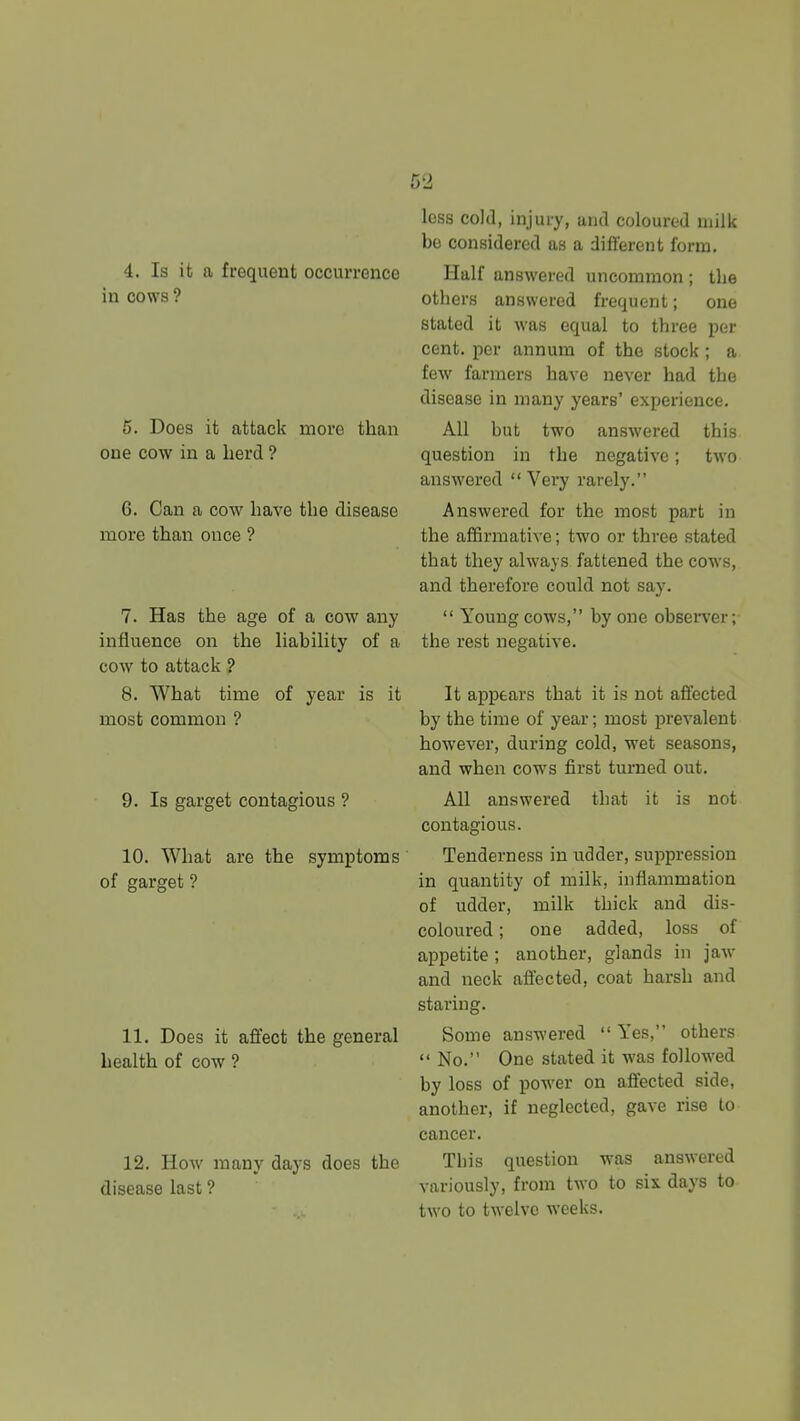 4. Is it a frequent occurrence in cows ? 5. Does it attack more than one cow in a herd ? 6. Can a cow have the disease more than once ? 7. Has the age of a cow any influence on the HabiUty of a cow to attack ? 8. What time of year is it most common ? 9. Is garget contagious ? 10. What are the symptoms of garget ? 11. Does it affect the general health of cow ? 12. How many days does the disease last ? less cold, injury, and coloured milk bo considered as a dilferent form. Half answered uncommon ; the others answered frequent; one stated it was equal to three per cent, per annum of the stock; a few farmers have never had the disease in many years' experience. All but two answered this question in the negative; two answered  Very rarely. Answered for the most part in the affirmative; two or three stated that they always fattened the cows, and therefore could not say.  Young cows, by one observer; the rest negative. It appears that it is not affected by the time of year; most prevalent however, during cold, wet seasons, and when cows first turned out. All answered that it is not contagious. Tenderness in udder, suppression in quantity of milk, inflammation of udder, milk thick and dis- coloured ; one added, loss of appetite; another, glands in jaw and neck aflected, coat harsh and staring. Some answered  Yes, others  No. One stated it was followed by loss of power on afi'ected side, another, if neglected, gave rise to cancer. This question was answered variously, from two to six days to two to twelve weeks.