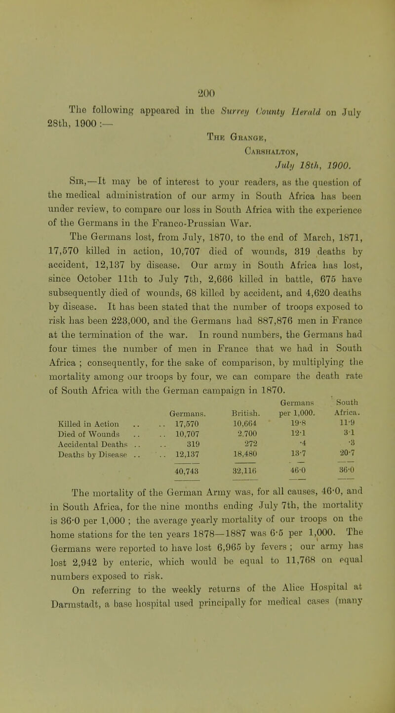 The following appeared in the Surrey Coutity Herald on July 28th, 1900 :— Thf, Grange, Carhhalton, Juh/ 18th, 1900. Sir,—It may be of interest to your readers, as the question of the naedical administration of our army in South Africa has been under review, to compare our loss in South Africa with the experience of the Germans in the Franco-Prussian War. The Germans lost, from July, 1870, to the end of March, 1871, 17,570 killed in action, 10,707 died of wounds, 319 deaths by accident, 12,137 by disease. Our army in South Africa has lost, since October 11th to July 7th, 2,666 killed in battle, 675 have subsequently died of wounds, 68 killed by accident, and 4,620 deaths by disease. It has been stated that the number of troops exposed to risk has been 223,000, and the Germans had 887,876 men in France at the termination of the war. In round numbers, the Germans had four times the number of men in France that we had in South Africa ; consequently, for the sake of comparison, by multiplying the mortality among our troops by four, we can compare the death rate of South Africa with the German campaign in 1870. Germans South Germans. British. per 1,000. Africa. Killed in Action .. 17,570 10,G64 19-8 11-9 Died of Wounds 10,707 2,700 121 31 Accidental Deaths .. 319 272 •4 •3 Deaths by Disease .. .. 12,137 18,480 13-7 20-7 40,743 .S2,ll(i 46-0 36-0 The mortality of the German Army was, for all causes, 46-0, and in South Africa, for the nine months ending July 7th, the mortality is 36-0 per 1,000 ; the average yearly mortality of our troops on the home stations for the ten years 1878—1887 was 6-5 per 1,000. The Germans were reported to have lost 6,965 by fevers ; our army has lost 2,942 by enteric, which would be equal to 11,768 on equal numbers exposed to risk. On referring to the weekly returns of the Alice Hospital at Darmstadt, a base hospital used principally for medical cases (many