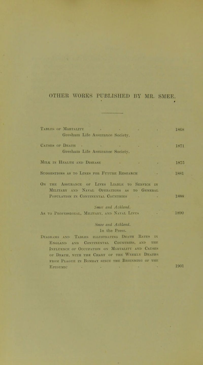 OTIIEU WORKS PUBLISHRI) J^Y MR. SMEE, TaULKK 01' iMoHTAMTY .... IHi'tH Gresham Life Assurance Society, Causes op Death ..... i87l Gresham Life Assuranoe Society. Milk in Heai/i'h and Diseakk - . . 1875 Suggestions as to Lines fok Putuue Eesearch - 1R81 On the Assurance of Lives Liable to Service in MiLiTAKY and Naval Operations as to General Population in Continental Cohntries . - 1888 Smee and Ackland. .Vfi to i'lioi'EssioNAL, Military, and Naval Lives 1890 Smee and Ackland. In ttie Press. Diagrams and Tahles illustrating Death Hates in England and Continental Countries, and the Influence of Occupation on Mortality and Causes OF Death, with the Chart of the Weekly Deaths FROM Plague in Bombay since the Beoinnixo of the Epidemic ----- 1901