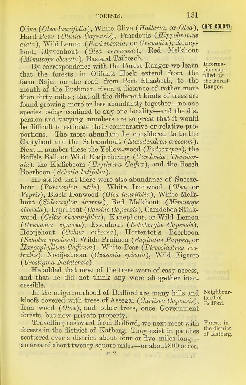 Informa- tion sup- plied by the Forest Kanger. Olive (Olea Icmrifolia), White Olive (Ealleri.a, or Olea), MPE COLOHY Hard Pear (OUnia Gapensis), Paardepis (Hippohromus alata), Wild Lemon (ParJcensonia, or Grumelia), Koney- hout, Olyvenhout (Olea verrucosa), Bed Melkhout (Mimusops obovata). Bastard Taibosch, By correspondence with the Forest Banger we learn that the forests in Olifants Hoek extend from the farm Naja, on the road from Port Elizabeth, to the mouth of the Bushman river, a distance of rather more than forty miles ; that all the different Idnds of trees are found growing more or less abundantly together—no one species being confined to any one locality—and the dis- persion and varying numbers are so great that it would be difEcult to estimate their comparative or relative pro- portions. The most abundant he considered to be the Gattyhout and the Safraanhout {Eloeodendron croceum). Next in number these the Yellow-wood (Podocarpus), the Buffels Ball, or Wild Katjepiering {Gardenia Thunber- gia), the Kaffirboom (Erythrina Caffra), and the Bosch. Boerboon (ScJiotia latifolia). He stated that there were also abundance of Sneeze- hout (Ftceroxylon utile), White Ironwood (Olea, or Vepris), Black Ironwood (Olea laurifolia), White Melk- hout (Sideroxylon inerme). Bed Melkhout (Mimusops obovata), Lepelhout (Gassine Gapensis), Camdelaoo Stink- wood {Geliis rliamnifolia), Kanephout, or Wild Lemon {Grumelea cymosa), Essenhout (EcJcehergia Gapensis), Rootjehout (Oclma arhorea), Hottentot's Boerboon (Schotia speciosa), Wilde Pruimen (Sapindus Pappea, or Harpephylhcm Gaffrum), White Pear (Ptrocelastrus ros^ tratus), iTooijesboom (Gussonia spicaia). Wild Figtree {Tfrostigma Natalensis). He added that most of the trees were of easy access, and that he did not think any were altogether inac- cessible. In the neighbourhood of Bedford are many hills and kloofs covered with trees of Assegai {Gurtisea Gapensis), Iron wood (Olea), and other trees, once Government forests, but now private property. Travelling eastward from Bedford, we next meet with forests in the district of Katberg, They exist in patches scattered over a district about four or five miles long— an area of about twenty square miles—or about 800 acres. K 2 Neighbour- hood of Bedford. Forests in the district of Katberg.