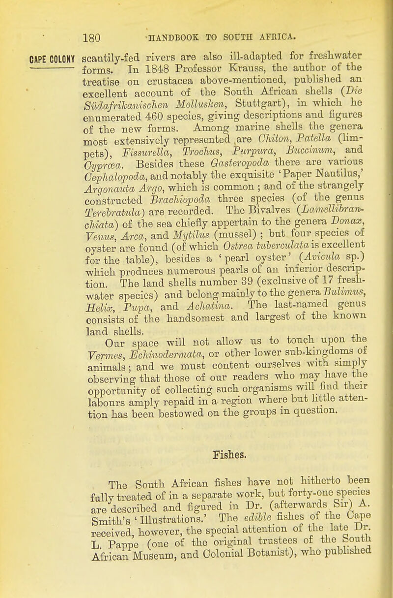 CURE COLONY scantily-fed rivers are also ill-adapted for freshwater forms. In 1848 Professor Krauss, the author of the treatise on Crustacea above-mentioned, published an excellent account of the South African shells (Die Siidafrihanischen Molluslcen, Stuttgart), in which he enumerated 460 species, giving descriptions and figures of the new forms. Among marine shells the genera most extensively represented ,are Chiton, Patella (lira- pets), Fissurella, Trochus, Purpiora, Buccinum, and Gyfrma. Besides these Gasteropoda there are various Cep/mZopoc^a, and notably the exquisite 'Paper Nautilus,' Argonauta Argo, which is common ; and of the strangely constructed SracMopoda three species (of the genus Terehratula) are recorded. The Bivalves (LamelUbraii^ cJiiata) of the sea chiefly appertain to the genera Do7iax, Venus, Area, and Mytilus (mussel) ; but four species of oyster are found (of which Ostrea tuherculatais excellent for the table), besides a 'pearl oyster' (Ayicida sp.) which produces numerous pearls of an inferior descrip- tion. The land shells number 39 (exclusive of 17 fresh- water species) and belong mainly to the genera ^wZimMS, Eelix, Ptipa, and Achatina. The last-named genus consists of the handsomest and largest of the known land shells. Our space will not allow ns to touch upon tlie Vermes, Uchinodermata, or other lower sub-kingdoms of animals; and we must content ourselves with simply observing that those of onr readers who may have the opportunity of collecting such organisms will hnd their labours amply repaid in a region where but little atten- tion has been bestowed on the groups m question. Fishes. The South African fishes have not hitherto been fully treated of in a separate work, but forty-one species are described and figured in Dr (afterwards Sir) A. Smith's ' Illustrations.' The ed,ihle fishes of the Capo received, however, the special attention of the late Dr. L Pappe (one of tho original trustees of the South African Museum, and Colonial Botanist), who published