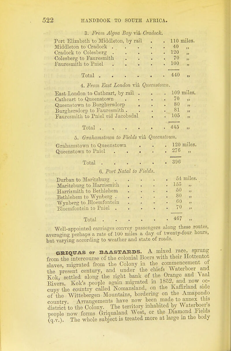 3. From Algoa Bay vitl Cmdoclc. Port Elizabeth to Middleton, by rail . . 110 miles. Middleton to Oradock . . . . . 40 „ Cradock to Colesberg 120 „ Colesberg to Pauresmith . . . . 70 „ Pauresmith to Pniel 100 „ Total 4. From East London via Quccnstown. 440 East London to Cathcart, by rail . . 109 Cathcart to Qiieenstown . 70 Queenstown to Burgbersdorp . 80 Burgbersdorp to Pauresmith . . 81 Pauresmitb to Pniel via Jacobsdal . . 105 Total ... . . t . 445 5. Graliamstown to Fields via Quccnstown. Grabamstow to Queenstown . • .120 miles. Qaeenstown to Pniel . . • • • 276 „ Total 6. Port Natal to Fields. Durban to Maritzbnrg . . . . Maritzburg to Harrismith , Harrisniitb to Betlileheni Bethlehem to Wynberg . . . Wynberg to Bloemfontein Bloemfonteiu to Pniel . . . . Total 396 54 miles. 153 „ 50 „ 80 „ 60 „ 70 „ 467 Well-appointed carriages convey passengers along these routes, averaging perhaps a rate of 100 miles a day of twenty-four hours, but varying according to weather and state of roads. GBIQUAS or BAASTAKDS. A mixed race, sprung from the intercourse of the colonial Boers with their Hottentot slaves, migrated from the Colony in the commencement ot the present century, and under the chiefs Waterboer and Kok, settled along the right bank of the Orange and \aal Eivers. Kok's people again migrated in 18o2 and now oc- cupy the coimtry called Nomausland, on the Ilaffirland side of the Wittebergen Mountains, bordering on the Araapoiido country. Arrangements have now been made to annex this district to the Colony. The territory inhabited by Wateijoers people now forms Griqualand West, or tUe Diamond Fields (q.v.). The whole subject is treated more at large in the body