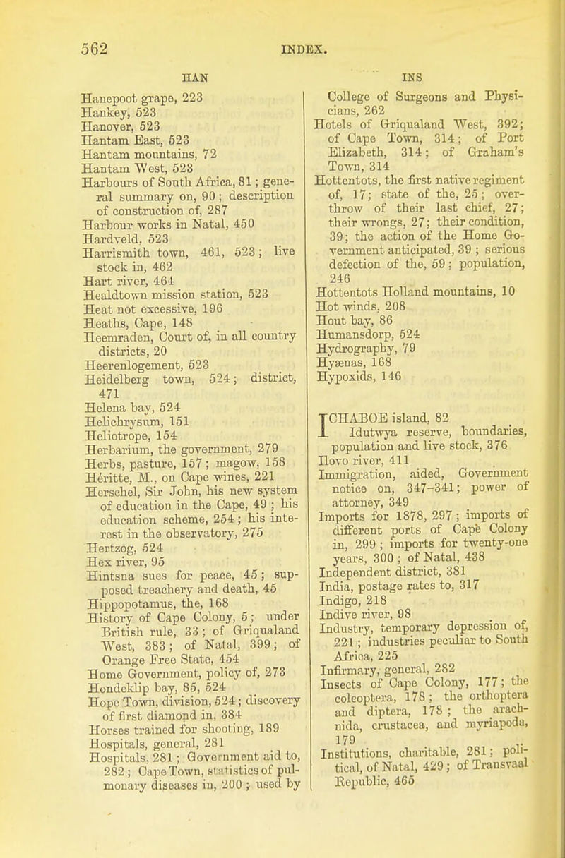 HAN Hanepoot grape, 223 Hankey, 623 Hanover, 523 Hantam East, 523 Hantam mountains, 72 Hantam West, 623 Harbours of South Africa, 81; gene- ral summary on, 90 ; description of construction of, 287 Harbour works in Natal, 450 Hardveld, 623 Harrismith town, 461, 623; live stock in, 462 Hart river, 464 Healdtown mission station, 523 Heat not excessive, 196 Heaths, Cape, 148 Heenxradeu, Court of, in all country districts, 20 Heerenlogement, 523 Heidelberg town, 624; district, 471 Helena bay, 624 Helichrysiim, 151 Heliotrope, 164 Herbarium, the government, 279 Herbs, pasture, 167; magow, 158 Heritte, M., on Cape wines, 221 Herschel, Sir John, his new system of education in the Cape, 49 ; his education scheme, 254 ; his inte- rest in the observatory, 275 Hertzog, 524 Hex river, 95 Hintsna sues for peace, 45; sup- posed treachery and death, 45 Hippopotamus, the, 168 History of Cape Colony, 5; under British rule, 33 ; of Griqualand West, 383; of Natal, 399; of Orange Free State, 454 Home Government, policy of, 273 Hondeldip bay, 85, 524 Hope Town, division, 524; discovery of first diamond in, 384 Horses trained for shooting, 189 Hospitals, general, 281 Hospitals, 281; Government aid to, 282; Cape Town, sl a t istics of pul- monary diseases in, 200 ; used by INS College of Surgeons and Physi- cians, 262 Hotels of Griqualand West, 392; of Cape Town, 314; of Port Elizabeth, 314: of Graham's Town, 314 Hottentots, the first native regiment of, 17; state of the, 25; over- throw of their last chief, 27; their wrongs, 27; their condition, 39; the action of the Home Go- vernment anticipated, 39 ; serious defection of the, 59: population, 246 Hottentots Holland mountains, 10 Hot winds, 208 Hout bay, 86 Humansdorp, 524 Hydrography, 79 Hysenas, 168 Hypoxids, 146 TCHABOE island, 82 J. Idutwya reserve, boundaries, population and live stock, 376 Hovo river, 411 Immigration, aided. Government notice on, 347-341; power of attorney, 349 Imports for 1878, 297; imports of different ports of Cape Colony in, 299 ; imports for twenty-one years, 300 ; of Natal, 438 Independent district, 381 India, postage rates to, 317 Indigo, 218 Indive river, 98 Industry, temporary depression of, 221; industries peculiar to South Africa, 226 Infirmary, general, 282 Insects of Cape Colony, 177; the coleoptera, 178; the orthoptera and diptera, 178 ; the arach- nida, Crustacea, and myriapoda, 179 Institutions, charitable, 281; poli- tical, of Natal, 429; of Transvaal Eopublic, 465