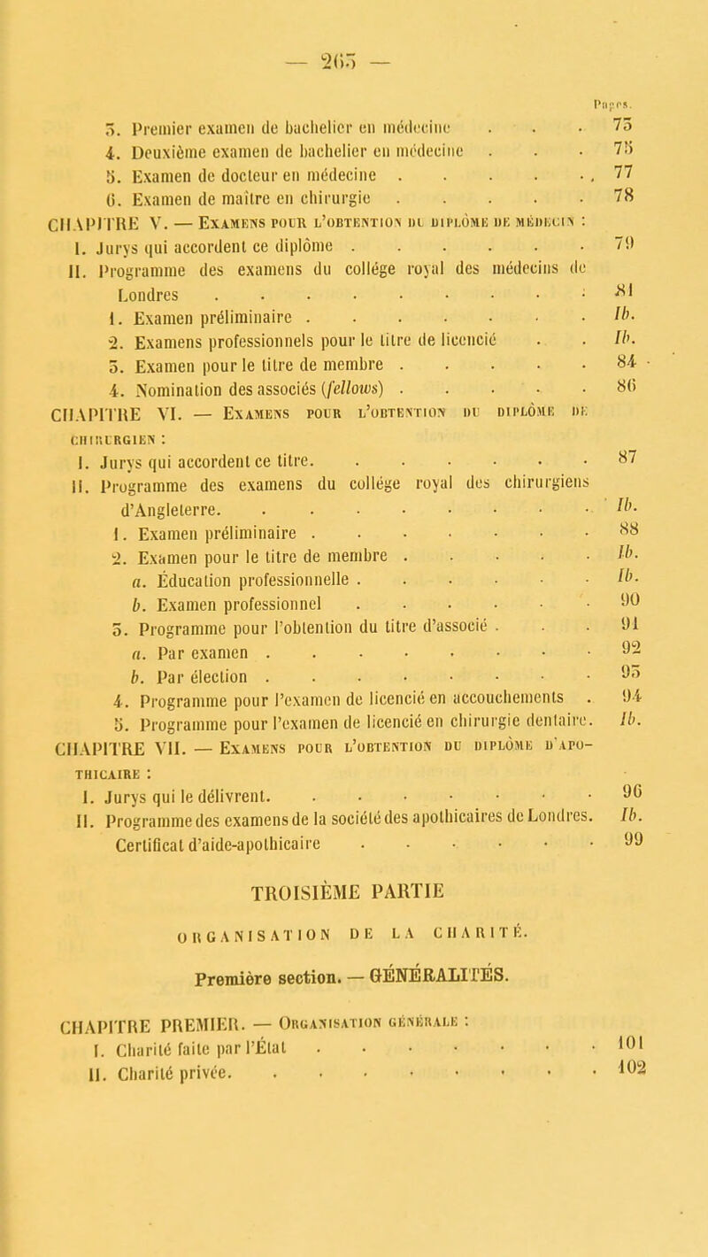 — 265 — Pnprs. 5. Premier exainen de buclielier en mtfdecinc ... 75 4. Deuxieme examen tie bachelier en niedeeine ... 75 b. Examen dc docteur en mddecine .77 0. Examen de maitre en chirurgie 78 CHAP)TRE V. EXAMENS POUR l'OBTENTIO-V 1)L D1PLOME DE MEWKClfi I 1. Jurys qui aecordent ce diplome 7!) II. Programme des examens du college royal des medecins de Londres • i M 1. Examen preMiminairc lb. 2. Examens professionnels pour le litre de lieencie . . Ib. 5. Examen pour le tilre de membre 84 • 4. Nomination des associes (felloivs) 8(5 CHAPITRE VI. — Examens pour i/obtentios de diplome de CHIRIRGIEN : I. Jurys qui aecordent ce titre 87 II. Programme des examens du college royal des cbirurgiens d'Anglelerre Ib. 1. Examen preliminaire 88 2. Examen pour le titre de membre lb. a. Education professionnelle lb. b. Examen professionncl .90 3. Programme pour Poblenlion du titre d'assoeie . . .91 a. Par examen 92 b. Par election 93 4. Programme pour I'examen de lieencie en accoucbements . 94 o. Programme pour I'examen de lieencie en chirurgie dentaire. Ib. CIIAP1TRE VII. — Examens pour l'obtention du diplome u'apo- THICAIRE : I. Jurys qui le delivrent 96 II. Programme des examens de la socieledes apolbicaires de Londres. Ib. Certificat d'aidc-apolhicaire 99 TROISIEME PART IE ORGANISATION DE LA C II A HIT K. Premiere section. — GENERALITIES. CHAPITRE PREMIER. — Organisation general; : t. Charile faile par I'Elat 101 II. Cbarile privce 102