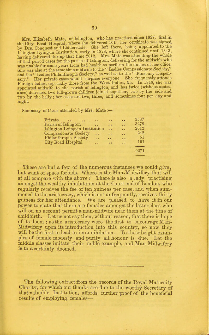 Mrs. Elizabeth Mate, of Islington, who has practised since 1827, first m the City Eoad Hospital, where she delivered 101 ; her certificate was signed by Drs. Conquest and Liddersdale. She left there, being appointed to the IsUngton Lying-in Institution, early in 1828, where she continued until 1843, having delivered during that time 2012. Mrs. Mate was attending the whole of that period cases for the parish of Islington, delivering for the midwife who was unable for some years from bad health to perform the duties of her office. She was also at the same time midwife to the  Ladies Compassionate Society, and the  Ladies Philanthropic Society, as well as to the  Finsbury Dispen- sary. Her private cases would surprise everyone. She frequently attends Foreign ladies, especially those from the West Indies, &c. In 1846, she was appointed midwife to the parish of Islington, and has twice (without assist- ance) delivered two full-grown chUdren joined together, two by the side and two by the belly; her cases are two, three, and sometimes four per day and night. Summary of Cases attended by Mrs. Mate:— Private 3587 Parish of Islington .. .• .. 3278 Islington Lying-in Institution .. .. 2012 Compassionate Society ,. .. .. 242 Philanthropic Society .. .. .. 51 City Eoad Hospital 101 9271 These are tut a few of the numerous instances we could give, but want of space forbids. Where is the Man-Midwifery that will at all compare with the above ? There is also a lady practising amongst the wealthy inhabitants at the Court end of London, who regularly receives the fee of ten guineas per case, and when sum- moned to the aristocracy, which is not unfrequently, receives thirty guineas for her attendance. We are pleased to have it in our power to state that there are females amongst the latter class who will on no account permit a man-midwife near them at the time of childbirth. Let us not say then, without reason, that there is hope of its doom ; as the aristocracy were the first to encourage Man- Midwifery upon its introduction into this country, so now they will be the first to lead to its annihilation. To these bright exam- ples of female modesty and purity all honour is due. Let the middle classes imitate their nrtble example, and Man-Midwifery is to a certainty doomed. The following extract from the records of the Koyal Maternity Charity, for which our thanks are due to the worthy Secretary of that valuable Institution, affords further proof of the beneficial results of employing females—