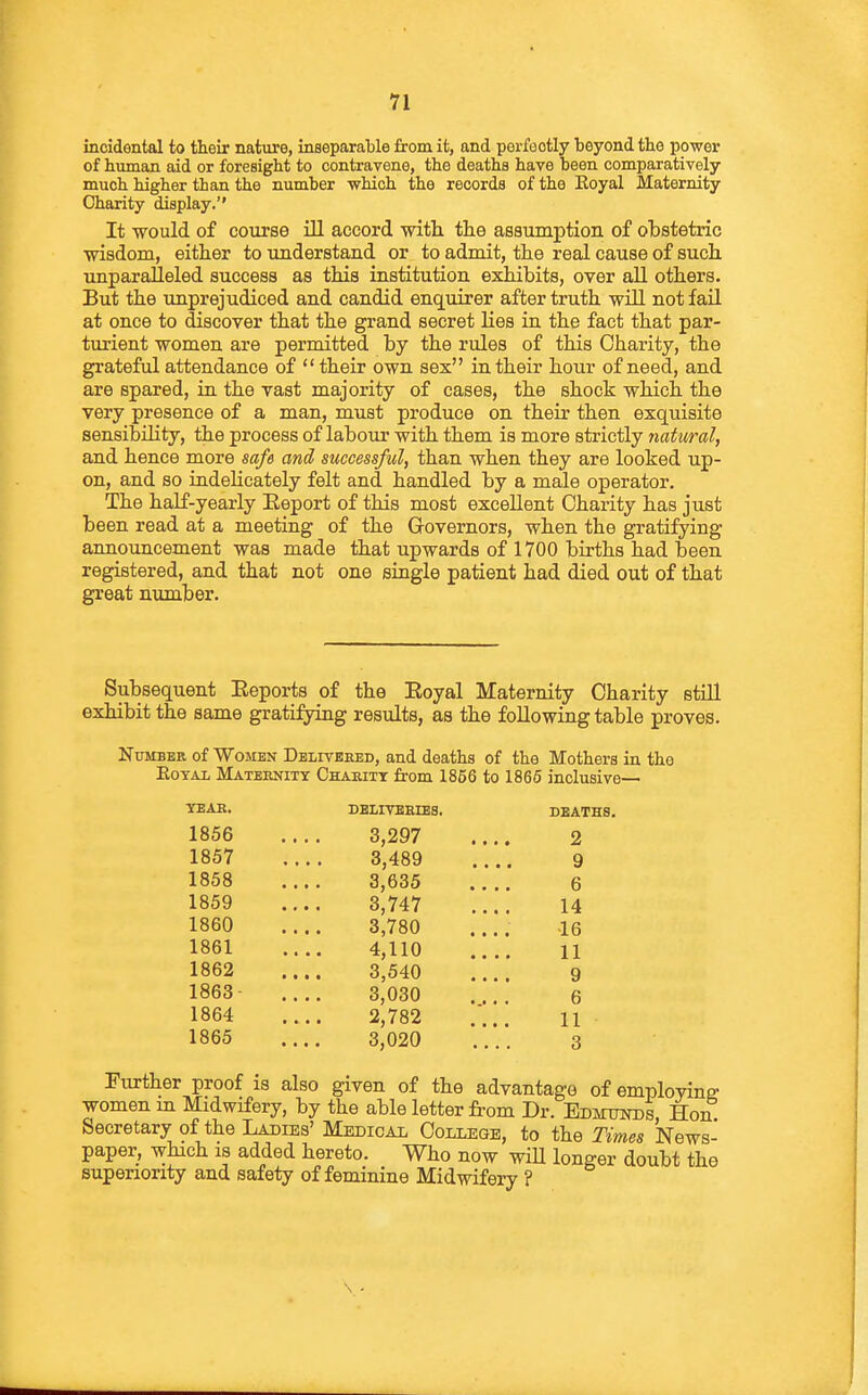 incidental to their nature, inseparable from it, and perfectly beyond the power of human aid or foresight to contravene, the deaths have been comparatively much higher than the number which the records of the Eoyal Maternity Charity display. It would of course ill accord with the assumption of obstetric wisdom, either to understand or to admit, the real cause of such unparalleled success as this institution exhibits, over all others. But the unprejudiced and candid enquirer after truth will not fail at once to discover that the grand secret lies in the fact that par- turient women are permitted by the rules of this Charity, the grateful attendance of  their own sex in their hour of need, and are spared, in the vast majority of cases, the shock which the very presence of a man, must produce on their then exquisite sensibility, the process of labour with them is more strictly natural, and hence more safe and successful, than when they are looked up- on, and so indehcately felt and handled by a male operator. The haK-yearly Eeport of this most excellent Charity has just been read at a meeting of the Governors, when the gratifying announcement was made that upwards of 1700 births had been registered, and that not one single patient had died out of that great number. Subsequent Eeports of the Eoyal Maternity Charity still exhibit the same gratifying results, as the following table proves. Number of Women Deliveked, and deaths of the Mothers in the EoTAL Mateenity Chaeitt from 1866 to 1865 inclusive— TEAK. DBLITBEIES. DEATHS. 1856 3,297 2 1857 3,489 9 1858 3,635 6 1859 3,747 14 1860 3,780 •16 1861 4,110 11 1862 3,540 9 1863- 3,030 6 1864 2,782 11 1865 3,020 3 Further proof is also given of the advantage of employing- women m Midwifery, by the able letter from Dr. Edmunds Hon Secretary of the Ladies' Medical College, to the Times 'News- paper, which IS added hereto. Who now wiU longer doubt the superiority and safety of feminine Midwifery ?