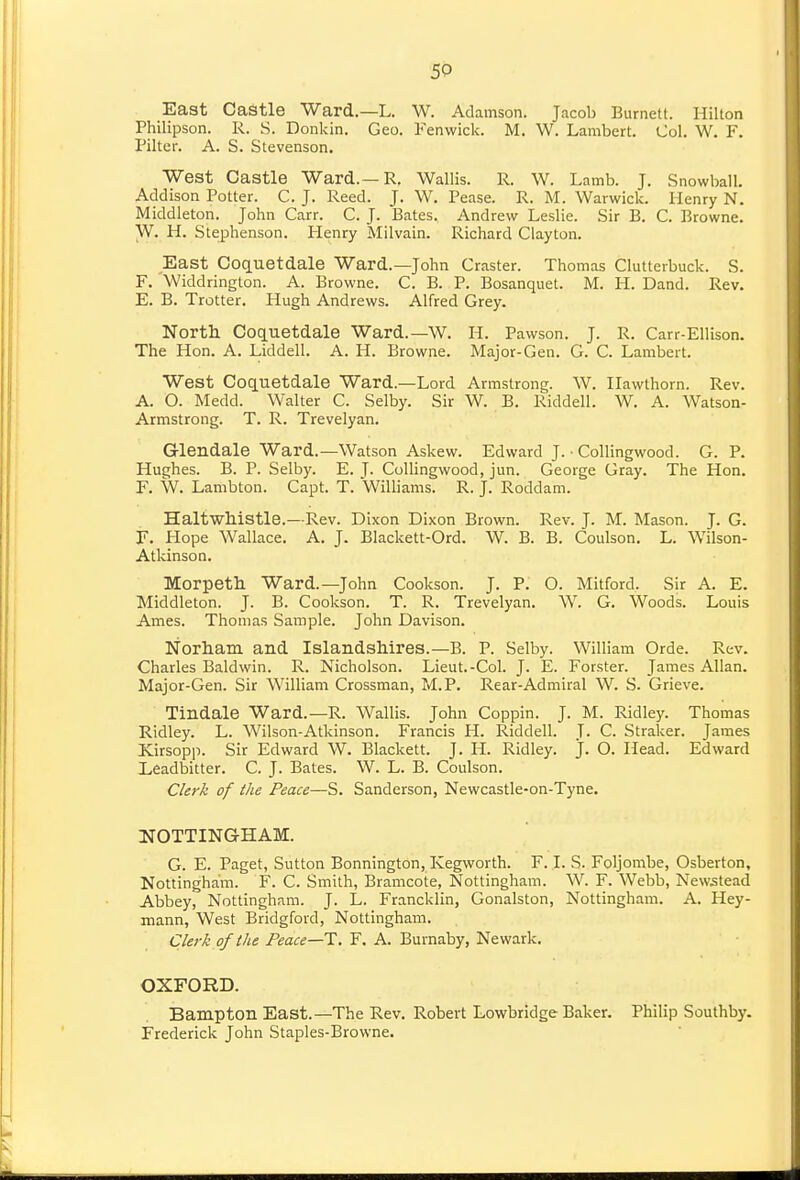 East Castle Ward.—L. W. Adamson. Jacob Burnett. Hilton Philipson. R. S. Donkin. Geo. Fenwick. M. W. Lambert. Col. W. F. Filter. A. S. Stevenson. West Castle Ward.—R. Wallis. R. W. Lamb. J. Snowball. Addison Potter. C. J. Reed. J. W. Pease. R. M. Warwick. Henry N. Middleton. John Carr. C. J. Bates. Andrew Leslie. Sir B. C. Browne. W. H. Stephenson. Henry Milvain. Richard Clayton. East Coquetdale Ward.—John Craster. Thomas Clutterbuck. S. F. Widdrington. A. Browne. C. B. P. Bosanquet. M. H. Dand. Rev. E. B. Trotter. Hugh Andrews. Alfred Grey. North Coquetdale Ward.—W. H. Pawson. J. R. Carr-Ellison. The Hon. A. Liddell. A. H. Browne. Major-Gen. G. C. Lambert. West Coquetdale Ward.—Lord Armstrong. W. Hawthorn. Rev. A. O. Medd. Walter C. Selby. Sir W. B. Riddell. W. A. Watson- Armstrong. T. R. Trevelyan. Glendale Ward.—Watson Askew. Edward J. • Collingwood. G. P. Hughes. B. P. Selby. E. J. Collingwood, jun. George Gray. The Hon. F. W. Lambton. Capt. T. Williams. R. J. Roddam. Haltwhistle.—Rev. Dixon Dixon Brown. Rev. J. M. Mason. J. G. r. Flope Wallace. A. J. Blackett-Ord. W. B. B. Coulson. L. Wilson- Atkinson. Morpetli Ward.—John Cookson. J. P. O. Mitford. Sir A. E. Middleton. J. B. Cookson. T. R. Trevelyan. W. G. Woods. Louis Ames. Thomas Sample. John Davison. Norham and IslandsMres.—B. P. Selby. William Orde. Rev. Charles Baldwin. R. Nicholson. Lieut.-Col. J. E. Forster. James Allan. Major-Gen. Sir William Grossman, M.P. Rear-Admiral W. S. Grieve. Tindale Ward.—R. Wallis. John Coppin. J. M. Ridley. Thomas Ridley. L. Wilson-Atkinson. Francis H. Riddell. J. C. Straker. James Kirsopp. Sir Edward W. Blackett. J. H. Ridley. J. O. Head. Edward Leadbitter. C. J. Bates. W. L. B. Coulson. Clerk of the Peace—?!. Sanderson, Newcastle-on-Tyne. NOTTINGHAM:. G. E. Paget, Sutton Bonnington, Kegworth. F. I. S. Foljombe, Osberton, Nottingham. F. C. Smith, Bramcote, Nottingham. W. F. Webb, Newstead Abbey, Nottingham. J. L. Francklin, Gonalston, Nottingham. A. Hey- mann, West Bridgford, Nottingham. Clerk of the Peace—F. A. Burnaby, Newark. OXFORD. Bampton East.—The Rev. Robert Lowbridge Baker. Philip Southby. Frederick John Staples-Browne.