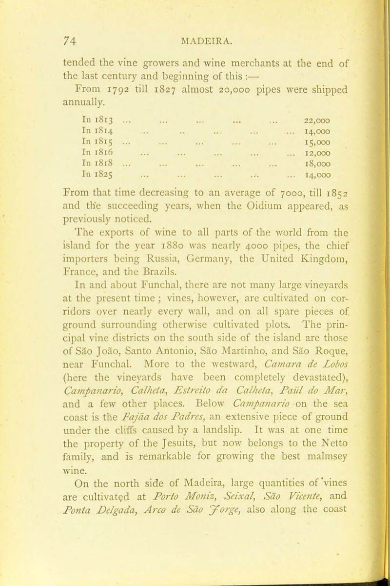 tended the vine growers and wine merchants at the end of the last century and beginning of this ;— From 1792 till 1827 almost 20,000 pipes were shipped annually. In 1813 ... ... ... ... ... 22,000 In 1814 .. .. ... ... ... 14,000 In 1815 ... ... ... ... ... 15,000 In 1816 ... ... ... ... ... 12,000 In 1818 ... ... ... ... ... 18,000 In 1825 ... ... ... ... ... 14,000 From that time decreasing to an average of 7000, till 1852 and the succeeding years, when the Oidium appeared, as previously noticed. The exports of wine to all parts of the world from the island for the year 1880 was nearly 4000 pipes, the chief importers being Russia, Germany, the United Kingdom, France, and the Brazils. In and about Funchal, there are not many large vineyards at the present time; vines, however, are cultivated on cor- ridors over nearly every wall, and on all spare pieces of ground surrounding otherwise cultivated plots. The prin- cipal vine districts on the south side of the island are those of Sao Joao, Santo Antonio, Sao Martiniio, and Sao Roque, near Funchal. More to the westward, Caviara de Lohos (here the vineyards have been completely devastated), Catnpanario, Calhcia, Estreiio da Cal/ieia, Paul do Mar, and a few other places. Below Campana7-io on the sea coast is the Fajda dos Padres, an extensive piece of ground under the cliffs caused by a landslip. It was at one time the property of the Jesuits, but now belongs to the Netto family, and is remarkable for growing the best malmsey wine. On the north side of Madeira, large quantities of vines are cultivated at Forto Moniz, Seixal, Sao Vicente, and Ponta Delgada, Arco de Sao jForge, also along the coast