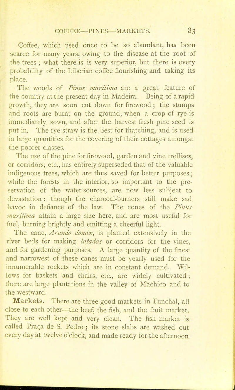 Coffee, which used once to be so abundant, has been scarce for many years, owing to the disease at the root of the trees; what there is is very superior, but there is every probability of the Liberian coffee flourishing and taking its place. The woods of Pinus maritima are a great feature of the country at the present day in Madeira. Being of a rapid growth, they are soon cut down for firewood; the stumps and roots are burnt on the ground, when a crop of rye is immediately sown, and after the harvest fresh pine seed is put in. The rye straw is the best for thatching, and is used in large quantities for the covering of their cottages amongst the poorer classes. The use of the pine for firewood, garden and vine trellises, or corridors, etc., has entirely superseded that of the valuable indigenous trees, which are thus saved for better purposes; while the forests in the interior, so important to the pre- servation of the water-sources, are now less subject to devastation: though the charcoal-burners still make sad havoc in defiance of the law. The cones of the Finns maritima attain a large size here, and are most useful for fuel, burning brightly and emitting a cheerful light. The cane, Arimdo donax, is planted extensively in the river beds for making latadas or corridors for the vines, and for gardening purposes. A large quantity of the finest and narrowest of these canes must be yearly used for the innumerable rockets which are in constant demand. Wil- lows for baskets and chairs, etc., are widely cultivated; there are large plantations in the valley of Machico and to the westward. Markets. There are three good markets in Funchal, all close to each other—the beef, the fish, and the fruit market. They are well kept and very clean. The fish market is called Praga de S. Pedro; its stone slabs are washed out every day at twelve o'clock, and made ready for the afternoon