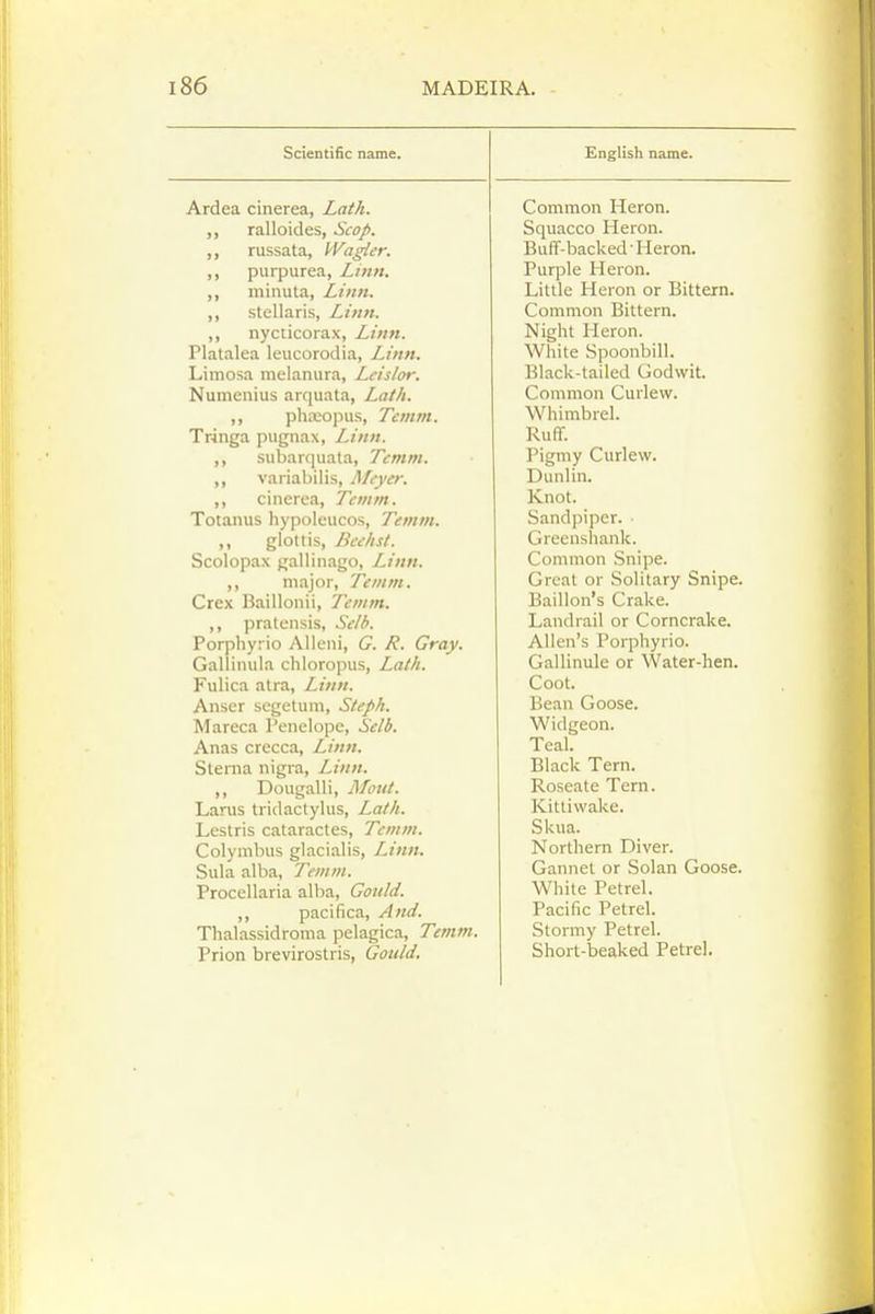 Scientific name. Ardea cinerea, Lath. ,, ralloides, Scop. ,, russata, Wa^er. ,, purpurea, Linn. ,, minuta, Linn. stellaris, Linn. ,, nycticorax, Linn. Platalea leucorodia, Linn. Limosa inelanura, Leislor. Numenius arquata, Lath. ,, phaopus, Temm. Tringa pugnax, Linn. ,, subarquata, Tcmin. ,, variabilis, M>yer. „ cinerea, Temm. Totanus liypoleucos, Temm. ,, glottis, Beehst. Scolopax gallinago. Linn. ,, major, Temm. Crex Baillonii, Temm. ,, pralensis, Selb. Porphyrio Alien!, G. R. Gray. Gallinula cliloropus. Lath. Fulica atra. Linn. Anser segeluni, Steph. Mareca Penelope, Selb. Anas crecca. Linn. Sterna nigra. Linn. ,, Dougalli, Mout. Larus tridactylus. Lath. Lestris cataractes, Temm. Colynibus glacialis. Linn. Sula alba, Temm. Procellaria alba, Gould. ,, pacifica, And. Thalassidroma pelagica, Temm. Prion brevirostris, Gould. English name. Common Heron. Squacco Heron. Buff-backed • Heron. Purple Heron. Little Heron or Bittern. Common Bittern. Night Heron. White Spoonbill. Black-tailed Godvvit. Common Curlew. Whimbrel. Ruff. Pigmy Curlew. Dunlin. Knot. Sandpiper. Greenshank. Common Snipe. Great or Solitary Snipe. Baillon's Crake. Landrail or Corncrake. Allen's Porphyrio. Gallinule or Water-hen. Coot. Bean Goose. Widgeon. Teal. Black Tern. Roseate Tern. Kittiwake. Skua. Northern Diver. Gannet or Solan Goose. White Petrel. Pacific Petrel. Stormy Petrel. Short-beaked Petrel.