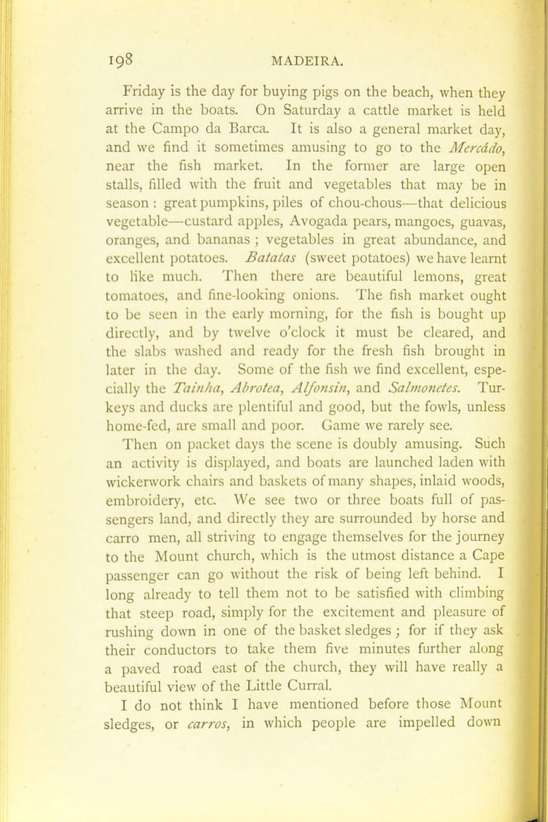 Friday is the day for buying pigs on the beach, when they arrive in the boats. On Saturday a cattle market is held at the Campo da Barca. It is also a general market day, and we find it sometimes amusing to go to the Mercddo, near the fish market. In the former are large open stalls, filled with the fruit and vegetables that may be in season : great pumpkins, piles of chou-chous—that delicious vegetable—custard apples, Avogada pears, mangoes, guavas, oranges, and bananas ; vegetables in great abundance, and excellent potatoes. Batatas (sweet potatoes) we have learnt to like much. Then there are beautiful lemons, great tomatoes, and fine-looking onions. The fish market ought to be seen in the early morning, for the fish is bought up directly, and by twelve o'clock it must be cleared, and the slabs washed and ready for the fresh fish brought in later in the day. Some of the fish we find excellent, espe- cially the Tain/ia, Ahrotca, Alfonsin, and Salmonetes. Tur- keys and ducks are plentiful and good, but the fowls, unless home-fed, are small and poor. Game we rarely see. Then on packet days the scene is doubly amusing. Such an activity is displayed, and boats are launched laden with wickerwork chairs and baskets of many shapes, inlaid woods, embroidery, etc. We see two or three boats full of pas- sengers land, and directly they are surrounded by horse and carro men, all striving to engage themselves for the journey to the Mount church, which is the utmost distance a Cape passenger can go without the risk of being left behind. I long already to tell them not to be satisfied with climbing that steep road, simply for the excitement and pleasure of rushing do\vn in one of the basket sledges ; for if they ask their conductors to take them five minutes further along a paved road east of the church, they will have really a beautiful view of the Little Curral. I do not think I have mentioned before those Mount sledges, or carros, in which people are impelled down
