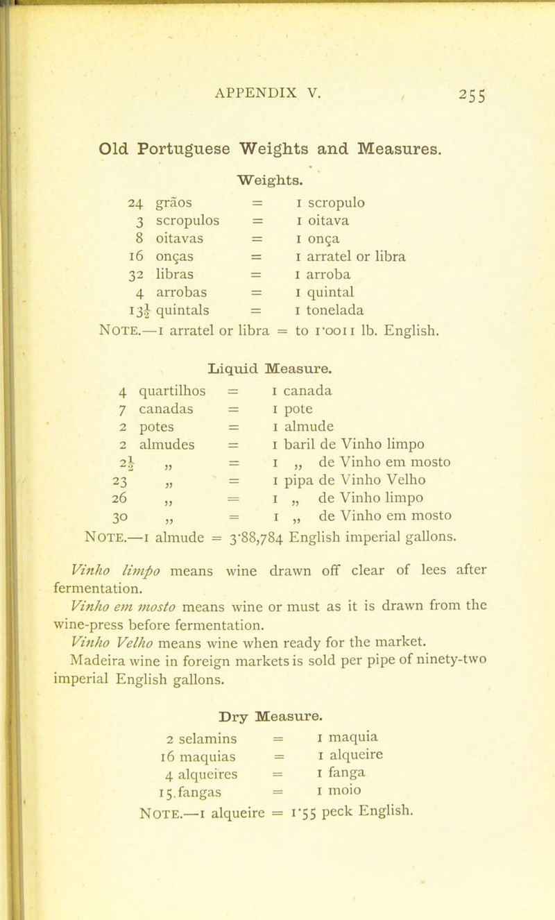Old Portuguese Weights and Measures. Weights. 24 graos 3 scropulos 8 oitavas 16 ongas 32 libras 4 arrobas i -^^ quintals I scropulo I oitava I onga I arratel or libra I arroba I quintal I tonelada Note.—i arratel or libra = to rooii lb. English. Liqmd Meastire. 4 quartilhos = i Canada 7 canadas 2 potes 2 almudes 2l 23 26 30 I pote I almude I baril de Vinho limpo I „ de Vinho em mosto I pipa de Vinho Velho I „ de Vinho limpo I de Vinho em mosto Note.—i almude = 3'88,784 English imperial gallons. Vt'nko limpo means wine drawn off clear of lees after fermentation. Vinho em mosto means wine or must as it is drawn from the wine-press before fermentation. Vinho Velho means wine when ready for the market. Madeira wine in foreign markets is sold per pipe of ninety-two imperial English gallons. Dry Measure. 2 selamins = I maquia 16 maquias = 4 alqueires = I5,fangas = Note.—I alqueire = rss peck Enghsh. I alqueire I fanga I moio