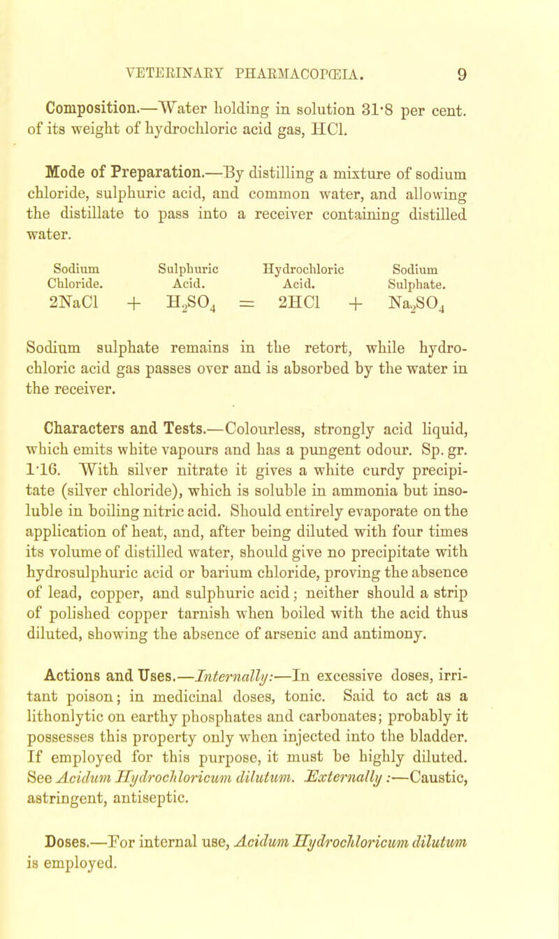 Composition.—Water holding in solution 31-8 per cent, of its weight of hydrochloric acid gas, HCl. Mode of Preparation.—By distilling a mixture of sodium chloride, sulphuric acid, and common water, and allowing the distillate to pass into a receiver containing distilled water. Sodium Sulphuric Hydrochloric Sodium Chloride. Acid. Acid. Sulphate. 2NaCl + H2S0^ = 2HC1 + Na^SO^ Sodium sulphate remains in the retort, while hydro- chloric acid gas passes over and is absorbed by the water in the receiver. Characters and Tests.—Colourless, strongly acid liquid, which emits white vapours and has a pungent odour. Sp. gr. 116. With silver nitrate it gives a white curdy precipi- tate (silver chloride), which is soluble in ammonia but inso- luble in boiling nitric acid. Should entirely evaporate on the application of heat, and, after being diluted with four times its volume of distilled water, should give no precipitate with hydrosiilphuric acid or barium chloride, proving the absence of lead, copper, and sulphuric acid; neither should a strip of polished copper tarnish when boiled with the acid thus diluted, showing the absence of arsenic and antimony. Actions and Uses.—Internally:—In excessive doses, irri- tant poison; in medicinal doses, tonic. Said to act as a lithonlytic on earthy phosphates and carbonates; probably it possesses this property only when injected into the bladder. If employed for this purpose, it must be highly diluted. See Acidum Hydrocliloricum dilutum. Externally:—Caustic, astringent, antiseptic. Doses.—For internal use, Acidmi Hydrocliloricwn dilutum is employed.