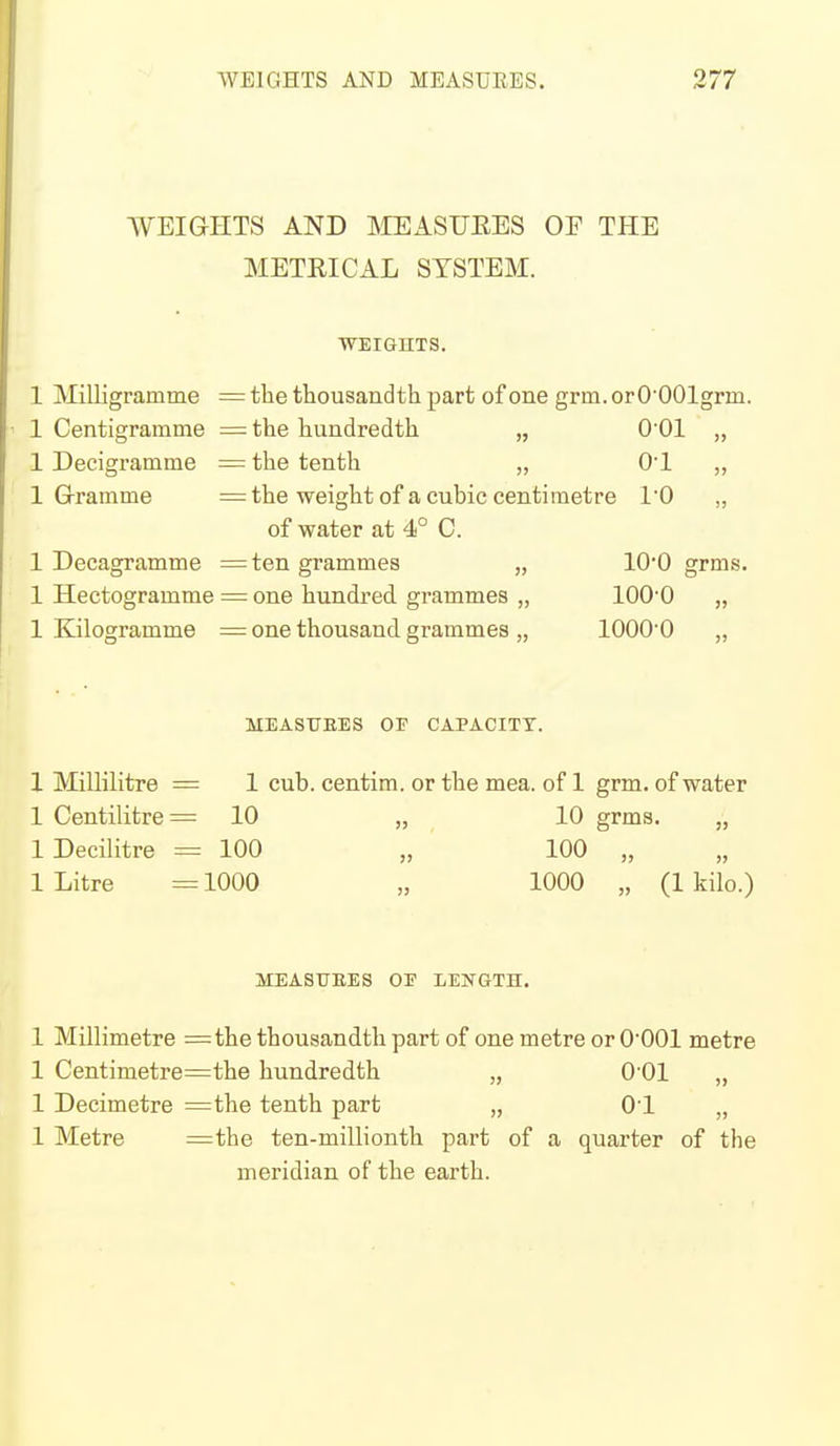 WEIGHTS AND IMEASUEES OF THE METRICAL SYSTEM. WEIGnTS. 1 Milligramme = the thousandth part of one grm. or O'OOlgrm. 1 Centigramme = the hundredth „ O'Ol „ 1 Decigramme = the tenth „ 01 „ 1 Gramme = the weight of a cubic centimetre 10 „ of water at 4° C. 1 Decagramme =ten grammes „ 100 grms. 1 Hectogramme = one hundred grammes „ lOO'O „ 1 Kilogramme = one thousand grammes „ lOOO'O „ MEASTTEES OF CAPACITY. 1 Millilitre = 1 cub. centim. or the mea. of 1 grm. of water 1 Centilitre = 10 „ 10 grms. „ 1 Decilitre = 100 „ 100 „ 1 Litre =1000 „ 1000 „ (1 kilo.) MEASURES OF LENGTH. 1 Millimetre =the thousandth part of one metre or O'OOl metre 1 Centimetre=the hundredth „ O'Ol „ 1 Decimetre =the tenth part „ 01 „ 1 Metre =the ten-millionth part of a quarter of the meridian of the earth.