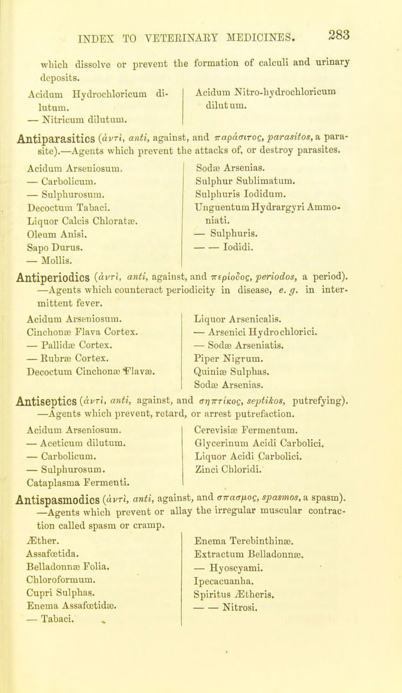 which dissolve or prevent the formation of calculi and urinary deposits. Acidum Hydrochloricum di- lutum. — Nitricum dilutum. Acidum Nitro-hydrochloricum dilut um. Antiparasitics (avri, anti, against, and Trapaairog, parasitos, a para- site).—Agents which prevent the attacks of, or destroy parasites. Acidum Arseniosum. — Carbolicum. — Sulphurosum. Decoctum Tabaci. Liquor Calcis ChloratiB. Oleum Anisi. Sapo Durus. — Mollis. Sodaj Arsenias. Sulphur Sublimatura. Sulphuris lodidura. Unguentum Hydrargyri Ammo- niati. — Sulphuris. lodidi. AntiperiodicS {avrl, anti, against, and irepiodog, periodos, a period). —Agents which counteract periodicity in disease, e. g. in inter- mittent fever. Acidum Arseniosum. Cinchonte Flava Cortex. — Pallida; Corte.\. — RubrsB Cortex. Decoctum Cinchonffi ^'lavss. Liquor Arsenicalis. — Arsenici Hydro chlorici. — SodsB Arseniatis. Piper Nigrum. QuinisB Sulphas. Soda; Arsenias. Antiseptics (aj'. ajj^i, against, and (TTjTrriKog, septikos, putrefying). —Agents which prevent, retard, or arrest putrefaction. Cerevisise Fermentum. Glycerinum Acidi Carbolici. Liquor Acidi Carbolici. Ziuci Chloridi. Acidum Arseniosum. — Aceticum dilutum. — Carbolicum. — Sulphurosum. Cataplasma Fermenti. Antispasmodics {avrl, anti, against, and (nraanog, spasmos, a spasm). —Agents which prevent or allay the irregular muscular contrac- tion called spasm or cramp. ^ther. Assafcetida. Belladonna; Folia. Chloroformum. Cupri Sulphas. Enema Assafoetidse. — Tabaci. Enema TerebinthinK. Extractum Belladonnae. — Hyoscyami. Ipecacuanha. Spiritus iEtheris. Nitrosi.