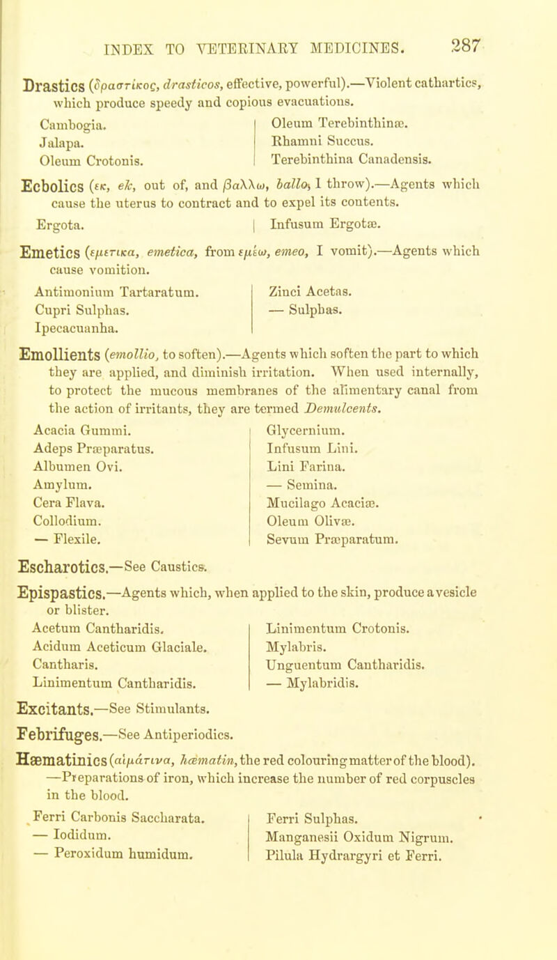 Drastics {^paarkoQ, drasficos, effective, powerful).—Violent cathartics, which produce speedy and copious evacuations. Cambogia. Jalapa. Oleum Crotonis. Oleum Terebinthina3. Ehamni Succus. Terebinthina Canadensis. Ecbolics (ft; ek, out of, and (3a\\<ji, balloi I throw).—Agents which cause the uterus to contract and to expel its contents. Ergota. I Infusum Ergotaj. Emetics (fjUftfca, emetica, from sfiko), emeo^ I vomit).—Agents which cause vomition. Antimonium Tartaratum. Zinci Acetas. Cupri Sulphas. — Sulphas. Ipecacuanha. Emollients {emollio, to soften).—Agents which soften the part to which they are applied, and diminish irritation. When used internally, to protect the mucous membranes of the alimentary canal from the action of irritants, they are termed Demulcents, Acacia Gummi. Adeps Prteparatus. Albumen Ovi. Amylum. Cera Flava. Collodium. — Flexile. Escharotics.—See Caustics. Epispastics.—Agents which, when applied to the skin, produce a vesicle or blister. Glycernium. Infusum Lini. Lini Farina. — Semina. Mucilage Acacia?. Oleum Olivai. Sevum Prasparatum. Acetum Cantharidis. Acidum Aceticum Glaciale. Cantharis. Linimentum Cantharidis. Linimentum Crotonis. Mylabris. Unguentum Cantharidis. — Mylabridis. Excitants,—See Stimulants. Febrifuges.—See Antiperiodics. Hsematinics {aifidTiva, hamatin, the red colouringmatterof the blood), -Pf eparationaof iron, which increase the immber of red corpuscles in the blood. Ferri Carbonis Saccharata. — lodidum. — Peroxidum humidum. Ferri Sulphas. Manganesii Oxidum Nigrum. Pilula Hydrargyri et Ferri.