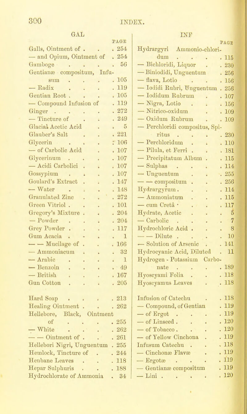 GAL PAOE Galls, Ointment of . . . 254 — and Opium, Ointment of . 254 Giimboge . . . .56 Gentianai compositum, lufii- snm .... 105 — Radix . . . .119 Gentian Root .... 105 — Compound Infusion of . 119 Ginger 272 — Tincture of . . . 249 Glacial Acetic Acid . . 5 Glauber's Salt . . .221 Glycerin . . . r lOB — of Carbolic Acid . . 107 Glycerinum .... 107 — Acidi Carbolici . . . 107 Gossypium .... 107 Goulard's Extract . . . 147 — Water . . . .148 Granulated Zinc . . . 272 Green Vitriol . . . .101 Gregory's Mixture . . . 204 — Powder .... 204 Grey Powder .... 117 Gum Acacia . - . . 1 Mucilage of . . . 166 — Ammoniacum . . .32 — Arabic .... 1 — IBenzoin . . . .49 — British . . . .167 Gun Cotton . . . .205 Hai-d Soap . . . .213 Healing Ointment . . . 262 Hellebore, Black, Ointment of . . . .255 — White . . . .262 Ointment of . . . 261 Hellebori Nigri, Unguentum . 255 Hemlock, Tincture of . . 244 Henbane Leaves . . . 118 Hepar Sulphuris . . . 188 Hydrochlorate of Ammonia . 34 INF PAGE Hydrargyri Ammonio-cblori- dum . . . .115 — Bichloridi, Liquor . . 230 — Biniodidi, Unguentum . 256 — flava, Lotio . . . 156 — lodidl Rubri, Unguentum . 256 — lodidum Rubrum . . 107 — Nigra, Lotio . . . 156 — Nitrico-oxidum . . 109 — Oxidum Rubrum . . 109 — Perchloridi compositus, Spi- ritus .... 230 — Perchloridum . . .110 — Pilula, et Ferri . . .181 — Precipitatum Album . . 115 — Sulphas .... 114 — Unguentum . . . 255 compositum . . . 256 Hydrargyrum.... 114 — Ammoniatum . . . 115 — cum Creta • . . . 117 Hydrate, Acetic ... 5 — Carbolic .... 7 Hydrochloric Acid ... 8 Dilute . . . .10 — Solution of Arsenic . . 141 Hydrocyanic Acid, Diluted . 11 Hydrogen - Potassium Carbo- nate . . . .189 Hyoscyami Folia . . . 118 Hyoscyamus Leaves . . 118 Infusion of Catechu . .118 — Compound, of Gentian . 119 — of Ergot . . . .119 — of Linseed. . . .120 — of Tobacco. . . .120 — of YeUow Cinchona . . 119 Infusum Catechu . . . 118 — Cinchonai Flava3 . . 119 — Ergotaj . . . .119 — Gentiana3 compositum . 119 — Lini 120