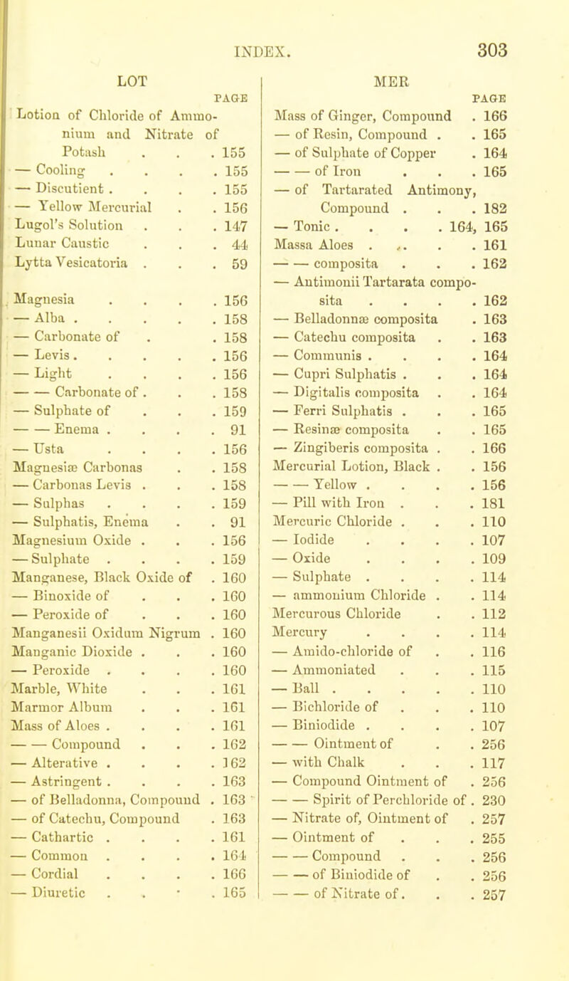 LOT PAGE Lotioa of Chloride of Ammo- nium and Nitrate of Potash . . .155 — Cooling .... 155 — Discutient .... 155 — Yellow Mercurial . . 156 Lugol's Solution . . . 147 Lunar Caustic . . .44 Lytta Vesicatoria . . .59 Magnesia .... 156 — Alba 158 — Carbonate of . , 158 — Levis 156 — Light . . . .156 Carbonate of. . . 158 — Sulphate of . . . 159 Enema . . . .91 — TJsta . . . .156 Magnesias Carbonas . . 158 — Carbonas Levis . . . 158 — Sulphas .... 159 — Sulphatis, Enema . . 91 Magnesium Oxide . . . 156 — Sulphate . . . .159 Manganese, Black Oxide of .160 — Binoxide of . . . 160 — Peroxide of . . . 160 Manganesii Oxidum Nigrum . 160 Manganic Dioxide . . . 160 — Peroxide .... 160 Marble, White . . .161 Marmor Album . . . 161 Mass of Aloes .... 161 Compound . . . 162 — Alterative . . . .3 62 — Astringent .... 163 — of Belladonna, Compound . 163 — of Catechu, Compound . 163 — Cathartic . . . .161 — Common .... 164 — Cordial . . . .166 — Diuretic . . • . 165 MER PAGE Mass of Ginger, Compound . 166 — of Resin, Compound . . 165 — of Sulphate of Copper . 164 of Iron . . . 165 — of Tartarated Antimony, Compound . . . 182 — Tonic .... 164, 165 Massa Aloes . . .161 composita . . . 162 — Antimonii Tartarata compo- sita . . . .162 — Belladonnaj composita . 163 — Catechu composita . . 163 — Communis .... 164 — Cupri Sulphatis . . . 164 — Digitalis composita . . 164 — Ferri Sulphatis . . . 165 — Resinas composita . . 165 — Zingiberis composita . . 166 Mercurial Lotion, Black . . 156 Yellow . . . .156 — Pill with Iron . . .181 Mercuric Chloride . . . 110 — Iodide .... 107 — Oxide . . . .109 — Sulphate .... 114 — ammonium Chloride . . 114 Mercurous Chloride . . 112 Mercury .... 114 — Amido-chloride of . . 116 — Ammoniated . . . 115 — Ball 110 — Bichloride of . . . 110 — Biniodide .... 107 Ointment of . . 256 — with Chalk . . .117 — Compound Ointment of . 256 Spirit of Perchloride of . 230 — Nitrate of. Ointment of . 257 — Ointment of . . . 255 Compound . . . 256 of Biniodide of . . 256 of Nitrate of. . . 257