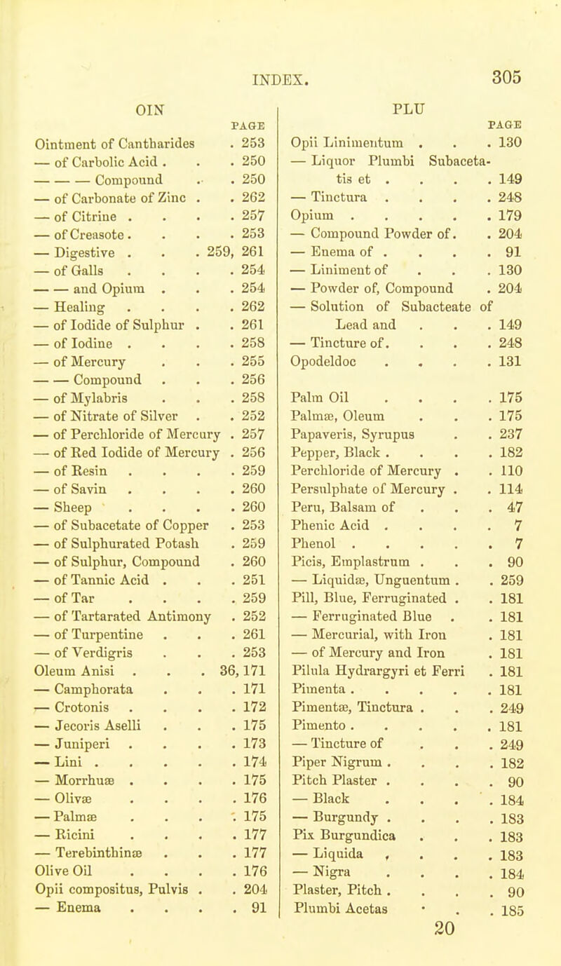 OIN PAGE PLU PAGE Ointment oi Cantnariaes Opii Liniraeutum . . 130 — of Carbolic Acid . . 250 — Liquor Plumbi Subaceta- Compound . 250 tis et . . 149 — of Carbonate of Zinc . . 262 — Tinctura . 248 — of Citrine . . 257 Opium .... . 179 — of Creasote. . 253 — Compound Powder of. . 204 — Digestive . . . 259, 261 — Enema of . , . . 91 — of Galls . 254 — Liniment of . 130 and Opium . . . 254 — Powder of, Compound . 204 — Healing . 262 — Solution of Subacteate of — of Iodide of Sulphur . . 261 Lead and . 149 — of Iodine . 258 — Tincture of. . . . 248 — of Mercury . 255 Opodeldoc . • . 131 Compound . 256 — of Mvlabris . 258 Palm Oil ... . 175 — of Nitrate of Silver . 252 Palmse, Oleum . 175 — of Percbloride of Mercury . 257 Papaveris, Syrupus . . 237 — of Red Iodide of Mercui-y . 256 Pepper, Blaclc • . . . 182 — of Resin . 259 Perchloride of Mercury • . 110 — of Savin . 260 Persulphate of Mercury . . 114 — Sheep . 260 Peru, Ralsam of . . . 47 — of Subacetate of Copper . 253 Phenic Acid . . . 7 — of Sulphui-ated Potash . 259 Phenol .... 7 — of Sulphur, Compound . 260 Picis, Emplastrum . . . 90 — of Tannic Acid . . 251 — Liquidse, Unguentum . . 259 — of Tar . 259 Pill, Blue, Perruginated . . 181 — of Tartarated Antimony , 252 — Ferruginated Blue • . 181 — of Turpentine . 261 — Mercurial, with Iron . 181 — of Verdigris . 253 — of Mercurv and Iron . 181 Oleum A nisi . . . 36,171 Pilula Hydrargyri et Ferri . 181 — Camphorata . 171 Pimenta .... . 181 1— Crotonis . 172 Pimentse, Tinctura . . 249 — Jecorls Aselli . 175 Pimento .... . 181 — Juniperi . 173 — Tincture of . 249 — Lini .... . 174 Piper Nigrum . . 182 — MorrhuEB . . 175 Pitch Plaster . . 90 — Olivse . 176 — Black ' . 184 — Palmse . 175 — Burgundy . . 183 — Ricini . 177 Pix Burgundica . 183 — TerebinthinjB . 177 — Liquida , . 183 Olive Oa . 176 — Nigra . 184 Opii compositus, Palvis . . 204 Plaster, Pitch . . 90 — Enema . 91 Plumbi Acetas . 185 20
