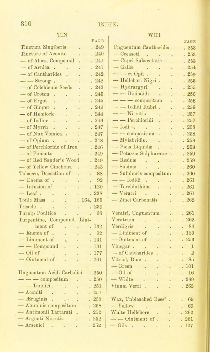 TIN WHI PAGE FAQE Tinctura Zingiberis . 249 Unguentum Cantharidia . . 253 Tincture of Aconite . 240 — Creasoti . 253 — of Aloes, Compound . . 211 — Cupri Subacetatis . 253 — of Ai'nica . . 241 — GalliE . 254 — of Cantharides . . 242 et Opii . . 25^^ Strong . . 242 — Hellebori Nigri . . 255 — of Colchicum Seeds . 243 — Hydrargyri . 255 — of Croton . . 245 Biniodidi . 256 — of Ergot . 245 compositum . 256 — of Ginger . . 249 lodidi Rubri . . 256 — of Hemlock . 244 Nitratis . 257 — of Iodine . . 246 Perchloridi . . 257 — of Myrrh . . 247 — lodi -. . . . . 258 — of Nux Vomica . . 247 compositum . . 258 — of Opium . . 248 — Mylabridis. . 258 — of Perchloride of Iron . 246 — Picis Liquidffi . 259 — of Pimento . 249 — Potassaj Sulphuratse . . 259 — of Red Sander's Wood . 249 — Resinaj . 259 — of Yellow Cincliona . . 243 — Sabinse . 260 Tobacco, Decoction of . 88 — Sulplmris compositum . 260 — Jinoma of . . 92 lodidi . . 261 — Infusion of . 120 — Terebinthina) . 261 — Leaf .... . 238 — Veratri . 261 Tonic Mass . . . 164, 165 — Zinci Carbouatis . 262 Treacle .... . 239 Turnip Poultice 66 Veratri, Unguentum . 261 Turpentine, Compound Lini Veratrum . 262 ment of 132 Verdigris . 84 — Enema of . 92 — Liniment of . 129 — Liniment of 131 — Ointment of . 253 Compound . 131 Vinegar .... . .1 — Oil of 177 — of Cantharides . . 2 — Ointment of 261 Vitriol, Blue . . 85 — Green . 101 Unguentum Acidl Carbolici 250 - Oil of . 16 compositum 250 — White . 269 Tannici . 251 Vinum Verri . . 263 — Aconiti 251 — iEruginis . . . 253 Wax, Unbleached Bees' . . 69 — Alumiuis compositum 258 — Yellow . 69 — Antimonii Tartarati . 252 White Hellebore . 262 — Argenti Nitratis 252 Ointment of . . 261 — Arsenici . . . . 252 1 — Oils .... . 127