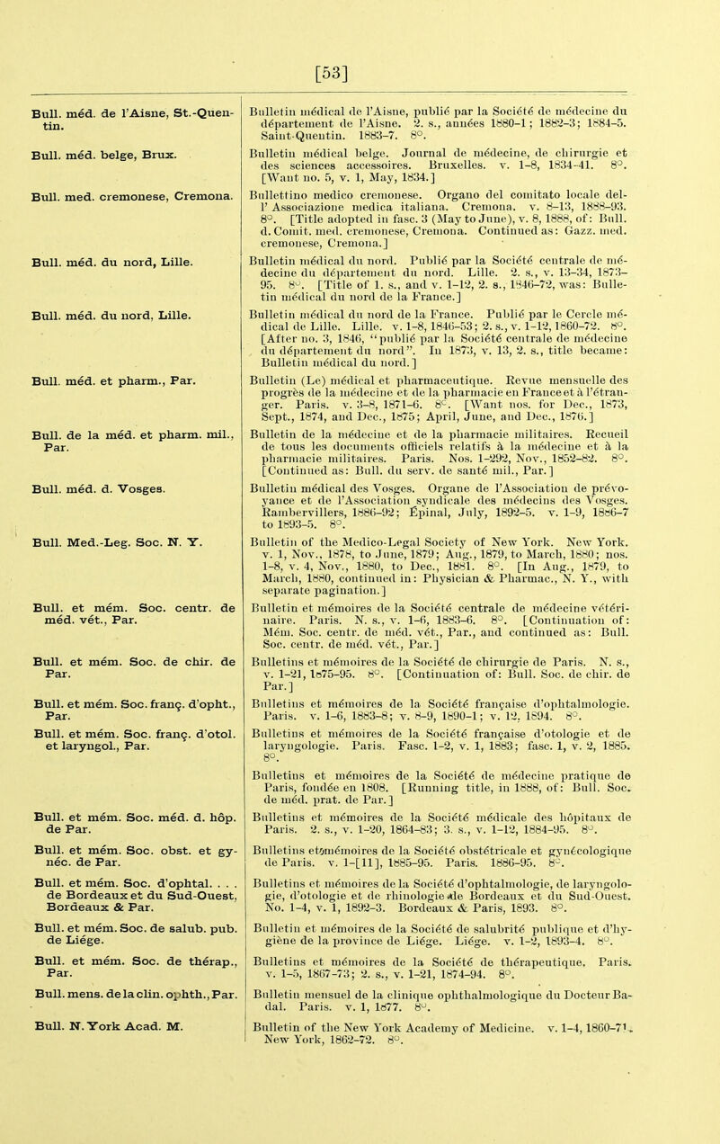 [53] Bull. med. de I'Aisne, St.-Quen- tin. Bull. med. beige, Brux. Bull. med. cremonese, Cremona. Bull. med. du nord, Lille. Bull. med. du nord, Lille. Bull. med. et pharm., Par. Bull, de la med. et pharm. mil. Par. Bull. med. d. Vosges. Bull. Med.-Leg. Soc. N. Y. Bull, et mem. Soc. centr. de med. vet., Par. Bull, et mem. Soc. de chir. de Par. Bull, et mem. Soc. fran9. d'opht.. Par. Bull, et mem. Soc. fran9. d'otol. et laryngol.. Par. Bull, et mem. Soc. med. d. hop. de Par. Bull, et mem. Soc. obst. et gy- nec. de Par. Bull, et mem. Soc. d'ophtal. . . . de Bordeaux et du Sud-Ouest, Bordeaux & Par. Bull, et mem. Soc. de salub. pub. de Liege. Bull, et mem. Soc. de therap.. Par. Bull. mens, de la clin. ophth., Par. Bull. N. York Acad. M. Bulletin iii6<lical do I'Aisne, public par la Soci6t6 de m6decine du d6parteuient de FAi-sne. 2. s., anu6es 1880-1; 1882-3; 1884-5. SaiutQueutiu. 1883-7. 8°. Bulletin niddical beige. Journal de m^decine, de cbirurgie et des sciences accessoires. Bruxelles. v. 1-8, 1834-41. 8°. [Want no. 5, v. 1, May, 1834.] Bullettino medico cremonese. Organo del coniitato locale del- 1' Associazione niedica italiaua. Cremona, v. 8-13, 1888-93. 8°. [Title adopted in fasc. 3 (May to June), v. 8, 1888, of: Bull, d. Comit. med. cremonese, Cremona. Continued as: Gazz. med. cremonese, Cremona.] Bulletin medical du nord. Public par la Soci6t6 centrale de m6- decine du d6parteinent du nord. Lille. 2. s., v. 13-34, 1873- 95. 8^. [Title of 1. s., and v. 1-12, 2. s., 184(3-72, was: Bulle- tin medical du nord de la France.] Bulletin mddical du nord de la France. Publi6 par Ic Cercle me- dical de Lille. Lille, v. 1-8, 184()-53; 2. s., v. 1-12,1860-72. 8°. [After no. 3, 1846, publi6 par la Soci6t6 centrale de m6deciue du d^partement du nord. In 1873, v. 13, 2. s., title became: Bulletin m^ical du nord.] Bulletin (Le) medical et pbarmaceutique. Revue mensuelle des progrfes de la m^decine et de la pharmacie en France et a I'^tran- ger. Paris, v. 3-8, 1871-6. 8^. [Want nos. for Dec, 1873, Sept., 1874, and Dec, 1875; April, June, and Dec, 1876.] Bulletin de la niMeciue et de la pbarmacie militaires. Recueil de tons lea documents ofiflciels relatifs k la m^deciue et h la pharmacie militaires. Paris. Nos. 1-292, Nov., 1852-82. 8°. [Continued as: Bull, du serv. de sant^ mil.. Par.] Bulletin medical des Vosges. Organe de I'Association de pr(§vo- yance et de I'Association syudicale des m6decins des Vosges. Rambervillers, 1886-92; Epinal, July, 1892-5. v. 1-9, 1886-7 to 1893-5. 8°. Bulletin of the Medico-Legal Society of New York. New York. V. 1, Nov., 1878, to June, 1879; Aug., 1879, to March, 1880; nos. 1-8, V. 4, Nov,, 1880, to Dec, 1881. 8°. [In Aug., 1879, to March, 1880, contiuued in: Physician & Pharmac, N. Y., with separate pagination.] Bulletin et m^moires de la Soci6t6 centrale de m^decine v^t^ri- naire. Paris. N. s., v. 1-6, 1883-6. 8°. [Continuation of: M6ni. Soc. centr. de m6d. v6t.. Par., and continued as: Bull. Soc. centr. de ni6d. v6t., Par.] Bulletins et m^moires de la Soci^t6 de cbirurgie de Paris. N. s., V. 1-21, lf575-95. 8. [Continuation of: Bull. Soc. de chir. de Par.] Bulletins et m^moires de la Soci6t6 franjaise d'ophtalmologie. Paris. V. 1-6, 1883-8; v. 8-9, 1890-1; v. 12, 1894. 8°. Bulletins et m^moires de la Soci6t6 franjaise d'otologie et de laryngologie. Paris. Fasc. 1-2, v. 1, 1883; fasc. 1, v. 2, 1885. 8°. Bulletins et m6nioires de la Soci^t^ de m(5decine pratique de Paris, fond6e en 1808. [Running title, in 1888, of: Bull. Soc. de m6d. prat, de Par. ] Bulletins et m6moires de la Soci^t^ m^dicale des liopitaux de Paris. 2. s., v. 1-20, 1864-83; 3. s., v. 1-12, 1884-95. 8^. Bulletins etom^moires de la Soci^t^ obst€tricale et gyn6cologique de Paris, v, l-[ 11], 1885-95. Paris. 1886-95. 8^. Bulletins et ni^moires dela Soci^t^ d'ophtalmologie, de laryngolo- gie, d'otologie et de rbinoIogieAle Bordeaux et du Sud-Ouest. No. 1-4, V. 1, 1892-3. Bordeaux & Paris, 1893. 8°. Bulletin et m^moires de la Soci6t6 de salubrity publique et d'hy- gihne de la province de Li^ge. Li^ge. v. 1-2, 1893-4. 8^. Bulletins et m6moires de la Soci6t6 de th^rapeutique. Paris. V. 1-5, 1867-73; 2. s., v. 1-21, 1874-94. 8°. Bulletin mensuel de la clinique ophthalmologique du DocteurBa- dal. Paris, v. 1, 1877. 8. Bulletin of the New York Academy of Medicine, v. 1-4, 1860-71.