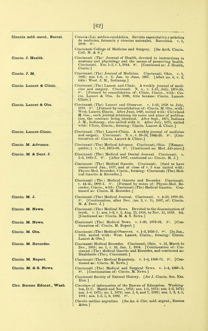 [62] Ciencia med.-escol., Barcel. Cincin. J. Health. Cincin. J. M. Cincin. Lancet & Clinic. Cincin. Lancet & Obs. Cincin. Lancet-Clinic. Cincin. M. Advance. Cincin. M. & Dent. J. Cincin. M. J. Cincin. M. News. Cincin. M. News. Cincin. M. Obs. Cincin. M. Recorder. Cincin. M. Repert. Cincin. M. & S. News. Circ. Bureau Educat., Wash. Ciencia (La) m^dico-escoMstica. Revista especnlativaypr^ctica de luedicina, faruiacia y cieucias naturales. Barcelona, v. 1, 1889: 8°. [See Arch. Ciuciu. Cincinnati College of Medicine and Surgery. Coll. M. & S.] Cincinnati (The) Journal of Health, devoted to instructions in anatomy and physiology and the means of preserving health. Cincinnati. Nos. 1-3, v. 1,1844. 8°. [Continued as: J. Health, Cincin.] Cincinnati (The) Journal of Medicine. Cincinnati, Ohio. v. 1, 1866; nos. 1-6, v. 2, Jan. to June, 1867. [After no. 6, v. 2, title: West. J. M., Indianap.] Cincinnati (The) Lancet and Clinic. A weekly journal of medi- cine and surgery. Cincinnati. N. s., v. 1-15, July, 1878-85. 6°. [Formed by consolidation of: Clinic, Cincin., witli: Cin- cin. Lancet & Obs. In 1886, title became: Cincin. Lancet- Clinic] Cincinnati (The) Lancet nud Observer, v. 1-21, 1858 to July, 1878. 8°. [Formed by consolidation of: Cincin. M. Obs., with: West. Lancet, Cincin. After June, 1860, united with: Cleveland M. Gaz., each journal retaining its name and place of publica- tion, the contents being identical. After Sept., 1875, Indiana J. M., Indianap., also united with it. After July, 1878, united with: Clinic, Cincin., forming: Cincin. Lancet & Clinic] Cincinnati (The) Lancet-Clinic. A weekly journal of medicine and surgery. Cincinnati. N. s., v. 16-34, 1886-95. 8^. [Con- tinuation of: Cincin. Lancet & Clinic] Cincinnati (The) Medical Advance. Cincinnati, Ohio. [Homoeo- pathic] V. 1-8, 1873-80. 8°. [Continued as: Med. Advance.] Cincinnati (The) Medical and Dental Journal. Cincinnati, v. 1-3, 1885-7. 8°. [After 1887, continued as: Cincin. M. J.] Cincinnati (The) Medical Gazette. Cincinnati. [Said to have commenced Jan., 1877, and at close of v. 3 was united with: Physio-Med. Recoi'der, Cincin., forming: Cincinnati (The) Med- ical Gazette & Recorder.] Cincinnati (The) Medical Gazette and Recorder. Cincinnati. V. 44-45, 1880-1. 8^. [Formed by union of: Physio-Med. Re- corder, Ciucin., with: Cincinnati (The) Medical Gazette. Con- tinued as: Cincin. M. Recorder.] Cincinnati (The) Medical Journal. Cincinnati, v. 4-10, 1888-95. 8°. [Continuation, after Dec. (no. 3, v. 3), 1887, of: Ciucin. M. & Dent. J.] Cincinnati (The) Medical News. Devoted to the dissemination of truth. V. 1; nos. 1-2, v. 2, Aug. 15, 18.'')8, to Nov. 15, 1859. fol. [Continued as: Cincin. M. & S. News.] Cincinnati (The) Medical News. v. 1-20, 1872-91. 8°. [Con- tinuation of: Cincin. M. Repert.] Cincinnati (The) Medical Observer, v. 1-2,1856-7. 8°. [In Jan., 1858, united with: West. Lancet, Cincin., forming: Cincin. Lancet & Obs.] Cincinnati Medical Recorder. Cincinnati, Ohio. v. 51, March to Dec, 1883; no. 1, v. 52, Jan. 1, 1884. [Continuation of: Cin- cinnati (The) Medical Gazette and Recorder, and continued as: Healthside (The), Cincinnati.] Cincinnati (The) Medical Repertory, v. 1-4, 1868-71. 8^. [Con- tinued as: Cincin. M. News.] Cincinnati (The) Medical and Surgical News. v. 1-4, 1860-3. 8°. [Continuation of: Cincin. M. News.] Cincinnati Society of Natural History. [See J. Cincin. Soc. Nat. Hist.] Circulars of information of the Bureau of Education. Washing- ton, D. C. March and Nov., 1872; nos. 1-5, 1873; nos. 1-3, 1874; nos. 1-8, 1875; no. 1, 1879; nos. 1, 6, and 7, 1880; nos. 1, 2, 4, 5, 1881; nos. 1-3, 5, 6, 1882. 8°. Circulo medico argentine. [SeeAu. d. Circ. m6d. argent., Buenos Aires.] „