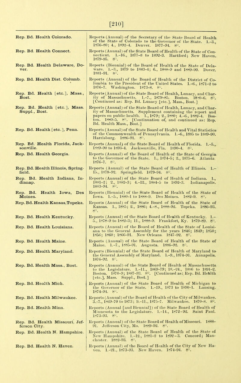 [210] Rep. Bd. Health Colorado. Rep. Bd. Health Connect. Rep. Bd. Health Delaware, Do- ver. Rep. Bd. Health Dist. Colunib. Rep. Bd. Health [etc.], Mass.. Host. Rep. Bd. Health [etc.], Mass. Suppl., Bost. Rep. Bd. Health [etc.], Penn. Rep. Bd. Health Florida, Jack- sonville. Rep. Bd. Health Georgia. Rep. Bd. Health Illinois, Spring- field. Rep. Bd. Health Indiana, In- dianap. Rep. Bd. Health Iowa, Des Moines. Rep. Bd. Health Kansas,Topeka. Rep. Bd. Health Kentucky. Rep. Bd. Health Louisiana. Rep. Bd. Health Maine. Rep. Bd. Health Maryland. Rep. Bd. Health Mass., Bost. Rep. Bd. Health Mich. Rep. Bd. Health Milwaukee. Rep. Bd. Health Minn. Rep. Bd. Health Missouri, Jef- ferson City. Rep. Bd. Health N. Hampshire. Rep. Bd. Health N. Haven. Eeports (Aumial) of the Secretaiy of the State Board of Health of the State of Cohjiado to the Governor of the State. 1.-3., 1876-80; 4., 1892-4. Denver. 1877-94. 8°. Eeports (Animal) of the State Board of Healtli of the State of Con- necticut. 1.-16., 1877-8 to 1892-3. Hartford; New Haven. 1879-95. 8°. Reports (Biennial) of the Board of Health of tlie State of Dela- ware. 1.-3., 1879 to 1883-4; 6., 1888-9 and 1889-90. Dover. 1881-91. 8°. Eeports (Annual) of the Board of Health of the District of Co- luiubia to the President of the United States. 1.-6., 1871-2 to. 1876-7. Washington. 1873-8. 8^. Eeports (Annual) of the State Board of Health, Lunacj', and Char- ity of Massachusetts. 1.-7., 1879-85. Boston. 18-i0-6. 6°. [Continued as: Eep. Bd. Lunacy [etc.], Mass., Bost.] Eeports (Annual) of the State Board of Health, Lunacy, and Char- ity of Massachusetts. Supplement coutaiuin<r the report and papers on public healtli. 1., 1879; 2., 1880; 4.-6., 1882-4. Bos- ton. 1880-5. 8°. [Continuation of, and continued as: Eep. Bd. Health Mass., Bost.] Eejiorts (Annual) of the State Board of Health and Vital Statistics of The Commonwealth of Pennsylvania. 1.-6., 1885 to 1889-90. Harrisbur-r. 1886-91. 8^. Eeports (Annual) of the State Board of Health of Florida. 1889-90 to 1893-4. Jacksonville, Fla. 1890-4. 8°. 1.-5.,. Eeports (Annual) of the Board of Health of the State of Georgia, to the Governor of the State. 1., 1874-5; 2., 1875-6. Atlanta 1876-7. 8-^. Eeports (Annual) of the State Board of Health of Illinois. 1.— 15., 1878-92. Springlield. 1879-94. 8°. Eeports (Annual) of the State Board of Health of Indiana. 1., 1881-2; 2., 1882-3; 4.-12., 18«4-5 to 1892-3. lndianapoli,«. 1883-94. 8°. Eeports (Biennial) of tiie State Board of Health of the State of Iowa. 1.-5., 1880-1 to 1888-9. Des Moines. 1882-9. 8°. Eeports (Annual) of the State Board of Health of the State of Kansas. 1., 1885; 2., 1886; 4.-8., 1888-92. Topeka. 1886-93.. 8°. Eeports (Annual) of the State Board of Health of Kentucky. 1.— 5., 1878-9 to 1882-3; 11., 1888-9. Frankfort, Ky. 1879-89. 8. Reports (Annual) of the Board of Health of the State of Louisi- ana to the General Assembly for the years 1846; 1849; 1850;. 185G; 1860; 1866-91. New Orleans. 1847-92. 6°. Eeports (Annual) of the State Board of Health of the State of Maine. 1.-7., 1885-91. Augusta. 1886-92. &°. Reports (Biennial) of the State Board of Health of Maryland to the General Assembly of Maryland. 1.-9., 1874-91. Annapolis. 1876-92. 8^\ Eeports (Annual) of the State Board of Health of Massachusetts, to the Legislature. I.-IL, 1869-79; 18.-24., 18.--6 to 1891-2. Boston. 1870-9; 1887-93. 8°. [Continued as: Eep. Bd. Heftlth [etc.], Mass. Suppl., Bost.] Eeports (Annual) of the State Board of Health of Michigan to the Governor of the State. 1.-19., 1873 to 1890-1. Lansing. 1874-94. 8^. Eeports (Annual) of the Board of Health of the Cifv of Milwaukee. 3.-7., 1869-70 to 1873; 9.-11., 1875-7. Milwaukee. 1870-8. 8°. Eeports (Annual [and Biennial]) of the State Board of Health of Minnesota to the Legislature. 1.-14., 1872-92. Saint Paul. 1873-93. 8. Eeports (Annual) of the State Board of Health of Missouri. 1888- 91. Jetteisou City, Mo. 1889-92. 8^. Eeiiorts (Annual) of the State Board of Health of the State of New Hami.shire. 1.-12., 1881-2 to 1892-3. Concord; Man- chester. 1882-93. 8^. Reports (Annual) of the Board of Health of the City of New Ha- ven. 1.-21., 1873-93. New Haven. 1874-94. 8'^.
