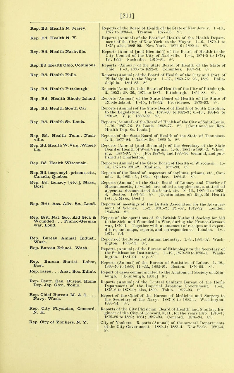 [211] Rep. Bd. Health N. Jersey. Rep. Bd. Health N. Y. Rep. Bd. Health Nashville. Rep. Bd. Health Ohio, Columbus. Rep. Bd. Health Phila. Rep. Bd. Health Pittsburgh. Rep. Bd. Health Rhode Island. Rep. Bd. Health South Car. Rep. Bd. Health St. Louis. Rep. Bd. Health Tenn., Nash- ville. Rep. Bd. Health W.Virg., Wheel- ing. Rep. Bd. Health Wisconsin. Rep. Bd. insp. asyl., prisons, etc., Canada, Quebec. Rep. Bd. Lunacy [etc.], Mass., Best. Rep. Brit. Ass. Adv. Sc., Lond. Rep. Brit. Nat. Soc. Aid Sick & Wounded . . . Franco-German war, Lond. Rep. Bureau Animal Indust., Wash. Rep. Bureau Ethnol., Wash. Rep. Bureau Statist. Labor, Best. Rep. cases . . . Anat. Soc. Edinb. Rep. Centr. San. Bureau Home Dep. Jap. Gov., Tokio. Rep. Chief Bureau M. & S. . . Navy, Wash. Rep. City Physician, Concord, N. H. Rep. City of Yonkers, N. Y. Reports of the Board of Health of the State of New Jersey. 1.-18., 1877 to 1893-4. Trenton. 1877-95. 8'=. Reports (Animal) of the Board of Health of the Health Depart- ment of the City of New York, to the Mayor. 1.-6., 1870-1 to 1875; also, 1889-92. New York. 1871-C; 1890-4. 8°. Reports (Annual [and Biennial]) of the Board of Health to the City Council of the City of Nashville. 1.-4., 1874-5 to 1878; 19., 1893. Nashville. 1875-94. 8°. Reports (Annual) of the State Board of Health of the State of Ohio. 1.-8., 1885 to 1892-3. Columbus. 1887-94. 8<^. Reports (Annual) of the Board of Health of the City and Port of Philadelphia, to the Mayor. 1.-17., 18G0-7(i; 23.,' 1882. Phila- delphia. 18(51-83. 8^. Reports (Annual) of the Board of Health of the City of Pittsburgh. 2., 1853; 20.-36., 1871 to 1887. Pittsburgh. 1854-88. 8. Reports (Annual) of the State Board of Health of the State of Rhode Island. 1.-15., 1878-92. Providence. 1879-93. 8°. Reports (Annual) of the State Board of Health of South Carolina, to the Legislature. 1.-4., 1879-80 to 1882-3; 6.-13., 1884-5 to 1891-2. V. p. 1880-92. 8°. Reports (Annual) of the Board of Health of the City of Saint Louis. I.-IO., 1867-76. St. Louis. 1868-77. 8^. [Continued as: Rep. Health Dep. St. Louis.] Reports of the State Board of Health of the State of Tennessee. 1.-2., 1877-84. Nashville. 1880-5. 8^. Reports (Annual [and Biennial]) of the Secretary of the State Board ofHeulth of West Virginia. 1.-8., 1881 to 1891-2. Wheel- ing. 1882-92. 8°. [For 1887-8, and 1889-90, biennial, and pub- lished at Charleston.] Reports (Aunnal) of the State Board of Health of Wisconsin. 1.- 14., 1876 to 1891-2. Madison. 1877-93. 8^. Reports of the Board of inspectors of asylums, prisons, etc., Can- ada. 2., 1861; 5., 1864. Quebec. 1862-5. 8-^. Reports (Annual) of the State Board of Lunacy and Charity of Massachusetts, to which are added a supplement, a statistical appendix, documents of the board, etc. 8.-16., 1885-6 to 1893- 4. Boston. 1887-95. 8°. [Conlinnatiou of: Rep. Bd. Health [etc.], Mass., Bost.] Reports of meetings of the British Association for the Advance- ment of Science. 1.-2., 1831-2; 12.-62., 1842-92. Loudon. 1835-93. 8. Report of the operations of the British National Society for Aid to the Sick and Wounded in War, during the Franco-German war, 1870-1. Together with a statement of receipts and expen- diture, and maps, reports, and correspondence. Loudon. Iv., 1871. fol. Reports of the Bureau of Animal Industry. 1.-9., 1884-92. Wash- ington. 1885-93. 8°. Reports (Annual) of the Bureau of Ethnology to the Secretary of the Smithsonian Institution. 1.-12., 1879-80 to 1890-1. Wash- ington. 1881-94. roy. 8°. Re|)orts (Annual) of the Bureau of Statistics of Labor. 1.-12., 1869-70 to 1880; 14.-22., 1882-91. Boston. 1870-92. 8°. Report of cases communicated to the Anatomical Society of Edin- burgh. [Edinburgh, 1834.] 8. Reports (Annual) of the Central Sanitary Bureau of the Home Department of the Iin|)erial Japanese Government. 1.-4., 1875-6 to 1878-9 ; also, 1890. Tokio. 1877-93. 8°. Report of the Chief of the Burean of Medicine and Surgery to the Secretary of the Navy. 1887-8 to 1893-4. Washington. 1888-94. 8°. Reports of the City Physician, Board of Health, and Sanitary En- gineer of the City of Concord, N. H., for the years 1875; 1876-7; 1879-80 to 1882; 1884; 1887-93. Concord. 1876-94. 8°. City of Yonkers. R.jports (Annual) of the several Departments of the City Government. 1880-1; 1883-4. New York. 1881-4. 8°.